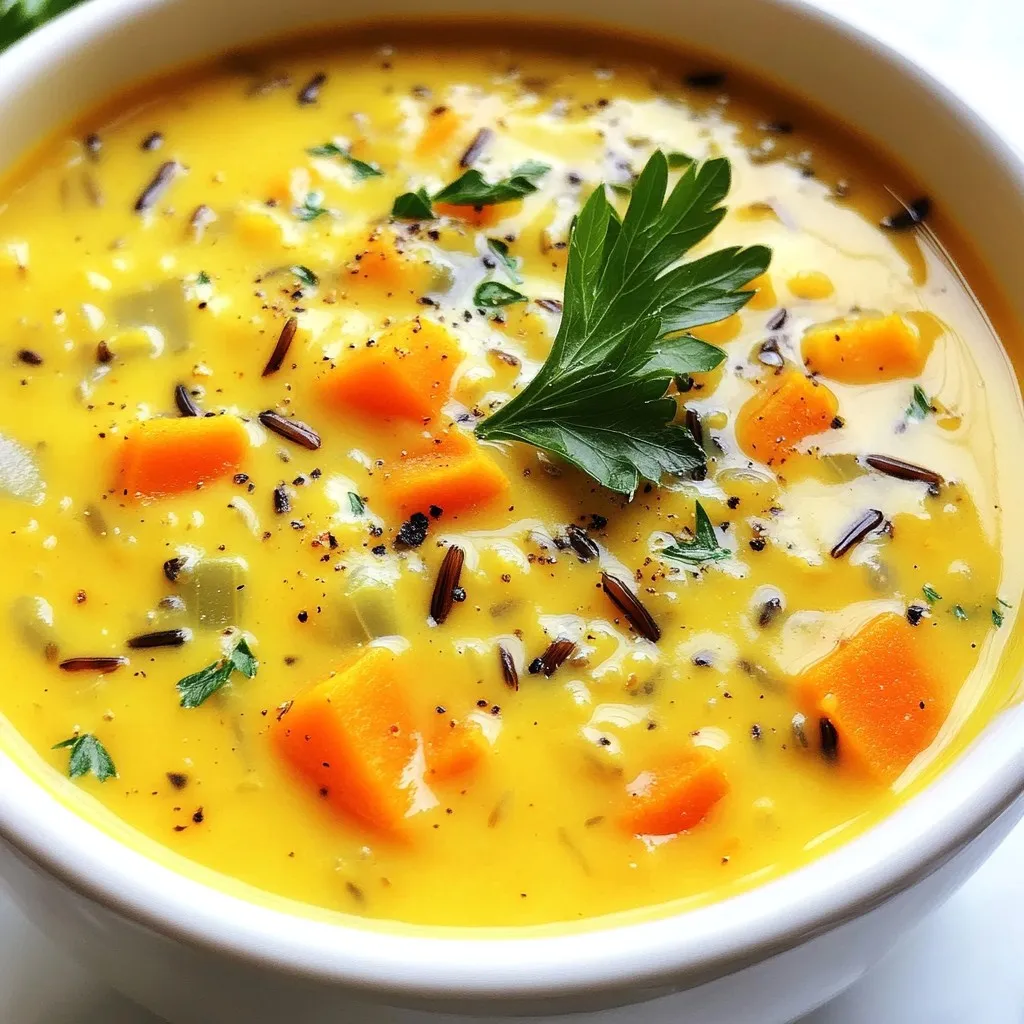 To make Pumpkin Wild Rice Soup, you will need these main ingredients: - 1 cup wild rice, rinsed - 2 cups pumpkin puree (canned or fresh) - 1 medium onion, diced - 2 cloves garlic, minced - 2 carrots, diced - 2 celery stalks, diced - 1 teaspoon ground ginger - 1 teaspoon ground cinnamon - 4 cups vegetable broth - 1 cup coconut milk - 2 tablespoons olive oil - Salt and pepper to taste These ingredients create a rich and flavorful base for your soup. You can add extra flavor and flair to your soup with these garnishes: - Fresh parsley for garnish - A sprinkle of pumpkin seeds - A dash of cayenne pepper for heat These options let you customize your soup to fit your taste. If you run out of something, here are some smart swaps: - Use brown rice instead of wild rice. Just adjust cooking time. - Swap coconut milk with almond milk or cream for a different twist. - If you don’t have ginger, try using nutmeg or allspice instead. These substitutions keep your soup delicious while using what you have on hand. {{ingredient_image_1}} To start, gather your ingredients. You will need wild rice, pumpkin puree, onion, garlic, carrots, celery, ginger, cinnamon, vegetable broth, coconut milk, olive oil, salt, and pepper. This step takes about 15 minutes. Rinse the wild rice under cold water to remove any dust or debris. Dice the onion, carrots, and celery into small pieces. Mince the garlic, so it blends well with the other flavors. 1. Heat the Olive Oil: In a large pot, add two tablespoons of olive oil. Set the heat to medium. Wait until the oil gets warm. 2. Sauté the Vegetables: Add the diced onion, garlic, carrots, and celery. Stir them around for about 5-7 minutes. Look for the veggies to soften and get a bit shiny. 3. Add Spices: Sprinkle in one teaspoon of ground ginger and one teaspoon of ground cinnamon. Cook for one more minute. This makes the soup smell great. 4. Mix in the Wild Rice: Add the rinsed wild rice to the pot. Stir well. Make sure the rice gets coated with the oil and spices. 5. Pour in the Broth and Pumpkin: Next, add four cups of vegetable broth and two cups of pumpkin puree. Mix everything together. Bring the soup to a boil, then lower the heat and cover it. Let it simmer for about 45 minutes until the wild rice is tender. 6. Add Coconut Milk: Once the rice is cooked, stir in one cup of coconut milk. Season with salt and pepper to taste. Heat the soup through for about 5 minutes. 7. Blend the Soup: Remove the pot from heat. Use an immersion blender to mix the soup for a smoother texture. If you like it chunkier, skip this step. Blending the soup can change how it feels when you eat it. If you want a creamy soup, blend it well. For a heartier soup, blend just a little. You can also use a regular blender. If you do, let the soup cool first and blend it in batches. Always be careful with hot liquids. Then, serve it hot, and if you like, add fresh parsley on top for color and taste. Enjoy your comforting bowl of pumpkin wild rice soup! Cooking wild rice is simple, but it needs care. First, rinse it well to remove dirt and excess starch. Use about four cups of water for every cup of wild rice. This ratio helps the rice cook evenly. Bring the water to a boil, then reduce the heat. Cover the pot and let it simmer for about 45 minutes. Check for tenderness; it should be chewy but not hard. If it's still firm, cook it a little longer. To make your soup burst with taste, add herbs and spices. Ground ginger and cinnamon give warmth. Fresh herbs like thyme or rosemary can brighten the soup. A splash of lemon juice at the end adds a nice zing. Taste as you go. Adjust salt and pepper to fit your liking. Consider adding a pinch of nutmeg for a cozy twist. Serve your soup hot in bowls. A sprinkle of fresh parsley adds color and taste. Pair it with crusty bread or a simple salad for a full meal. This soup also works great as a starter. If you like, top it with roasted pumpkin seeds for a crunchy texture. A drizzle of olive oil can add richness too. Enjoy! Pro Tips Use Homemade Broth: For an even richer flavor, consider using homemade vegetable broth instead of store-bought. Adjusting Spice Levels: Feel free to increase or decrease the amount of ginger and cinnamon according to your taste preferences. Adding Protein: To make this soup heartier, consider adding cooked chicken or chickpeas for added protein. Storage Tips: This soup stores well in the refrigerator for up to 4 days or can be frozen for up to 3 months. Just reheat before serving! {{image_2}} This soup is already vegan and vegetarian. The base of pumpkin and wild rice makes it filling and tasty. To keep it vegan, just use vegetable broth and coconut milk. You can also add more veggies like spinach or kale for extra nutrition. These greens add color and flavor. They also boost the soup's health benefits. Good news! This soup is gluten-free since it uses wild rice and vegetable broth. Make sure to check your broth for any added gluten. You can also add gluten-free grains, like quinoa, if you want a twist. Just remember, quinoa cooks faster, so watch the time! You can switch things up with seasonal produce. In fall, add roasted butternut squash for extra sweetness. In winter, try diced sweet potatoes for a hearty touch. Fresh herbs, like thyme or sage, can add a burst of flavor. Toss them in right before serving for a fresh taste. These changes keep the soup exciting and new each time you make it. After you enjoy your soup, let it cool. Transfer the soup to an airtight container. Store it in the fridge. It will stay fresh for about 3 to 4 days. If you want to keep it longer, freezing is a great option. To freeze your pumpkin wild rice soup, use freezer-safe containers. Leave some space at the top. The soup will expand as it freezes. You can also use freezer bags. Make sure to remove as much air as possible. The soup can last up to 3 months in the freezer. When you're ready to eat, take the soup out of the fridge or freezer. If frozen, let it thaw in the fridge overnight. To reheat, pour the soup into a pot. Heat it over medium heat until hot. Stir occasionally to prevent sticking. You can also use a microwave. Heat in short bursts, stirring in between. Enjoy your warm and comforting soup! You can use almond milk or oat milk. They give a nice creaminess. If you want a richer taste, try heavy cream or half-and-half. These options can change the flavor a bit, so choose what you like best. Yes, you can make this soup ahead. It tastes even better the next day. Just let it cool, then store it in the fridge. Reheat it on the stove or in the microwave. This makes it easy for busy days. Wild rice is not the same as regular rice. It is a grass, while regular rice is a grain. Wild rice has a nutty flavor and a chewy texture. It also packs more nutrients and fiber, making it a great choice for your soup. To summarize, we explored the key ingredients for your dish, covering both required and optional options. I guided you through the preparation and cooking steps, focusing on blending techniques for the best texture. You learned helpful tips for cooking wild rice, flavor enhancement, and serving ideas. We also examined variations like vegan options and storage methods, plus clarified common questions. Remember, experimenting with ingredients and techniques can lead to delicious meals. Enjoy every bite of your creation!