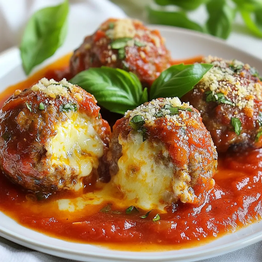 - 1 pound ground beef - 1/2 pound ground pork (or more beef or turkey) - 1 cup breadcrumbs - 8 ounces mozzarella cheese, cut into small cubes - 1/4 cup grated Parmesan cheese - 1/4 cup fresh parsley, chopped - 1 teaspoon garlic powder - 1 teaspoon onion powder - Salt and pepper to taste - 2 cups marinara sauce - Fresh basil leaves - Extra Parmesan cheese When I make stuffed mozzarella meatballs, I rely on these key ingredients. The blend of ground beef and pork gives the meatballs a rich flavor. The breadcrumbs add texture, while the mozzarella inside creates a gooey surprise. I love using fresh parsley for a bright taste. Parmesan cheese boosts the flavor, and garlic and onion powders add depth. Marinara sauce ties the dish together and makes it cozy. For garnish, fresh basil leaves look lovely and taste fresh. Extra Parmesan cheese adds a nice touch. Each ingredient plays a role in creating a savory and hearty dish that everyone enjoys. {{ingredient_image_1}} Start by preheating your oven to 375°F (190°C). This heat will help cook the meatballs evenly. While the oven warms up, grab a baking sheet and line it with parchment paper. This step keeps the meatballs from sticking and makes clean-up easy. In a large mixing bowl, combine 1 pound of ground beef and 1/2 pound of ground pork, if you choose to use it. Add 1 cup of breadcrumbs, 1/4 cup of grated Parmesan cheese, and 1/4 cup of chopped fresh parsley. Crack in 1 large egg and sprinkle in 1 teaspoon of garlic powder and 1 teaspoon of onion powder. Don't forget to season with salt and pepper. Mix the ingredients gently until just combined. Be careful not to overmix. This keeps your meatballs tender and juicy. Now, take a handful of the meat mixture and flatten it in your hand. Place a small cube of mozzarella cheese in the center. Fold the meat around the cheese to form a ball. Make sure the cheese is fully enclosed. This step is important for that melty surprise inside. Repeat this process until you use all the meat mixture. Place the stuffed meatballs on the prepared baking sheet. Slide them into your preheated oven. Bake for 20 to 25 minutes. You want them to be cooked through and nicely browned on the outside. Use a meat thermometer if you have one; the center should reach 160°F (71°C). While the meatballs bake, heat 2 cups of marinara sauce in a skillet over medium heat. Once the meatballs are done, carefully transfer them to the skillet. Let them simmer in the sauce for about 5 to 10 minutes. This step adds flavor and keeps the meatballs moist. When it’s time to serve, place the cheesy stuffed meatballs over cooked pasta or alongside some crusty bread. Spoon marinara sauce over the top for extra flavor. For a lovely finish, garnish with fresh basil leaves and an extra sprinkle of Parmesan cheese. Enjoy your hearty meal! To make great meatballs, avoid overmixing the meat. If you mix too much, your meatballs can get tough. Just blend the ingredients until they come together. Using cold ingredients also helps. Keep your meat and eggs in the fridge until you’re ready to mix. Adding herbs and spices can boost the taste of your meatballs. Fresh parsley gives a bright flavor. Garlic powder and onion powder add depth. You can also try adding Italian seasoning or red pepper flakes for extra kick. Experiment with flavors you love! You can bake or fry your meatballs. Baking is simple and lets them cook evenly. Just place them on a baking sheet and pop them in the oven. Frying gives the meatballs a nice crust. If you choose to fry, heat oil in a pan and cook until golden brown. Both methods work well; it just depends on your preference. Pro Tips Choose Your Meat Wisely: Combining ground beef with ground pork adds flavor and moisture. If you prefer a leaner option, ground turkey works well too! Keep Cheese Cold: For the best results, ensure your mozzarella is cold when adding it to the meatballs. This helps the cheese retain its shape during baking. Don’t Overmix: When combining your ingredients, mix just until combined. Overmixing can make the meatballs tough instead of tender! Simmer for Flavor: Letting the meatballs simmer in marinara sauce allows them to absorb the flavors, making for a more delicious dish. Enjoy the extra time for flavor development! {{image_2}} You can swap ground beef for turkey or chicken. These meats are leaner and can taste great. Turkey offers a mild flavor that lets spices shine. Chicken gives a light taste, perfect for those who prefer it. Remember to adjust cooking times, as lean meats cook faster. While mozzarella is classic, other cheeses work well too. Try provolone or gouda for a rich flavor. Cheddar adds a sharp twist. You can even mix cheeses for a fun flavor blend. Just ensure they melt nicely for that gooey center you love. For gluten-free meatballs, use gluten-free breadcrumbs. You can also crush gluten-free crackers as a substitute. For the sauce, look for gluten-free marinara or make your own with fresh tomatoes and herbs. This way, everyone can enjoy your hearty dish! To keep your stuffed mozzarella meatballs fresh, store them properly. First, let the meatballs cool down to room temperature. Then, place them in an airtight container. This prevents moisture loss and keeps them tasty. You can store them in the fridge for up to three days. If you want to enjoy them later, freezing is a great option. Freezing stuffed meatballs is simple. Start by placing them on a baking sheet in a single layer. This way, they won't stick together. Freeze them for about two hours until firm. Once frozen, transfer the meatballs to a freezer-safe bag. Be sure to remove any extra air before sealing. Frozen meatballs will stay good for about three months. When you're ready to eat your meatballs, reheating is key. The oven is a great choice to keep them juicy. Preheat your oven to 350°F (175°C). Place the meatballs on a baking dish and cover with foil. Heat for about 15-20 minutes. For a quicker option, you can use the microwave. Just add a splash of marinara sauce to keep them moist. Heat in short bursts, checking frequently to avoid dryness. Enjoy your delicious meal! Yes, you can prepare these meatballs in advance. To meal prep, form the meatballs and place them on a baking sheet. Cover and refrigerate them for up to 24 hours. You can also freeze them. Just freeze the raw meatballs on a tray, then transfer them to a freezer bag. They can last for about three months. When ready to cook, bake them straight from the freezer, adding a few extra minutes to the cooking time. While marinara is a classic choice, there are many sauces you can try. Consider a creamy Alfredo sauce for a rich twist. You could also use a spicy arrabbiata or a tangy barbecue sauce for a change. Each sauce brings out different flavors, making your meal unique. Feel free to experiment with different sauces to find your favorite. To check if the meatballs are done, use a food thermometer. The internal temperature should reach 160°F (71°C). If you don’t have a thermometer, cut one meatball in half. It should be no longer pink inside, and the juices should run clear. This ensures that they are safe to eat. Yes, baking is a great method! It is easier and less messy than frying. Preheat your oven to 375°F (190°C) and place the meatballs on a lined baking sheet. Bake them for 20-25 minutes until they are browned and cooked through. Baking keeps the meatballs tender and lets the cheese melt perfectly inside. In this post, we explored how to make stuffed mozzarella meatballs. You learned about the key ingredients, from ground meats to seasonings. I shared step-by-step instructions for preparing and baking the meatballs, along with tips for perfecting texture and flavor. You also discovered variations for different diets and how to store leftovers. Remember that these meatballs offer lots of room for creativity. Enjoy the cooking process and make them your own!