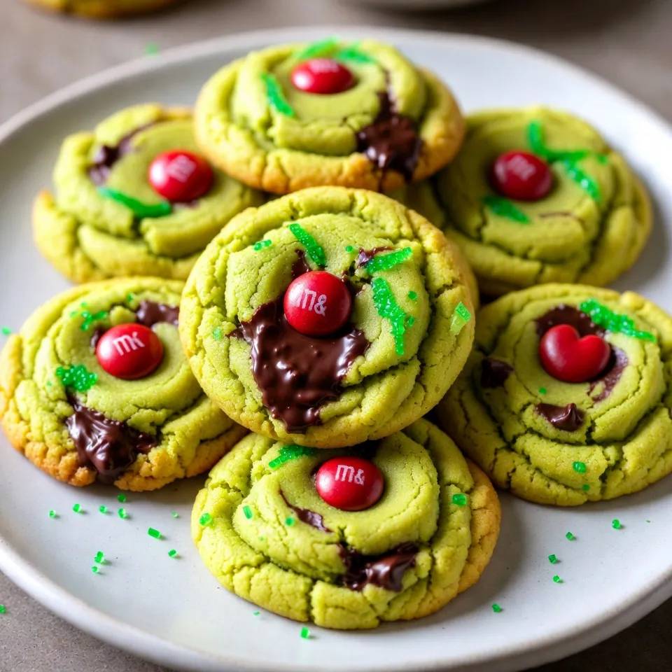 The right ingredients make Grinch cookies special. Here’s what you need to whip up this festive treat: - 1 cup unsalted butter, softened - 1 cup granulated sugar - 1 cup packed brown sugar - 2 large eggs - 3 cups all-purpose flour - 1 teaspoon baking soda - 1/2 teaspoon salt - 1/2 teaspoon almond extract - 1 cup green sugar sprinkles - 1/2 cup semi-sweet chocolate chips - 1/2 cup red M&M's candies (for the heart) Each item plays a key role in making these cookies fun and tasty. The butter adds richness, while the sugars create a sweet base. The eggs bind everything together for a chewy texture. Flour gives structure, and baking soda helps them rise. The salt enhances the flavors, and almond extract adds a nice touch. Now, the green sugar sprinkles are where the fun happens. They give the cookies their Grinchy look! The chocolate chips add sweetness, and the red M&M's are the Grinch's heart. Gather these ingredients, and you’re ready to create a holiday treat that brings joy to all! {{ingredient_image_1}} 1. First, preheat your oven to 350°F (175°C). This helps the cookies bake evenly. 2. Next, line a baking sheet with parchment paper. This keeps cookies from sticking. 3. In a large bowl, cream together 1 cup of softened butter, 1 cup of granulated sugar, and 1 cup of brown sugar. Mix until it is light and fluffy. 4. Add 2 large eggs, one at a time. Stir well after each egg. Then add 1/2 teaspoon of almond extract to the mix. 1. In a separate bowl, whisk together 3 cups of all-purpose flour, 1 teaspoon of baking soda, and 1/2 teaspoon of salt. 2. Gradually add the dry mix to the wet mix. Stir until combined, but do not overmix. 1. Fold in 1 cup of green sugar sprinkles and 1/2 cup of semi-sweet chocolate chips. This gives the cookies a fun look and flavor. 2. Using a cookie scoop or tablespoon, drop rounded balls of dough onto the prepared baking sheet. Space them about 2 inches apart. 3. Gently press a red M&M into the center of each cookie. This will be the Grinch's heart. 1. Bake the cookies in the preheated oven for 10-12 minutes. The edges should be lightly golden. 2. The centers will look a bit soft but will firm up as they cool. 3. Remove the cookies from the oven and let them cool on the baking sheet for 5 minutes. Then, transfer them to a wire rack to cool completely. To get the right cookie texture, focus on your butter. It should be soft but not melted. Cream it with the sugars until it looks light and fluffy. This step adds air and helps make your cookies soft. - Use room-temperature butter. This helps with mixing. - Don’t overmix the dough. Mix just until combined to keep cookies tender. For fluffy cookies, remember to measure your flour correctly. Too much flour can lead to dry cookies. Use a spoon to scoop flour into your measuring cup, then level it off. - Add baking soda correctly. It gives cookies lift. - Chill the dough if needed. If it’s too soft, chill for 30 minutes before baking. Get creative with the Grinch theme! You can use extra green sprinkles on top of the cookies. It makes them look festive and fun. You can also drizzle melted white chocolate over the cookies for a snowy effect. - Use red M&M's for hearts. They make each cookie special. - Add edible glitter for extra sparkle. It catches the light and looks great. For presentation, stack your cookies on a pretty plate. Surround them with more green sprinkles and M&M's. This adds color and cheer for your holiday gatherings. - Use festive napkins or tablecloths. They enhance the holiday feel. - Serve with hot cocoa or milk. It’s a perfect pairing! Pro Tips Chill the Dough: For thicker cookies, chill the dough for at least 30 minutes before baking. This helps prevent spreading and results in a chewier texture. Use Fresh Ingredients: Ensure your baking soda is fresh for optimal rising. Old baking soda can lead to flat cookies. Customize the Sprinkles: Feel free to mix in other festive sprinkles or chocolate chips to suit your holiday theme. Store Properly: Store cookies in an airtight container at room temperature for up to a week to maintain their softness. {{image_2}} You can mix up your Grinch cookies by playing with sugars. Try using brown sugar only for a richer taste. You can also use coconut sugar for a unique twist. It adds a nice caramel flavor. If you want to substitute chocolate chips, go for white chocolate or butterscotch chips. These sweet options give the cookies a fun look and taste. You could also use chopped nuts for a crunch. To add a festive twist, include peppermint extract. Just a teaspoon adds a burst of holiday cheer. It pairs well with the green sprinkles. You can also decorate with different colors. Use blue or gold sugar sprinkles for a bright look. Add holiday-themed candies, like red and green chocolates, to make them pop. This gives your cookies a special touch for any gathering. To keep your Grinch cookies fresh, store them in an airtight container. This helps maintain their soft texture and prevents them from drying out. Line the container with parchment paper for extra protection. Recommended container types: - Plastic containers with tight lids - Glass jars with screw tops - Cookie tins with a secure cover You can freeze Grinch cookies to enjoy later. First, let the cookies cool completely. Place them in a single layer on a baking sheet and freeze for about two hours. Then move the cookies to a freezer-safe bag or container. Thawing tips for optimal taste: - Remove cookies from the freezer and let them sit at room temperature for about 30 minutes. - For a warm treat, you can heat them in the microwave for just a few seconds. Can I make the dough ahead of time? Yes, you can make the dough ahead of time. Just wrap it in plastic wrap. Store it in the fridge for up to three days. This way, you can bake fresh cookies when you want! How long do the cookies last? Grinch cookies stay fresh for about one week. Keep them in an airtight container at room temperature. If you want them to last longer, freeze them! Can I use other types of candies for decoration? Absolutely! You can use any candy you like. Try using holiday-themed sprinkles or chocolate chunks. Get creative with colors to make them more festive! In this blog post, we covered how to make Grinch cookies. We listed each ingredient, giving you everything you need to bake this treat. You learned step-by-step instructions, tips for perfect texture, and creative decorating ideas. We also shared variations to suit your taste and how to store these cookies for later. Grinch cookies are a festive delight that everyone will enjoy. With simple steps, you can create a fun treat for any occasion. Now, it’s time to gather your ingredients and start baking!