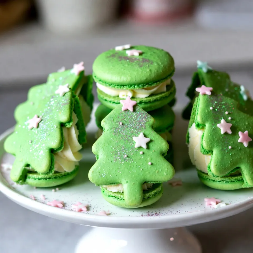 - 1 cup almond flour - 1 ¾ cups powdered sugar - 4 large egg whites (aged if possible) - ¼ cup granulated sugar - 1 teaspoon vanilla extract - ½ teaspoon peppermint extract - Green gel food coloring - 1 cup unsalted butter, softened - 4 cups powdered sugar - 2 tablespoons heavy cream - Edible glitter or shimmer sprinkles - Miniature star or gold sprinkles {{ingredient_image_1}} Start by preheating your oven to 300°F (150°C). Line two baking sheets with parchment paper. In a bowl, sift together 1 cup of almond flour and 1 ¾ cups of powdered sugar. Set this mix aside. In another bowl, whip 4 large egg whites until foamy. Slowly add ¼ cup of granulated sugar, then beat on high until stiff peaks form. Gently fold in the almond flour mix in three parts. Be careful to keep the egg whites light and fluffy. Add 1 teaspoon of vanilla extract, ½ teaspoon of peppermint extract, and green gel food coloring to reach your desired shade. Transfer the mix to a piping bag with a round tip. Pipe small tree shapes onto the baking sheets. Tap the sheets on the counter to remove air bubbles. Let them sit for 30-60 minutes to form a skin. Now, bake the macarons for 15-20 minutes. They should form feet and not stick to the parchment paper. Once baked, let them cool on the sheets. Then, carefully move them to a wire rack to cool completely. To make the buttercream, beat 1 cup of softened unsalted butter in a medium bowl until creamy. Gradually add 4 cups of powdered sugar and mix until smooth. Add 2 tablespoons of heavy cream for a light, fluffy texture. Pair up macaron shells that are similar in size. On the flat side of one shell, pipe a generous dollop of peppermint buttercream. Place another shell on top to make a sandwich. Repeat this process for all the shells. For decoration, use extra buttercream to pipe small accents on the macarons that look like ornaments. Sprinkle edible glitter or shimmer on top. Finish each macaron tree with a miniature star sprinkle on top. These steps will guide you in making festive and delicious Christmas Tree Cake Macarons! To make great macaron shells, follow these steps: - Use aged egg whites. They whip up better. - Sift almond flour and powdered sugar together. This helps the shells stay smooth. - Mix the batter gently. Fold it in three parts to keep the air. - Let the piped shells rest. A skin forms, which helps them rise. - Bake at a steady 300°F. Keep an eye on the time, about 15-20 minutes. These tips help create shells with nice feet and a soft inside. Buttercream should be creamy and fluffy. Here’s how to get it right: - Start with softened butter. It mixes easier and faster. - Add powdered sugar gradually. This helps avoid lumps. - Mix in heavy cream slowly. It gives a light and airy feel. - If the buttercream is too thick, add a bit more cream. If it’s too thin, add more sugar. Good buttercream makes your macarons taste amazing and look pretty. Decorating your macarons adds fun and flair. Here are some techniques: - Use a piping bag for buttercream accents. Create little ornaments on the trees. - Add edible glitter or shimmer. It makes them sparkle like holiday lights. - Top each macaron with a mini star sprinkle. It finishes the look nicely. - Arrange them on a bright platter or cake stand. Add holiday decorations around them. These touches make your Christmas Tree Cake Macarons truly festive and delightful! Pro Tips Aging Egg Whites: For the best macaron shells, age your egg whites for 24 hours in the fridge. This helps to improve the texture and stability of the meringue. Consistent Piping: Use a template or stencil under the parchment paper to ensure your macarons are uniform in size and shape for a polished look. Check for Feet: The "feet" of the macarons signify that they are baked correctly. Make sure to let them cool completely before removing them to maintain their shape. Buttercream Consistency: Adjust the amount of heavy cream in the buttercream to achieve your desired consistency. For stiffer buttercream, add less cream; for a softer texture, add more. {{image_2}} You can switch up the buttercream flavors to match your taste. Instead of peppermint, try vanilla or chocolate. A rich mocha flavor adds warmth. You can even mix in some fresh fruit purees for a fruity twist. Just blend them in slowly to keep the cream fluffy. Each flavor brings its own joy, making your macarons even more special. The green color is classic for Christmas, but don’t stop there! You can use red, white, or even blue for a winter theme. Use gel food coloring to get bright shades. Mixing colors creates fun designs. For example, swirl different colors in the piping bag for a marbled look. Experimenting with colors gives your macarons a fun, personal touch. While tree shapes are festive, get creative! Try stars, ornaments, or even gingerbread men. Use a stencil if you need help with shapes. You can also add fun patterns using edible markers or colored chocolate. Just remember, the more creative you get, the more fun they will be to eat. Your guests will love the unique designs! To keep your Christmas Tree Cake Macarons fresh, store them in an airtight container. Place parchment paper between layers to prevent sticking. Keep the container in a cool, dry place. They taste best within three days of making. If you want to save your macarons, freezing is a great option. First, let them cool completely. Then, place them in a single layer on a baking sheet. Freeze for about an hour, until solid. Once frozen, transfer them to an airtight container. They can last up to three months in the freezer. To keep your macarons tasting great, avoid humidity. Store them in a stable temperature. If you have flavored fillings, consider that some flavors may change over time. Also, avoid direct sunlight, as it can affect the color and taste. Enjoy your festive treats at their best! The key to perfect macarons lies in precision. Measure all ingredients carefully. Sift your almond flour and powdered sugar together to avoid lumps. It's important to whip the egg whites to stiff peaks. This gives macarons their signature height. When mixing in dry ingredients, do it gently. Fold carefully to keep air in the batter. This helps the macarons rise beautifully. Yes, you can make these macarons ahead of time. Once baked, store them in an airtight container. They will last up to a week in the fridge. For longer storage, freeze them. Just ensure they are in a sealed bag or container. When you want to serve them, let them thaw in the fridge. Cracked macaron shells can happen for several reasons. Often, it’s too much air in the batter. Ensure you mix gently. If you see cracks, check the oven temperature. It may be too high. Also, letting the shells sit before baking can help. This forms a skin that reduces cracking. These macarons look great on a festive platter. You can arrange them in the shape of a tree. Add edible glitter for sparkle. Pair them with hot cocoa or coffee for a cozy treat. For a fun twist, serve them with a scoop of peppermint ice cream. The flavors will complement each other perfectly. You can create delicious macarons by following the steps I outlined. Start with the right ingredients for both shells and buttercream. Remember to bake carefully to achieve the perfect texture. Don’t forget to get creative with flavors and designs. Store them properly to keep them fresh. With practice, you can impress anyone with your baking skills. Enjoy making your macarons and experimenting with fun decorations!