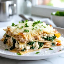 To make Chicken Alfredo Lasagna, you will need: - 12 lasagna noodles - 2 cups cooked chicken breast, shredded - 2 cups ricotta cheese - 2 cups mozzarella cheese, shredded - 1 cup Parmesan cheese, grated - 3 cups Alfredo sauce (store-bought or homemade) - 1 cup fresh spinach, chopped - 2 cloves garlic, minced - 1 teaspoon Italian seasoning - Salt and pepper to taste - Fresh parsley, chopped (for garnish) For a great taste, I suggest using these brands for Alfredo sauce: - Bertolli - Classico - Rao's Homemade These sauces are rich and creamy. They save time and taste great in lasagna. You can swap some ingredients if needed: - Use cottage cheese instead of ricotta for a lighter option. - For a dairy-free version, try vegan cheeses. - If you don’t have fresh spinach, use frozen spinach. Just make sure to drain it well. - Chicken can be replaced with turkey or cooked veggies for a vegetarian dish. These swaps keep the dish tasty while catering to dietary needs. {{ingredient_image_1}} First, gather your ingredients. You will need 12 lasagna noodles, 2 cups of cooked chicken breast, 2 cups of ricotta cheese, 2 cups of shredded mozzarella cheese, 1 cup of grated Parmesan cheese, 3 cups of Alfredo sauce, 1 cup of chopped fresh spinach, 2 cloves of minced garlic, 1 teaspoon of Italian seasoning, and salt and pepper. Next, preheat your oven to 375°F (190°C). In a large mixing bowl, combine the shredded chicken, ricotta cheese, chopped spinach, minced garlic, Italian seasoning, salt, and pepper. Mix them well until everything blends nicely. This mixture adds great flavor and creaminess to your lasagna. Now, let’s start layering. Spread a thin layer of Alfredo sauce on the bottom of a 9x13 inch baking dish. This step keeps the noodles from sticking. Place 4 lasagna noodles over the sauce, slightly overlapping them. Then, spread half of your chicken and ricotta mixture over the noodles. Top this with 1 cup of mozzarella cheese and a third of the remaining Alfredo sauce. Repeat this layering. Add another layer of 4 noodles, the rest of the chicken mixture, another cup of mozzarella, and half of the remaining Alfredo sauce. For the final layer, place the last 4 noodles on top. Spread the remaining Alfredo sauce over this. Sprinkle the rest of the mozzarella cheese and all of the Parmesan cheese on top. This will create a delicious cheesy crust. Cover the baking dish with aluminum foil. Bake in the preheated oven for 25 minutes. This step helps cook the noodles and melt the cheese. After 25 minutes, remove the foil. Bake for another 15 minutes, or until the cheese is bubbly and golden brown. Once your Chicken Alfredo Lasagna is done, take it out of the oven. Let it cool for about 10 minutes before slicing. This waiting time helps the layers set. You can garnish it with chopped fresh parsley for a nice touch. Enjoy your creamy, flavorful dish! You can prepare Chicken Alfredo Lasagna a day before. Start by cooking the chicken and making the filling. Layer the lasagna in your dish, but don’t bake it yet. Cover it tightly with plastic wrap or foil. Store it in the fridge overnight. When ready, just pop it in the oven. Add an extra 10 minutes to the bake time for best results. To get that perfect, gooey cheese, use fresh mozzarella. Shred it yourself instead of buying pre-shredded. Pre-shredded cheese often has anti-clumping agents that can prevent melting. Layer cheese between the noodles and on top for a melty finish. Cover the dish with foil for the first part of baking. This helps trap steam and makes the cheese ooze perfectly. Fresh herbs can boost the taste of your lasagna. Try adding basil or thyme to the chicken mixture. A sprinkle of oregano adds a nice touch too. For a fresh finish, add chopped parsley on top before serving. This not only adds flavor but also makes your dish look vibrant and inviting. Pro Tips Use Fresh Ingredients: Fresh spinach and high-quality cheeses can elevate the flavor of your lasagna, making it creamier and more delicious. Layer Wisely: Ensure that your layers are even to prevent the lasagna from being too dry or too watery. A good balance of sauce and filling is key. Let It Rest: Allow the lasagna to rest for about 10 minutes after baking. This helps the layers set and makes it easier to slice and serve. Customize Your Cheese: Feel free to mix different types of cheeses like provolone or gouda for added flavor and a unique twist on the classic recipe. {{image_2}} To make a vegetarian version, skip chicken. Use mushrooms, zucchini, or eggplant instead. These veggies add rich flavor and texture. You can also try tofu for protein. This swap makes the dish lighter but still creamy and tasty. Just layer the veggies as you would the chicken. Want more colors and nutrients? Add fresh vegetables to the filling. Spinach is great, but try bell peppers or broccoli too. Chop them small and mix them in with ricotta. This not only boosts nutrition but also brings a fresh taste. It makes the dish even more appealing. While Alfredo sauce is classic, you can switch it up. Try a white sauce or a pesto for a twist. Each sauce brings its own flavor profile. A tomato sauce can create a fun fusion dish. Experiment to find what you like best. Each sauce change can lead to a new favorite! To store your Chicken Alfredo Lasagna, first let it cool. Then, cut it into portions. Place each portion in an airtight container. You can keep it in the fridge for up to three days. If you want to save it longer, consider freezing it. Reheat your lasagna in the oven for best results. Preheat the oven to 350°F (175°C). Cover the lasagna with foil to keep it moist. Heat for 20 to 30 minutes, or until it is hot throughout. You can also use the microwave for quick reheating. Place a portion on a microwave-safe plate. Heat for 2 to 3 minutes, checking for even warmth. To freeze Chicken Alfredo Lasagna, wrap it tightly. Use plastic wrap or aluminum foil. For best results, freeze it before baking. It can last up to three months in the freezer. When you are ready to eat it, thaw in the fridge overnight. Bake it as directed, adding extra time if needed. Enjoy your delicious meal anytime! Yes, you can use no-boil lasagna noodles. They save time and effort. Just layer them as you would regular noodles. The sauce will soften them during baking. Be sure to add a bit more sauce to keep them moist. Chicken Alfredo Lasagna lasts about 3 to 5 days in the fridge. Store it in an airtight container. Make sure it cools completely before sealing. This keeps it fresh and tasty for later meals. You can serve Chicken Alfredo Lasagna with a fresh salad. A Caesar salad pairs well with its creamy richness. Garlic bread is another great option. It adds crunch and flavor to your meal. Roasted vegetables can also enhance the dish. They add color and nutrition to your plate. In this post, we explored the essential ingredients for Chicken Alfredo Lasagna, highlighting top brands and smart substitutions. I guided you through preparation, layering, and baking steps, plus tips to make life easier and add flavor. We also discussed fun variations and how to store leftovers effectively. Making lasagna can be fun and rewarding. With these tools and ideas, you can create a tasty dish that everyone will love. Enjoy your cooking!