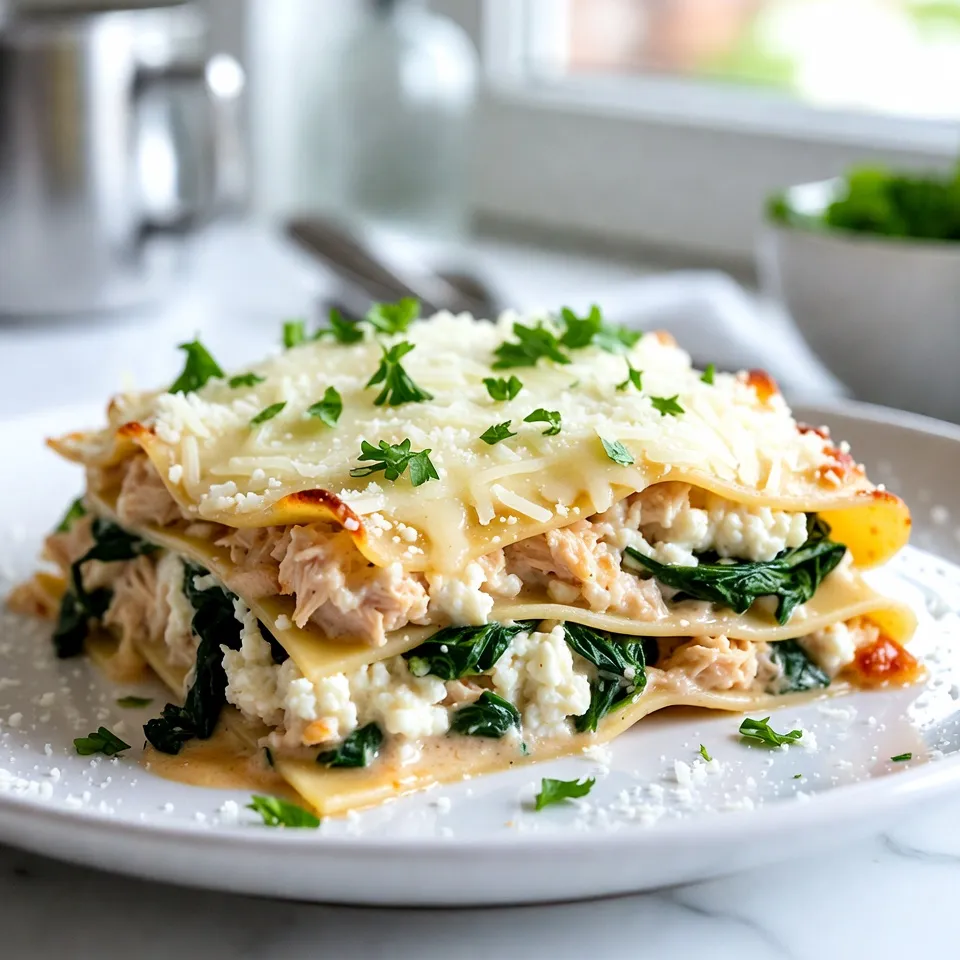 To make Chicken Alfredo Lasagna, you will need: - 12 lasagna noodles - 2 cups cooked chicken breast, shredded - 2 cups ricotta cheese - 2 cups mozzarella cheese, shredded - 1 cup Parmesan cheese, grated - 3 cups Alfredo sauce (store-bought or homemade) - 1 cup fresh spinach, chopped - 2 cloves garlic, minced - 1 teaspoon Italian seasoning - Salt and pepper to taste - Fresh parsley, chopped (for garnish) For a great taste, I suggest using these brands for Alfredo sauce: - Bertolli - Classico - Rao's Homemade These sauces are rich and creamy. They save time and taste great in lasagna. You can swap some ingredients if needed: - Use cottage cheese instead of ricotta for a lighter option. - For a dairy-free version, try vegan cheeses. - If you don’t have fresh spinach, use frozen spinach. Just make sure to drain it well. - Chicken can be replaced with turkey or cooked veggies for a vegetarian dish. These swaps keep the dish tasty while catering to dietary needs. {{ingredient_image_1}} First, gather your ingredients. You will need 12 lasagna noodles, 2 cups of cooked chicken breast, 2 cups of ricotta cheese, 2 cups of shredded mozzarella cheese, 1 cup of grated Parmesan cheese, 3 cups of Alfredo sauce, 1 cup of chopped fresh spinach, 2 cloves of minced garlic, 1 teaspoon of Italian seasoning, and salt and pepper. Next, preheat your oven to 375°F (190°C). In a large mixing bowl, combine the shredded chicken, ricotta cheese, chopped spinach, minced garlic, Italian seasoning, salt, and pepper. Mix them well until everything blends nicely. This mixture adds great flavor and creaminess to your lasagna. Now, let’s start layering. Spread a thin layer of Alfredo sauce on the bottom of a 9x13 inch baking dish. This step keeps the noodles from sticking. Place 4 lasagna noodles over the sauce, slightly overlapping them. Then, spread half of your chicken and ricotta mixture over the noodles. Top this with 1 cup of mozzarella cheese and a third of the remaining Alfredo sauce. Repeat this layering. Add another layer of 4 noodles, the rest of the chicken mixture, another cup of mozzarella, and half of the remaining Alfredo sauce. For the final layer, place the last 4 noodles on top. Spread the remaining Alfredo sauce over this. Sprinkle the rest of the mozzarella cheese and all of the Parmesan cheese on top. This will create a delicious cheesy crust. Cover the baking dish with aluminum foil. Bake in the preheated oven for 25 minutes. This step helps cook the noodles and melt the cheese. After 25 minutes, remove the foil. Bake for another 15 minutes, or until the cheese is bubbly and golden brown. Once your Chicken Alfredo Lasagna is done, take it out of the oven. Let it cool for about 10 minutes before slicing. This waiting time helps the layers set. You can garnish it with chopped fresh parsley for a nice touch. Enjoy your creamy, flavorful dish! You can prepare Chicken Alfredo Lasagna a day before. Start by cooking the chicken and making the filling. Layer the lasagna in your dish, but don’t bake it yet. Cover it tightly with plastic wrap or foil. Store it in the fridge overnight. When ready, just pop it in the oven. Add an extra 10 minutes to the bake time for best results. To get that perfect, gooey cheese, use fresh mozzarella. Shred it yourself instead of buying pre-shredded. Pre-shredded cheese often has anti-clumping agents that can prevent melting. Layer cheese between the noodles and on top for a melty finish. Cover the dish with foil for the first part of baking. This helps trap steam and makes the cheese ooze perfectly. Fresh herbs can boost the taste of your lasagna. Try adding basil or thyme to the chicken mixture. A sprinkle of oregano adds a nice touch too. For a fresh finish, add chopped parsley on top before serving. This not only adds flavor but also makes your dish look vibrant and inviting. Pro Tips Use Fresh Ingredients: Fresh spinach and high-quality cheeses can elevate the flavor of your lasagna, making it creamier and more delicious. Layer Wisely: Ensure that your layers are even to prevent the lasagna from being too dry or too watery. A good balance of sauce and filling is key. Let It Rest: Allow the lasagna to rest for about 10 minutes after baking. This helps the layers set and makes it easier to slice and serve. Customize Your Cheese: Feel free to mix different types of cheeses like provolone or gouda for added flavor and a unique twist on the classic recipe. {{image_2}} To make a vegetarian version, skip chicken. Use mushrooms, zucchini, or eggplant instead. These veggies add rich flavor and texture. You can also try tofu for protein. This swap makes the dish lighter but still creamy and tasty. Just layer the veggies as you would the chicken. Want more colors and nutrients? Add fresh vegetables to the filling. Spinach is great, but try bell peppers or broccoli too. Chop them small and mix them in with ricotta. This not only boosts nutrition but also brings a fresh taste. It makes the dish even more appealing. While Alfredo sauce is classic, you can switch it up. Try a white sauce or a pesto for a twist. Each sauce brings its own flavor profile. A tomato sauce can create a fun fusion dish. Experiment to find what you like best. Each sauce change can lead to a new favorite! To store your Chicken Alfredo Lasagna, first let it cool. Then, cut it into portions. Place each portion in an airtight container. You can keep it in the fridge for up to three days. If you want to save it longer, consider freezing it. Reheat your lasagna in the oven for best results. Preheat the oven to 350°F (175°C). Cover the lasagna with foil to keep it moist. Heat for 20 to 30 minutes, or until it is hot throughout. You can also use the microwave for quick reheating. Place a portion on a microwave-safe plate. Heat for 2 to 3 minutes, checking for even warmth. To freeze Chicken Alfredo Lasagna, wrap it tightly. Use plastic wrap or aluminum foil. For best results, freeze it before baking. It can last up to three months in the freezer. When you are ready to eat it, thaw in the fridge overnight. Bake it as directed, adding extra time if needed. Enjoy your delicious meal anytime! Yes, you can use no-boil lasagna noodles. They save time and effort. Just layer them as you would regular noodles. The sauce will soften them during baking. Be sure to add a bit more sauce to keep them moist. Chicken Alfredo Lasagna lasts about 3 to 5 days in the fridge. Store it in an airtight container. Make sure it cools completely before sealing. This keeps it fresh and tasty for later meals. You can serve Chicken Alfredo Lasagna with a fresh salad. A Caesar salad pairs well with its creamy richness. Garlic bread is another great option. It adds crunch and flavor to your meal. Roasted vegetables can also enhance the dish. They add color and nutrition to your plate. In this post, we explored the essential ingredients for Chicken Alfredo Lasagna, highlighting top brands and smart substitutions. I guided you through preparation, layering, and baking steps, plus tips to make life easier and add flavor. We also discussed fun variations and how to store leftovers effectively. Making lasagna can be fun and rewarding. With these tools and ideas, you can create a tasty dish that everyone will love. Enjoy your cooking!