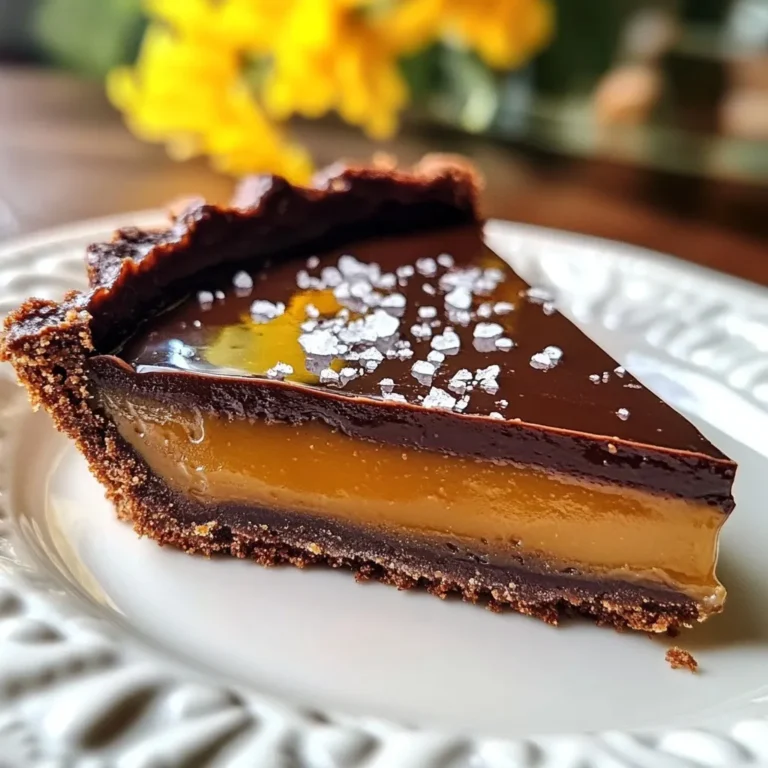 - 1 1/4 cups all-purpose flour - 1/4 cup unsweetened cocoa powder - 1/2 cup unsalted butter, chilled and cubed - 1/4 cup powdered sugar - 1/4 teaspoon salt - 1 egg yolk - 2-3 tablespoons cold water To make the tart crust, start with all-purpose flour and cocoa powder. The cocoa powder gives the crust a rich chocolate flavor. Adding chilled, cubed butter is key. It helps create a flaky texture. Mix the flour, cocoa, powdered sugar, and salt in a bowl. Now, cut in the butter. You can use your fingers or a pastry cutter. You want to see small crumbs. Next, whisk the egg yolk with cold water in a small bowl. This helps bind the dough. Add this mixture to your dry ingredients. Stir until a dough forms. If it seems too dry, add more water, one teaspoon at a time. Once your dough is ready, press it into a tart pan evenly. Make sure to go up the sides too. Prick the bottom with a fork to prevent bubbling. Chill it in the fridge for 30 minutes. After chilling, bake it at 350°F (175°C) for 18-20 minutes. Let it cool completely before adding the caramel. - 1 cup granulated sugar - 6 tablespoons unsalted butter, cut into pieces - 1/2 cup heavy cream - 1 teaspoon sea salt To make the salted caramel, start by melting granulated sugar in a saucepan over medium heat. Stir gently until the sugar turns a beautiful golden amber color. This step is crucial; watch it closely to avoid burning. Once melted, add the unsalted butter. Whisk until it combines well. Then, slowly add heavy cream while whisking continuously. This creates a smooth, creamy caramel. Finally, stir in the sea salt for that perfect sweet and salty balance. Let it cool slightly before pouring it into the tart shell. - 1 cup bittersweet chocolate, chopped - 1/2 cup heavy cream - 1 teaspoon vanilla extract For the chocolate ganache, heat the heavy cream in a saucepan until it nearly simmers. Remove it from the heat and pour it over the chopped bittersweet chocolate in a bowl. Let it sit for five minutes. This helps the chocolate melt. After five minutes, stir until smooth. The ganache should be glossy and thick. Stir in vanilla extract for extra flavor. Pour the ganache over the cooled salted caramel layer in the tart. Spread it evenly with a spatula. These ingredients come together to create a rich and delicious dessert. Each layer adds its own special touch, making every bite a delight. {{ingredient_image_1}} 1. In a bowl, mix the flour, cocoa powder, powdered sugar, and salt. 2. Add the chilled, cubed butter. Use your fingers or a pastry cutter to mix. Aim for a crumbly texture. 3. In a small bowl, whisk the egg yolk with 2 tablespoons of cold water. 4. Pour the egg mixture into the flour mix. Stir until a dough forms. If too dry, add more water. 5. Press the dough into a 9-inch tart pan. Make sure it is even on the bottom and sides. 6. Use a fork to prick the bottom. Chill the pan in the fridge for 30 minutes. 7. Preheat your oven to 350°F (175°C). Bake the tart shell for 18-20 minutes. Look for a set texture. 8. Allow the tart shell to cool completely before adding any fillings. 1. In a saucepan, melt the sugar over medium heat. Stir gently until it turns golden amber. 2. Once melted, add the cold butter pieces. Whisk until combined. 3. Slowly pour in the heavy cream while whisking. Keep stirring until the mixture is smooth. 4. Add the sea salt and remove from heat. Let it cool slightly. 1. In a saucepan, heat the heavy cream over medium heat. Bring it to a simmer. 2. Pour the hot cream over the chopped chocolate in a bowl. Let it sit for about 5 minutes. 3. Stir the mixture until it is smooth and glossy. 4. Add the vanilla extract and mix well to combine. 1. Pour the cooled salted caramel into the tart shell. Spread it out evenly. 2. Carefully pour the chocolate ganache over the caramel layer. Use a spatula to smooth it. 3. Refrigerate the tart for at least 2 hours. This allows the ganache to set properly. 4. Before serving, sprinkle a little extra sea salt on top for added flavor. - Importance of chilled ingredients: Always use cold butter. Cold butter makes the crust flaky. It helps keep the dough firm and prevents it from spreading too much during baking. - Tips for avoiding a soggy bottom: Prick the bottom of the crust with a fork before baking. This step allows steam to escape. Bake until the crust is set. You can also bake it with weights for extra firmness. - Temperature control for caramel: Use medium heat when melting the sugar. Stir gently until it turns a golden amber color. If it gets too dark, it may taste bitter. - Common mistakes to avoid: Don't stir the sugar too much while it melts. This can cause it to crystallize. Be careful when adding the cream; it will bubble up. Always whisk continuously to keep it smooth. - Choosing the right chocolate: Select high-quality bittersweet chocolate. A good rule is to choose chocolate you enjoy eating. This ensures a rich flavor in your tart. - Tips for achieving a smooth consistency: Heat the cream until just simmering. Pour it over the chocolate and let it sit. This helps melt the chocolate evenly. Stir gently until smooth and glossy. Pro Tips Chill the Dough: Make sure to chill the tart dough for at least 30 minutes before baking. This helps prevent shrinkage and ensures a tender crust. Use a Candy Thermometer: If you're unsure about the caramel's doneness, using a candy thermometer can help you achieve that perfect golden color at around 350°F (175°C). Let the Ganache Sit: After pouring the hot cream over the chocolate, let it sit for 5 minutes before stirring. This helps the chocolate melt evenly and creates a silky texture. Garnish with Sea Salt: For a beautiful finish, sprinkle flaky sea salt on top of the ganache just before serving. It enhances the flavor and adds an elegant touch. {{image_2}} For those with special diets, you can make this tart fit your needs. - Gluten-free tart crust options: Use almond flour or a gluten-free flour blend. Combine it with cocoa for a rich taste. This change keeps the tart delicious and gluten-free. - Dairy-free ganache alternatives: Swap heavy cream with coconut cream. Use dairy-free chocolate too. This keeps the tart creamy without dairy. You can easily boost the taste of your tart. - Extracts and spices to enhance flavor: Add a splash of almond or orange extract. A pinch of cinnamon or espresso powder can also make the flavors pop. These small changes can greatly uplift your dessert. - Seasonal fruit toppings: Fresh berries, sliced pears, or citrus zest add a nice touch. They bring color and a fresh taste that goes well with chocolate and caramel. How you serve your tart can impress your guests. - Garnishing with sea salt: A sprinkle of sea salt on top enhances the flavor. It adds a nice crunch and contrast to the sweetness. - Serving suggestions with toppings: Top the tart with whipped cream or a scoop of ice cream. You can also add a drizzle of extra caramel sauce. These toppings make each slice special and fun! To keep your salted caramel chocolate tart fresh, store it in the fridge. Use an airtight container or cover it with plastic wrap. This keeps moisture in and prevents drying out. The tart stays good for up to four days in the fridge. If you want to keep it longer, consider freezing it. When you want to enjoy the tart warm, reheat it gently. Preheat your oven to 300°F (150°C). Place the tart on a baking sheet and heat for about 10 minutes. This method helps restore the texture without losing its taste. Avoid using the microwave, as it can make the tart soggy. Freezing is a great option for long-term storage. Cut the tart into slices and wrap each piece tightly with plastic wrap. Place the wrapped slices in a freezer-safe bag or container. The tart can last up to three months in the freezer. When ready to enjoy, thaw it in the fridge overnight. Serve once it reaches room temperature for the best flavor. The tart needs to chill for at least 3 hours before serving. This time helps the layers set properly. First, chill the salted caramel for 1 hour. After adding the chocolate ganache, chill it for another 2 hours. This makes sure each layer is firm and ready to enjoy. Yes, you can make the tart ahead of time. It is perfect for parties or special events. Prepare it one day before, and store it in the fridge. The tart stays fresh for up to 3 days when stored properly. Just cover it with plastic wrap to keep it safe. If you don't have bittersweet chocolate, you can use semisweet chocolate. This change will still give you a rich flavor. Dark chocolate is another option, but it may taste a bit stronger. If you switch chocolates, keep the same amount and adjust to your taste. This blog post detailed how to make a delicious tart. We covered the ingredients, including the tart crust, salted caramel, and chocolate ganache. You learned step-by-step instructions to prepare, assemble, and store the tart. I shared tips for perfecting each layer and fun variations to impress your guests. You can create a stunning dessert with ease. Use fresh ingredients and follow the steps. Enjoy baking your tart and delighting everyone who tries it.