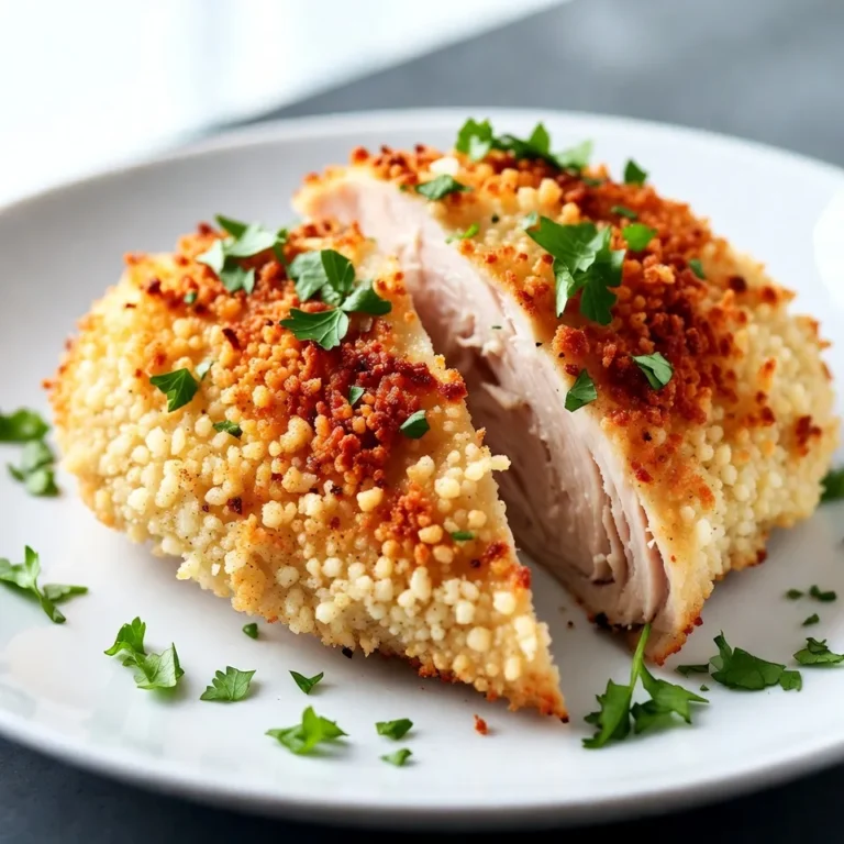 - 2 boneless, skinless chicken breasts - 1 cup grated Parmesan cheese - 1 cup breadcrumbs (preferably panko) - 1 teaspoon garlic powder - 1 teaspoon Italian seasoning - 1/2 teaspoon salt - 1/2 teaspoon black pepper - 2 large eggs - 1 tablespoon Dijon mustard - Fresh parsley for garnish (optional) To start, you'll need a few key ingredients. First, grab two boneless, skinless chicken breasts. They should be fresh and plump for the best taste. Next, we need a cup of grated Parmesan cheese. This adds a rich, cheesy flavor. For that crispy crunch, one cup of breadcrumbs is a must. I prefer panko because it gives that extra texture. Now, spice things up with one teaspoon each of garlic powder and Italian seasoning. These add a wonderful aroma and depth to the dish. Don’t forget the salt and black pepper! Just half a teaspoon of each enhances the overall flavor. For the coating, you'll need two large eggs, mixed with one tablespoon of Dijon mustard. This mixture helps the cheese and breadcrumbs stick to the chicken. Lastly, chop some fresh parsley for garnish if you like. It adds a pop of color and freshness to your plate. Now you have everything you need to make this delicious air fryer Parmesan crusted chicken! Grab these ingredients, and let's get cooking. {{ingredient_image_1}} First, set your air fryer to 380°F (190°C). Let it heat for about 5 minutes. This step helps the chicken cook evenly. Grab a shallow dish for the coating. Combine 1 cup of grated Parmesan cheese, 1 cup of breadcrumbs, 1 teaspoon of garlic powder, 1 teaspoon of Italian seasoning, 1/2 teaspoon of salt, and 1/2 teaspoon of black pepper. Mix it well. This mixture gives the chicken a nice, crunchy crust. Take 2 boneless, skinless chicken breasts. Pat them dry with paper towels. In another bowl, whisk together 2 large eggs and 1 tablespoon of Dijon mustard. Dip each chicken breast into the egg mix, coating it fully. Then, dredge the chicken in your cheese and breadcrumb mixture. Press lightly to make sure it sticks well. Place the coated chicken in a single layer in the air fryer basket. Leave space between them for even cooking. Cook at 380°F (190°C) for 12-15 minutes. Flip the chicken halfway through cooking. Check that the internal temperature reaches 165°F (75°C) for safety. The crust should be golden brown when done. After cooking, let the chicken rest for a couple of minutes. This keeps it juicy. Slice the chicken into medallions for a pretty look. You can garnish with chopped fresh parsley if you like. Serve it warm with a side salad or steamed veggies for a complete meal. To get that perfect crust, use panko breadcrumbs. They add extra crunch. Mix the breadcrumbs well with Parmesan cheese, garlic powder, and spices. Press the coating firmly onto the chicken. This helps it stick better during cooking. Always pat your chicken dry before coating. This step helps the crust stick. For even cooking, make sure the chicken pieces are similar in size. Flip the chicken halfway through cooking for a golden crust on both sides. Use a meat thermometer to check the doneness. The internal temperature should reach 165°F. Don’t overcrowd the air fryer basket. This can cause uneven cooking. Avoid skipping the egg wash; it helps the coating stick. If the crust is falling off, you might not have pressed it enough. Lastly, don’t skip the resting time after cooking. It helps keep the chicken juicy. Pro Tips Use Fresh Ingredients: Always opt for fresh chicken and quality Parmesan cheese for the best flavor and texture. Don’t Overcrowd the Basket: Air fry in batches if necessary to ensure even cooking and crispiness. Check Internal Temperature: Use a meat thermometer to ensure the chicken reaches 165°F (75°C) for food safety. Experiment with Seasonings: Feel free to add your favorite herbs or spices to the breadcrumb mixture for a personalized touch. {{image_2}} You can change the flavor of your chicken with different herbs and spices. Try adding fresh or dried herbs like thyme or rosemary for a new twist. You can also use smoked paprika for a nice kick. If you like heat, sprinkle in some cayenne pepper or chili flakes. Mix and match to find what you love most. Chicken isn't the only option here. You can use turkey breast or pork chops instead. Both will work well with the same coating. Just make sure to adjust the cooking time based on the meat you choose. Turkey may take a bit longer, while pork cooks faster. Always check for doneness with a meat thermometer. For a gluten-free version, swap regular breadcrumbs for gluten-free ones. You can also use crushed gluten-free crackers for added crunch. Make sure your Parmesan cheese is gluten-free as well. This way, everyone can enjoy a crispy delight without worry. To keep your Air Fryer Parmesan Crusted Chicken fresh, store it in an airtight container. Let the chicken cool to room temperature first. Place it in the fridge for up to three days. Make sure to layer parchment paper between pieces to avoid sticking. Reheat the chicken in the air fryer for the best results. Set the air fryer to 350°F (175°C). Heat for about 5-7 minutes or until the chicken is warmed through. This method keeps the crust crispy. You can also use a microwave, but the crust may lose its crunch. You can freeze the chicken for later use. Wrap each piece tightly in plastic wrap, then place it in a freezer bag. It can last for up to three months in the freezer. To reheat, let it thaw in the fridge overnight, then follow the reheating instructions. The best way to cook chicken in an air fryer is to preheat it first. Set the air fryer to 380°F (190°C) for about five minutes. This helps to create a nice, crispy texture. Make sure to space the chicken pieces apart in the basket. This allows hot air to circulate evenly around the chicken. Cook until the internal temperature reaches 165°F (75°C). This ensures the chicken is safe to eat and perfectly cooked. Yes, you can use frozen chicken, but it requires a few adjustments. Thaw the chicken first for even cooking. You can soak it in cold water for about an hour. This makes it easier to coat with the Parmesan mix. If you cook it straight from frozen, add a few extra minutes to the cooking time. Just make sure to check the internal temperature before serving. You can tell the chicken is fully cooked when it reaches an internal temperature of 165°F (75°C). Use a meat thermometer to check this. If you don’t have one, look for clear juices when you cut into the chicken. If the juices run clear, the chicken is done. The crust should be golden brown and crispy too. Parmesan crusted chicken pairs well with many sides. Here are some ideas: - A fresh garden salad adds crunch and color. - Steamed vegetables like broccoli or green beans are healthy and tasty. - Mashed potatoes or rice can help soak up the flavor. - For a light meal, you can serve it on a bed of quinoa. These options make a great balance with the rich flavors of the chicken. This post covered how to make delicious Parmesan crusted chicken in an air fryer. We discussed the ingredients, step-by-step instructions, and helpful tips for the best results. You learned ways to customize the recipe and how to store leftovers. Now, you can enjoy a tasty meal that is easy to make. Remember, cooking can be fun and rewarding! Get creative and share your versions with friends and family.