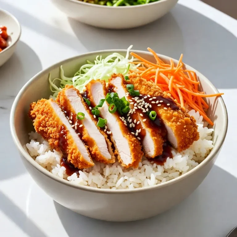 To make a tasty chicken katsu bowl, gather these items: - 2 boneless, skinless chicken breasts - 1 cup panko breadcrumbs - ½ cup all-purpose flour - 2 large eggs - 1 teaspoon salt - ½ teaspoon black pepper - Oil for frying (vegetable or canola) - 2 cups cooked white rice - 1 cup shredded cabbage - ½ cup sliced carrots - ¼ cup sliced green onions - 2 tablespoons Katsu sauce (store-bought or homemade) - Sesame seeds for garnish These ingredients come together to create a crunchy and satisfying meal. The chicken provides protein, while the rice and veggies add balance. You will need some tools to make this dish: - Large skillet - Meat mallet or rolling pin - Three shallow dishes - Tongs - Paper towels - Serving bowls Having the right equipment makes cooking easier. It also helps you achieve that perfect crunch on your katsu. If you want to make your katsu sauce, use these ingredients: - ¼ cup ketchup - 2 tablespoons soy sauce - 1 tablespoon sugar - 1 tablespoon Worcestershire sauce - 1 teaspoon Dijon mustard Mix these together for a sweet and tangy sauce. It pairs perfectly with the crunchy chicken and fresh veggies. Making your sauce adds a personal touch to your katsu bowl. {{ingredient_image_1}} Start by tenderizing the chicken breasts. Place each breast in a plastic bag. Use a meat mallet to pound them to an even thickness of about 1/2 inch. This helps the chicken cook evenly and stay juicy. Next, set up your breading station. Use three shallow dishes for this. In the first dish, add ½ cup of all-purpose flour. In the second dish, whisk 2 large eggs. In the third dish, place 1 cup of panko breadcrumbs. Season the flour with 1 teaspoon of salt and ½ teaspoon of black pepper. This adds flavor to your katsu. Now, it’s time to cook the chicken. First, dredge each chicken breast in the seasoned flour. Make sure to coat it evenly. Then, dip the floured chicken into the beaten eggs. Let any excess egg drip off. Finally, coat the chicken in panko breadcrumbs. Press gently to make sure the crumbs stick. Heat about 1/2 inch of oil in a large skillet over medium-high heat. You want the oil to be hot, around 350°F. Carefully add the breaded chicken to the skillet. Fry for about 4-5 minutes on each side. Look for a golden brown color. Check that the internal temperature reaches 165°F to ensure it’s cooked through. Once done, remove the chicken and let it drain on paper towels. While the chicken cooks, prepare your serving bowl. Start with a scoop of cooked white rice at the bottom. On one side of the bowl, add shredded cabbage and sliced carrots. Slice the cooked chicken katsu into strips. Arrange these strips on top of the rice. Drizzle 2 tablespoons of Katsu sauce over the chicken. Finish with sliced green onions and a sprinkle of sesame seeds. Enjoy the mix of crunchy katsu, fresh veggies, and warm rice! To get that crispy crust, use panko breadcrumbs. They are light and airy, giving your katsu a great crunch. Make sure to press the breadcrumbs onto the chicken. This step helps them stick better. Fry the chicken in hot oil, about 350°F. Hot oil seals the crust quickly, keeping moisture inside. Fry each piece for 4-5 minutes on both sides. Look for a golden brown color. This color signals perfect crunchiness. For frying katsu, I recommend vegetable or canola oil. Both oils have a high smoke point. This means they can handle the heat without burning. They also have a mild flavor. This lets the taste of the katsu shine through. Fill your skillet with about half an inch of oil. This depth allows the chicken to fry evenly on all sides. Presentation is key to a great meal. Start by adding a scoop of white rice at the bottom of your bowl. Place the shredded cabbage and sliced carrots on one side. This adds color and freshness. Slice the cooked chicken katsu into strips and place them on top. Drizzle Katsu sauce over the chicken for a nice finish. Finally, sprinkle sesame seeds and sliced green onions for a pop of flavor. Serve it right away to enjoy the hot and crunchy katsu! Pro Tips Use a Meat Thermometer: To ensure the chicken is perfectly cooked, use a meat thermometer to check that the internal temperature reaches 165°F (74°C). Double-Dip for Extra Crunch: For an even crunchier coating, consider dipping the chicken in the egg mixture a second time after the first panko coating. Rest the Chicken: Allow the fried chicken to rest on paper towels for a few minutes before slicing to help retain moisture. Customize Your Bowl: Feel free to add other toppings like avocado, pickled ginger, or radishes for extra flavor and nutrition. {{image_2}} To make a pork katsu bowl, swap chicken for pork. Use boneless pork chops instead of chicken breasts. Follow the same steps to bread and fry the pork. The flavor will be richer, and the texture will still be crunchy. Serve it with cooked white rice, shredded cabbage, and katsu sauce. This version is just as delicious and filling. For a tofu katsu bowl, use firm or extra-firm tofu. Start by pressing the tofu to remove excess moisture. Slice the tofu into thick pieces. Use the same breading steps: flour, egg, and panko. Fry the tofu until golden brown. This option is perfect for those who prefer plant-based meals. Serve it with rice, veggies, and katsu sauce for a tasty meal. You can make katsu bowls vegetarian or vegan by using various ingredients. Instead of chicken or pork, try eggplant or zucchini. Cut these vegetables into thick slices. Breading and frying them follow the same steps. For a completely vegan option, use plant-based milk instead of eggs. These variations keep the crunch and flavor while being friendly for different diets. Enjoy the same vibrant rice and veggie mix with these katsu bowls. To store leftover katsu, first let it cool down. Place the chicken in an airtight container. If you have extra rice or veggies, store them in separate containers. This keeps everything fresh. Make sure to use the leftovers within three days for the best taste. To reheat katsu and keep it crispy, use an oven. Preheat your oven to 375°F (190°C). Place the katsu on a baking sheet. Heat for about 10-12 minutes. This method helps restore the crunch. You can also use an air fryer for about 5-7 minutes at 350°F (175°C) for a quick option. Cooked chicken katsu lasts about three days in the fridge. Cooked rice can last up to four days. Fresh veggies, like cabbage and carrots, stay good for about five days. Always check for spoilage before eating. Proper storage keeps your meals tasty and safe. Katsu sauce is a sweet and tangy sauce. It usually has these main ingredients: - Worcestershire sauce - Ketchup - Soy sauce - Sugar - Mirin (sweet rice wine) - Ground ginger Mix these ingredients to create a rich flavor. You can also find store-bought options for convenience. Yes, you can prepare many parts of the katsu bowl in advance. Cook the chicken and rice ahead of time. Store them in the fridge. When you are ready to eat, just reheat everything. This makes an easy meal on busy days. Katsu bowls go great with many side dishes. Here are some tasty options: - Miso soup - Edamame - Pickled vegetables - Seaweed salad These sides add freshness and balance to your meal. You can make katsu bowls healthier with a few simple swaps. Try these tips: - Use whole wheat panko for more fiber. - Bake the chicken instead of frying it. - Add more veggies like broccoli or snap peas. - Use brown rice instead of white rice. These changes keep the flavors while boosting nutrition. We’ve covered how to make a crunchy chicken katsu bowl, from choosing the right ingredients to cooking techniques. I shared key tips for perfecting the crunch and presented tasty variations. Don’t forget about storage tips to keep leftovers fresh. Experimenting with different proteins or sauces can create exciting new flavors. Enjoy making your katsu bowls at home. It’s a fun way to impress anyone at your table. Happy cooking!