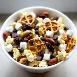The right ingredients make this Sweet & Salty Trash Snack Mix special. Each one adds unique flavors and textures. Here’s what you will need: - 2 cups pretzel twists - 1 cup popcorn (popped) - 1 cup mixed nuts (unsalted, such as almonds, peanuts, and cashews) - 1 cup chocolate chips (dark or milk chocolate, your choice) - ½ cup dried cranberries or raisins - ½ cup mini marshmallows - ½ cup toffee bits - 2 tablespoons maple syrup - ½ teaspoon sea salt These ingredients work together to create a mix that is crunchy, chewy, sweet, and salty. The pretzels give a nice crunch, while the popcorn adds lightness. The mixed nuts offer healthy fats and protein. Chocolate chips provide sweetness, and dried fruit adds a fruity burst. Mini marshmallows and toffee bits make it extra fun. Maple syrup and sea salt tie all the flavors together. Feel free to adjust these ingredients to suit your taste. You can swap the nuts or use different dried fruits. This snack mix is all about fun and creativity! {{ingredient_image_1}} 1. Preheat your oven and prepare the baking sheet. Start by setting your oven to 350°F (175°C). Line a large baking sheet with parchment paper. This helps with cleanup later. 2. Combine the dry ingredients. In a large mixing bowl, add 2 cups of pretzel twists, 1 cup of popped popcorn, and 1 cup of mixed nuts. Stir gently to mix them well. 3. Add the sweet components. Next, add 1 cup of chocolate chips, ½ cup of dried cranberries or raisins, ½ cup of mini marshmallows, and ½ cup of toffee bits. Mix carefully so everything blends nicely. 4. Toss with syrup and salt. Drizzle 2 tablespoons of maple syrup over the mix. Then sprinkle ½ teaspoon of sea salt on top. Toss everything together until it’s well coated. This step is key for that sweet and salty flavor! 5. Bake and monitor the mix. Spread the mix evenly on your prepared baking sheet. Bake it in the oven for 10-12 minutes. Stir halfway through to keep it from burning. The edges should turn golden. 6. Cooling process and serving methods. Once done, take the mix out and let it cool on the baking sheet. It will harden a bit as it cools. After it cools completely, transfer it to a large bowl or snack bags for easy sharing. Enjoy your tasty mix! To get the right texture for your Sweet & Salty Trash Snack Mix, focus on balance. You want crunch from the pretzels and nuts, and a soft bite from the marshmallows. Be sure to mix everything well so each bite has all the flavors. When mixing your ingredients, start with the dry ones. Combine pretzel twists, popped popcorn, and mixed nuts first. Then, add the chocolate chips, dried cranberries, and mini marshmallows. Gently fold everything together. This way, you keep the mix from breaking apart. To avoid burning while baking, keep a close eye on your mix. Bake it at 350°F for just 10-12 minutes. Stir halfway through to ensure even toasting. If you notice the edges getting dark, take it out right away. Let it cool completely on the baking sheet. It will harden a bit as it cools. For a fun presentation, serve your mix in vibrant bowls. Bright colors make the snack look more appealing. You can also use clear cellophane bags tied with ribbons for gifts. This adds a nice touch and makes the mix easy to share. Plus, everyone loves a good snack in a pretty package! Pro Tips Mix It Up: Feel free to customize the mix by adding your favorite snacks, like pretzel sticks or different types of dried fruit. Storage Secrets: Store your snack mix in an airtight container to keep it fresh for up to a week. Serving Style: For a fun presentation, serve the mix in individual cups or bags at parties. Healthier Options: Swap the chocolate chips for dark chocolate or use unsweetened dried fruit to reduce sugar content. {{image_2}} You can easily change this snack mix to fit your needs. If you want a gluten-free option, swap out pretzels for gluten-free pretzel twists. You can also use gluten-free popcorn. If you're nut-free, try seeds like pumpkin or sunflower. They add crunch without the nuts. Seasonal themes can make this snack mix fun. For Halloween, add orange and black candies. For Christmas, use red and green dried fruits. You can even shape the mix into holiday-themed clusters. Just use cookie cutters for fun shapes! Want to spice things up? Adding a pinch of cinnamon or cayenne pepper can give your mix a kick. Just sprinkle it over the mix before baking. You can also add a splash of vanilla or almond extract for a sweet twist. If you love chocolate, try mixing dark and milk chocolate chips. You can also use white chocolate to create a creamy taste. Experiment with different kinds of chocolate bars, like caramel or mint. Each option adds a unique flavor to your mix. To keep your Sweet & Salty Trash Snack Mix fresh, use airtight containers. Glass jars or plastic bins work well. Make sure the lids fit tightly. This helps keep moisture out. You can also use resealable bags for smaller portions. Avoid storing the mix in warm places. Heat can make the mix soggy. Instead, place it in a cool, dry spot. A pantry or cupboard is ideal. Your snack mix will last about two weeks when stored properly. After that, it may lose its crunch. Signs of spoilage include stale smells or a soft texture. If the mix smells off or feels sticky, it is time to toss it. Always trust your senses! Yes, you can make this snack mix gluten-free. Just choose gluten-free pretzel twists. Check the labels on all other ingredients, like popcorn and chocolate chips, to ensure they’re gluten-free too. You can use various nuts in this mix. Almonds, peanuts, and cashews work well. You can also try walnuts or pecans for a different flavor. Just make sure the nuts are unsalted. To make this snack mix healthier, use unsweetened chocolate chips or reduce the amount of syrup. You can also add seeds like pumpkin or sunflower seeds for more nutrients. This blog post shared how to create a delicious snack mix with simple steps. We covered fun ingredients like pretzel twists, chocolate chips, and dried fruit. You learned preparation tips to avoid burning and keep the right texture. Customizing your mix with seasonal flavors adds a personal touch. Lastly, we discussed storage to keep your snack fresh. Enjoy making your own mix and share it with friends!