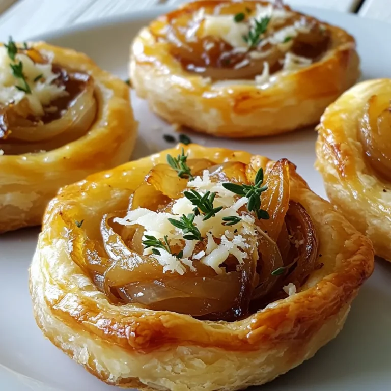 To make these tasty tarts, gather these ingredients: - 1 sheet of puff pastry (thawed) - 3 large onions, thinly sliced - 2 tablespoons olive oil - 1 tablespoon balsamic vinegar - 1 teaspoon sugar - 1 teaspoon fresh thyme leaves - 1 cup shredded Gruyère cheese - 1 cup ricotta cheese - Salt and pepper to taste - 1 egg (for egg wash) Using high-quality ingredients makes a big difference. Choose fresh onions for sweetness. I prefer extra virgin olive oil for its rich flavor. Gruyère cheese should be full-fat for great melting. Ricotta should be creamy and smooth. Fresh thyme adds a lovely aroma. Always select quality balsamic vinegar for depth. If you have dietary needs, there are easy swaps. For gluten-free options, use gluten-free puff pastry. If you can't eat dairy, try a dairy-free cheese blend. You can skip the egg wash. Instead, use almond milk to brush the pastry. For a vegan version, replace the cheese with cashew cream. {{ingredient_image_1}} 1. Preheat your oven to 400°F (200°C). This step is key for a crisp tart. 2. In a large skillet, add 2 tablespoons of olive oil and 3 large onions sliced thin. 3. Cook on medium heat for 15-20 minutes. Stir often until the onions turn soft and brown. 4. Add 1 tablespoon balsamic vinegar, 1 teaspoon sugar, 1 teaspoon fresh thyme, and salt and pepper. Stir well and keep cooking for 5 more minutes. This helps the flavors mix and deepen. 5. Remove the skillet from heat and let the onions cool for a bit. 1. Lightly flour your surface and roll out 1 sheet of puff pastry. Cut it into squares or rounds. Make sure they fit your tart pans or baking sheet. 2. Place the pastry pieces on your baking sheet or in tart pans. 3. Pre-bake the pastry for 10 minutes. It should look slightly puffed when done. - Use medium heat. This lets the onions cook slowly. Quick cooking burns them. - Stir often. This ensures even cooking and prevents sticking. - Add sugar. It helps the onions caramelize faster and adds sweetness. - Be patient. Good caramelization takes time. The flavor is worth the wait! Following these steps brings you closer to creating those delicious caramelized onion and cheese tarts. Enjoy the process! To caramelize onions well, you need time and heat. Start with medium heat. This helps to soften the onions. Add olive oil to your pan first. Use about 2 tablespoons for 3 large onions. Stir the onions often. This keeps them from burning. After 15-20 minutes, they should turn golden brown. Add a teaspoon of sugar to help with this. Balsamic vinegar adds a nice depth. Mix it in during the last few minutes of cooking. Don't rush this step; patience is key for great flavor. These tarts shine on their own but can be even better with sides. Serve them warm with a light salad. A simple arugula salad works well. Drizzle some balsamic glaze over the tarts. This adds sweetness and acidity. You can also pair them with a crisp white wine. A Sauvignon Blanc or a light Pinot Grigio complements the flavors nicely. For a cozy touch, serve with a warm soup, like tomato basil. You can make these tarts ahead of time. Prepare the caramelized onions and pastry in advance. Store the filling in the fridge for up to two days. You can also freeze the assembled tarts before baking. Wrap them well and freeze for up to a month. When ready to bake, no need to thaw. Just add a few extra minutes to the baking time. To reheat, place them in the oven at 350°F (175°C) until warm. This helps keep the pastry crisp. Enjoy your delicious tarts anytime! Pro Tips Use Sweet Onions: For a richer flavor, opt for sweet onions such as Vidalia or Walla Walla. They caramelize beautifully and bring a natural sweetness to the tarts. Keep Puff Pastry Cold: Make sure your puff pastry stays cold before baking. This ensures it puffs up nicely and becomes flaky in texture. Experiment with Cheese: While Gruyère is fantastic, feel free to mix in other cheeses like goat cheese or aged cheddar for a unique twist on flavor. Make Ahead: You can prepare the caramelized onions a day in advance. Store them in the fridge and assemble the tarts just before baking for a fresh treat. {{image_2}} You can mix up the cheese in your tarts. Try using sharp cheddar for a tangy twist. Goat cheese adds a creamy and rich taste. Feta cheese gives a nice saltiness. You can also use mozzarella for a stretchier texture. Each cheese brings a new flavor. Mix and match to find your favorite! Add more veggies to boost flavor and nutrition. Spinach pairs well with the cheese and onions. Mushrooms add a nice earthiness. Bell peppers bring a sweet crunch. You can even try zucchini or roasted garlic. Just remember to chop them small so they cook well. These extras make your tarts even more delicious! If you need a gluten-free option, don’t worry! You can use gluten-free puff pastry. Many brands offer this now. You can also make a crust from almond flour or oats. Just mix the flour with butter and water to form a dough. Press it into your tart pans for a tasty base. Enjoy the same great flavors without gluten! You may have leftover tarts after a meal. To store them, let them cool fully. Place them in an airtight container. Keep them in the fridge for up to three days. This keeps the tarts fresh and tasty. To freeze your tarts, wrap each one tightly in plastic wrap. Then place them in a freezer bag. This way, they won't get freezer burn. You can freeze them for up to three months. When you're ready to eat, just thaw them in the fridge overnight. Reheating tarts is easy. Preheat your oven to 350°F (175°C). Place the tarts on a baking sheet. Heat them for about 10-12 minutes. This makes the crust crispy again. If you are in a hurry, you can use a microwave. However, the crust may not be as crispy. Enjoy your savory delight! Yes, you can use frozen onions. They save time and work well. However, fresh onions have better flavor. If you use frozen ones, thaw them and drain excess water before cooking. This helps avoid soggy tarts. If you can't find Gruyère cheese, try using Swiss cheese. It has a similar taste and melts well. You can also use a mix of mozzarella and Parmesan. This blend gives a nice flavor and texture. To keep the tarts crisp, pre-bake the puff pastry first. This step helps set the base. You can also sprinkle a bit of cheese or breadcrumbs on the pastry before adding the filling. This barrier keeps moisture from soaking in. In this article, we explored how to make delicious caramelized onion and cheese tarts. We covered the key ingredients, step-by-step cooking instructions, and helpful tips for perfect results. You learned about ingredient swaps for dietary needs and how to store leftovers. Whether you want to try different cheeses or make a gluten-free version, there's a tasty option for everyone. Enjoy your cooking, and share these delights with friends and family! Great food brings people together.