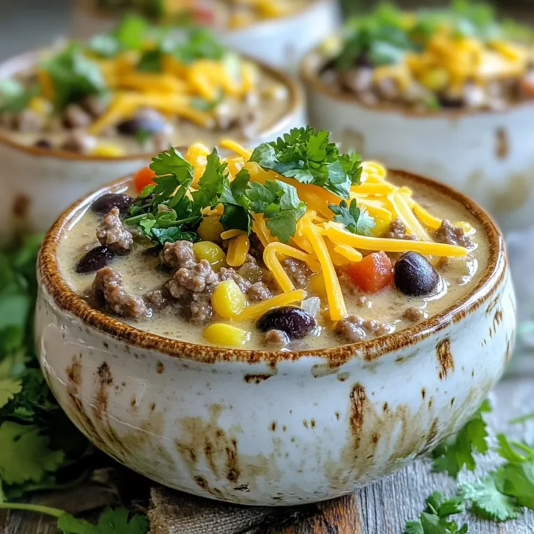 - 1 pound ground beef - 1 medium onion, diced - 2 cloves garlic, minced - 2 medium carrots, diced - 2 celery stalks, diced - 1 can (15 oz) black beans, drained and rinsed - 1 can (15 oz) corn, drained - 1 can (10 oz) diced tomatoes with green chilies - 4 cups beef broth - 1 cup heavy cream - 1 tablespoon chili powder - 1 teaspoon cumin - Salt and pepper to taste - Fresh cilantro for garnish - 1 cup shredded cheddar cheese for topping You can add a few fun toppings to your soup. Here are some ideas: - Avocado slices for creaminess. - Sour cream for a tangy kick. - Tortilla chips for added crunch. - Lime wedges for a fresh burst of flavor. These toppings can enhance the taste and make your soup even better. When you pick your ingredients, freshness matters. Here are my tips: - Choose bright, firm vegetables. They taste better and add color. - Look for beans that are not dented or damaged. - Get good-quality beef with a bright red color. This shows it's fresh. - Pick cream that is thick and has a good smell. Using fresh ingredients makes your creamy cowboy soup more delicious. You can really taste the difference! {{ingredient_image_1}} First, heat a large pot on medium heat. Add one pound of ground beef. Cook until it turns brown. Make sure to break it apart as it cooks. This step helps the beef cook evenly. Once the beef is cooked, drain any extra fat. Next, add one diced onion to the pot. Cook for about 3-4 minutes until it becomes soft. Then, add two minced garlic cloves. Cook for one more minute until it smells great. This mix of beef and aromatics gives the soup a strong, rich base. After the aromatics are ready, it’s time for the veggies. Add two diced carrots and two diced celery stalks. Stir them in and cook for about five minutes. This softens the vegetables and adds flavor. Now, it’s time to bring in the beans and broth. Add one can of black beans, one can of corn, and one can of diced tomatoes with green chilies. Don’t forget the juices! Pour in four cups of beef broth too. Stir everything together well. Now, let’s spice things up! Sprinkle in one tablespoon of chili powder and one teaspoon of cumin. Add salt and pepper to taste. Bring the soup to a gentle boil. Then, lower the heat and let it simmer for 15-20 minutes. This helps all the flavors blend together. After that, stir in one cup of heavy cream. Cook for another five minutes on low heat. Taste your soup and adjust the seasoning if needed. When ready to serve, ladle the soup into bowls. Add a sprinkle of shredded cheddar cheese and fresh cilantro on top. For a fun twist, serve with tortilla chips on the side for crunch! To make your Creamy Cowboy Soup even creamier, use full-fat cream. Heavy cream adds a rich texture that makes the soup smooth. You can also blend a portion of the soup. This adds body without changing the flavor. Simply use an immersion blender or a standard blender. Just blend some soup, then stir it back in. Flavors develop best with time. After adding the spices, let the soup simmer longer. This lets the chili powder and cumin infuse into the broth. Adding salt in stages helps too. Start with a little salt, then taste and adjust. Fresh herbs like cilantro added at the end add bright notes. If you're short on time, use a slow cooker. Brown the beef and add all the ingredients to the slow cooker. Set it on low for 6-8 hours. This method allows flavors to meld while you focus on other tasks. Also, you can prep ingredients the night before. Chop onions, carrots, and celery ahead of time. Store them in the fridge to save time on cooking day. Pro Tips Brown the Meat Properly: Ensure the ground beef is browned thoroughly to enhance the flavor of the soup. This adds depth and richness to the final dish. Customize the Vegetables: Feel free to add other vegetables like bell peppers or zucchini for extra nutrition and variation in texture. Adjust Creaminess: For a lighter version, substitute half of the heavy cream with low-fat milk or a non-dairy alternative to maintain creaminess without the extra calories. Flavor Boost with Spices: Experiment with additional spices like smoked paprika or cayenne pepper for a hint of smokiness or heat, depending on your preference. {{image_2}} If you want a meat-free version, you can swap the ground beef for plant-based meat. Use lentils for a hearty texture or black beans for protein. You can also add more veggies, like bell peppers or zucchini. For the broth, replace beef broth with vegetable broth. Use coconut cream or cashew cream instead of heavy cream for a vegan touch. This way, you keep the soup rich and tasty. For those who love heat, add diced jalapeños when you cook the onions. You can also mix in hot sauce for extra spice. Try adding a pinch of cayenne pepper or more chili powder to the mix. If you enjoy smoky flavors, smoked paprika works well too. These changes will give your soup a bold kick that warms you up. You can make this soup your own by adding fun ingredients. Consider tossing in potatoes for extra heartiness. Fresh spinach or kale adds a nice green touch and boosts nutrition. If you want it creamy, stir in cream cheese or sour cream before serving. You can also garnish with avocado slices or crispy tortilla strips for added crunch. The options are endless, so get creative! After enjoying your creamy cowboy soup, let it cool first. Once it's at room temperature, store it in an airtight container. This keeps the flavors fresh. Make sure to eat it within three to four days. Label the container with the date for easy tracking. When you want to reheat the soup, use a pot on the stove. This method keeps the soup creamy. Heat it over low to medium heat, stirring often. You can also microwave it. Place it in a bowl, cover it, and heat in short bursts. Stir in between to avoid hot spots. If you have extra soup, freezing is a great option. Pour the cooled soup into freezer-safe bags or containers. Leave some space at the top for expansion. This soup can last up to three months in the freezer. When you're ready to eat, thaw it in the fridge overnight before reheating. You can use ground turkey or chicken instead. They give a lighter taste. For a meat-free option, try lentils or mushrooms. Both add a nice texture and flavor. Just make sure to cook them well to develop that rich taste. Yes, you can mix up the beans and veggies. Try kidney beans or pinto beans for a twist. You can also add bell peppers or zucchini. These will change the flavor but keep the soup hearty. Remember to adjust cooking times for any tougher vegetables. Creamy Cowboy Soup can last up to three days in the fridge. Store it in an airtight container. Just reheat it on the stove or in the microwave. If it thickens too much, add a little broth or water to thin it out. This blog post covered the core steps to make a delicious creamy cowboy soup. We discussed key ingredients, optional toppings, and tips for fresh picks. You learned how to cook the beef and add flavors, plus ways to make it creamier. We also shared storage tips for leftovers and fun variations to try. In the end, this soup is versatile and easy to adapt. You can enjoy it any night of the week, letting your creativity shine in the kitchen.