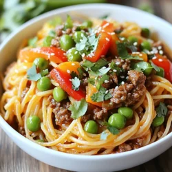 - 8 oz spaghetti noodles - 1 lb ground beef - 2 tablespoons soy sauce - 1 tablespoon oyster sauce - 2 cloves garlic, minced - 1 inch ginger, grated - 1 red bell pepper, thinly sliced - 1 cup snap peas, trimmed - 3 green onions, chopped - Sesame seeds for garnish - Fresh cilantro for garnish - 1 tablespoon sriracha or chili sauce - Salt and pepper to taste In this dish, the main ingredients are key. The spaghetti noodles give us a nice base. Ground beef adds rich flavor and protein. Soy sauce and oyster sauce give that umami taste we crave. You can play with these elements to suit your taste. Then, we have vegetables and garnishes. Garlic and ginger bring warmth and zest. Red bell pepper adds color and crunch. Snap peas give us a sweet, crisp bite. Green onions, sesame seeds, and cilantro add freshness and flair on top. They make our meal look beautiful too. Optional ingredients like sriracha can bring heat. Add salt and pepper to make it just right. Feel free to mix and match to create your perfect bowl! {{ingredient_image_1}} To cook spaghetti noodles, bring a large pot of salted water to a boil. Add the noodles and cook according to the package directions, usually around 8-10 minutes. You want them al dente, which means they should be firm but not hard. Once cooked, drain the noodles in a colander. This step is key to avoid soggy pasta later. Set the drained noodles aside while you prepare the beef mixture. In a large skillet or wok, heat 1 teaspoon of sesame oil over medium-high heat. This oil gives a nice flavor to the dish. Add 2 cloves of minced garlic and 1 inch of grated ginger. Sauté these for about 1 minute until they smell great. Now, raise the heat to high and add 1 pound of ground beef. Use a spatula to break it up as it cooks. Stir until the beef is browned, which takes about 5-7 minutes. Make sure to cook it well for the best taste. Next, stir in 2 tablespoons of soy sauce and 1 tablespoon of oyster sauce. If you like some heat, add 1 tablespoon of sriracha. Mix this all well so the beef is coated. Then, add 1 thinly sliced red bell pepper and 1 cup of trimmed snap peas to the skillet. Stir-fry these for 3-4 minutes until the veggies are tender but still crisp. Season everything with salt and pepper to your liking. Finally, toss the cooked spaghetti into the skillet, mixing everything together. You want the noodles to be covered in that tasty sauce. To make your Asian Style Ground Beef Spaghetti taste amazing, focus on seasoning. Start with soy sauce and oyster sauce. These sauces add umami and depth. You can adjust the flavors to your liking. If you want more heat, add sriracha. Just a little will give it a nice kick. Remember, you can always add more, but you can’t take it away! Stir-frying is key for crisp vegetables. Use high heat and keep moving the veggies. This way, they cook quickly but stay crunchy. Don't overcrowd the pan; this can lead to steaming instead of frying. To keep your spaghetti from becoming mushy, cook it just until al dente. Drain it well, then toss it into the skillet with the beef. This will help the noodles stay firm. Garnishing makes your dish pop! Sprinkle sesame seeds on top for a nice crunch. Fresh herbs like cilantro add color and flavor. For serving, place the spaghetti in a bowl and top it with the beef and veggies. This layered look makes it more inviting. You can even serve it with lime wedges on the side for a fresh twist! Pro Tips Use Fresh Ingredients: Fresh garlic, ginger, and vegetables will enhance the flavor and overall quality of your dish. Customize the Heat: Adjust the amount of sriracha or chili sauce according to your heat preference. Start with a little and add more if needed. Perfectly Cooked Noodles: Make sure to cook the spaghetti just until al dente, as they will continue to cook slightly when mixed with the hot beef and vegetables. Garnish for Flavor: Don’t skip the sesame seeds and cilantro—they add a burst of flavor and a beautiful presentation to your dish. {{image_2}} If you want to change things up, try different proteins. Chicken or tofu work great as substitutes for ground beef. Both options bring unique flavors. Chicken is light and tender, while tofu is great for a plant-based meal. You can also switch to gluten-free noodles. Rice noodles or zucchini noodles are good choices. They fit well in this dish and keep it tasty. You can add more veggies for extra nutrition and flavor. Think about using carrots, broccoli, or mushrooms. They can all add color and crunch. Seasonal vegetables also work well. In summer, try zucchini or bell peppers. In winter, consider adding broccoli or kale for a hearty bite. To spice up your dish, explore different sauces. Teriyaki or hoisin sauce can add sweetness and depth. You can mix them with soy sauce for a unique taste. Adding nuts or seeds is another fun option. Chopped peanuts or sesame seeds give a nice crunch. This also boosts the meal's flavor and texture. To keep your Asian Style Ground Beef Spaghetti fresh, store it in an airtight container. This helps prevent moisture loss and keeps the flavors intact. Let the dish cool to room temperature before sealing it. It’s best to refrigerate leftovers within two hours after cooking. In the refrigerator, your spaghetti should last for about three to four days. If you notice any off smells or discoloration, it’s best to toss it. Always trust your senses when it comes to food safety. If you want to save some for later, freezing is a great option. Portion the spaghetti into freezer-safe bags or containers, leaving some space for expansion. Make sure to label the bags with the date. This way, you can track how long it's been in the freezer. For best results, aim to eat the frozen spaghetti within two to three months. To reheat, thaw it overnight in the fridge. You can also microwave it on low heat. Add a splash of water to keep it moist while heating. Stir it halfway through for even warming. Enjoy your meal without the fuss! Yes, you can make this recipe ahead of time. Here are some tips for meal prep and storage: - Cook the beef mixture: You can prepare the beef with sauces and veggies. Let it cool before storing. - Store in the fridge: Use an airtight container for up to three days. - Cook noodles fresh: I suggest cooking the spaghetti just before serving. This keeps them from getting soggy. - Reheat carefully: Warm the beef mixture on low heat, then add the noodles. This helps maintain the texture. Great side dishes can enhance your meal. Here are some ideas: - Steamed broccoli: This adds a nice crunch and color. - Garlic green beans: Quick to make and full of flavor. - Asian cucumber salad: Refreshing and light, perfect for contrast. - Spring rolls: These can add a fun, crispy element to your meal. You can easily change the spice level. Here are some tips: - Mild: Skip the sriracha or chili sauce. Use sweet soy sauce instead. - Medium: Add one teaspoon of sriracha for a balanced kick. - Hot: Use two tablespoons of sriracha or add fresh chili peppers. Adjust to your taste! This blog post shared a solid recipe for Asian Style Ground Beef Spaghetti. We explored key ingredients, cooking steps, and ways to perfect the dish. You can adjust flavors and add vegetables based on your taste. Don’t forget the garnishes; they elevate the look and taste! With tips on storage and variations, you can easily customize this dish. Enjoy creating a meal that brings joy to your table. Dive in and make this recipe your own!