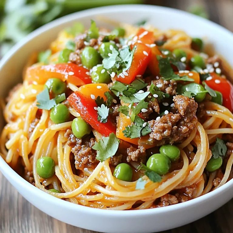 - 8 oz spaghetti noodles - 1 lb ground beef - 2 tablespoons soy sauce - 1 tablespoon oyster sauce - 2 cloves garlic, minced - 1 inch ginger, grated - 1 red bell pepper, thinly sliced - 1 cup snap peas, trimmed - 3 green onions, chopped - Sesame seeds for garnish - Fresh cilantro for garnish - 1 tablespoon sriracha or chili sauce - Salt and pepper to taste In this dish, the main ingredients are key. The spaghetti noodles give us a nice base. Ground beef adds rich flavor and protein. Soy sauce and oyster sauce give that umami taste we crave. You can play with these elements to suit your taste. Then, we have vegetables and garnishes. Garlic and ginger bring warmth and zest. Red bell pepper adds color and crunch. Snap peas give us a sweet, crisp bite. Green onions, sesame seeds, and cilantro add freshness and flair on top. They make our meal look beautiful too. Optional ingredients like sriracha can bring heat. Add salt and pepper to make it just right. Feel free to mix and match to create your perfect bowl! {{ingredient_image_1}} To cook spaghetti noodles, bring a large pot of salted water to a boil. Add the noodles and cook according to the package directions, usually around 8-10 minutes. You want them al dente, which means they should be firm but not hard. Once cooked, drain the noodles in a colander. This step is key to avoid soggy pasta later. Set the drained noodles aside while you prepare the beef mixture. In a large skillet or wok, heat 1 teaspoon of sesame oil over medium-high heat. This oil gives a nice flavor to the dish. Add 2 cloves of minced garlic and 1 inch of grated ginger. Sauté these for about 1 minute until they smell great. Now, raise the heat to high and add 1 pound of ground beef. Use a spatula to break it up as it cooks. Stir until the beef is browned, which takes about 5-7 minutes. Make sure to cook it well for the best taste. Next, stir in 2 tablespoons of soy sauce and 1 tablespoon of oyster sauce. If you like some heat, add 1 tablespoon of sriracha. Mix this all well so the beef is coated. Then, add 1 thinly sliced red bell pepper and 1 cup of trimmed snap peas to the skillet. Stir-fry these for 3-4 minutes until the veggies are tender but still crisp. Season everything with salt and pepper to your liking. Finally, toss the cooked spaghetti into the skillet, mixing everything together. You want the noodles to be covered in that tasty sauce. To make your Asian Style Ground Beef Spaghetti taste amazing, focus on seasoning. Start with soy sauce and oyster sauce. These sauces add umami and depth. You can adjust the flavors to your liking. If you want more heat, add sriracha. Just a little will give it a nice kick. Remember, you can always add more, but you can’t take it away! Stir-frying is key for crisp vegetables. Use high heat and keep moving the veggies. This way, they cook quickly but stay crunchy. Don't overcrowd the pan; this can lead to steaming instead of frying. To keep your spaghetti from becoming mushy, cook it just until al dente. Drain it well, then toss it into the skillet with the beef. This will help the noodles stay firm. Garnishing makes your dish pop! Sprinkle sesame seeds on top for a nice crunch. Fresh herbs like cilantro add color and flavor. For serving, place the spaghetti in a bowl and top it with the beef and veggies. This layered look makes it more inviting. You can even serve it with lime wedges on the side for a fresh twist! Pro Tips Use Fresh Ingredients: Fresh garlic, ginger, and vegetables will enhance the flavor and overall quality of your dish. Customize the Heat: Adjust the amount of sriracha or chili sauce according to your heat preference. Start with a little and add more if needed. Perfectly Cooked Noodles: Make sure to cook the spaghetti just until al dente, as they will continue to cook slightly when mixed with the hot beef and vegetables. Garnish for Flavor: Don’t skip the sesame seeds and cilantro—they add a burst of flavor and a beautiful presentation to your dish. {{image_2}} If you want to change things up, try different proteins. Chicken or tofu work great as substitutes for ground beef. Both options bring unique flavors. Chicken is light and tender, while tofu is great for a plant-based meal. You can also switch to gluten-free noodles. Rice noodles or zucchini noodles are good choices. They fit well in this dish and keep it tasty. You can add more veggies for extra nutrition and flavor. Think about using carrots, broccoli, or mushrooms. They can all add color and crunch. Seasonal vegetables also work well. In summer, try zucchini or bell peppers. In winter, consider adding broccoli or kale for a hearty bite. To spice up your dish, explore different sauces. Teriyaki or hoisin sauce can add sweetness and depth. You can mix them with soy sauce for a unique taste. Adding nuts or seeds is another fun option. Chopped peanuts or sesame seeds give a nice crunch. This also boosts the meal's flavor and texture. To keep your Asian Style Ground Beef Spaghetti fresh, store it in an airtight container. This helps prevent moisture loss and keeps the flavors intact. Let the dish cool to room temperature before sealing it. It’s best to refrigerate leftovers within two hours after cooking. In the refrigerator, your spaghetti should last for about three to four days. If you notice any off smells or discoloration, it’s best to toss it. Always trust your senses when it comes to food safety. If you want to save some for later, freezing is a great option. Portion the spaghetti into freezer-safe bags or containers, leaving some space for expansion. Make sure to label the bags with the date. This way, you can track how long it's been in the freezer. For best results, aim to eat the frozen spaghetti within two to three months. To reheat, thaw it overnight in the fridge. You can also microwave it on low heat. Add a splash of water to keep it moist while heating. Stir it halfway through for even warming. Enjoy your meal without the fuss! Yes, you can make this recipe ahead of time. Here are some tips for meal prep and storage: - Cook the beef mixture: You can prepare the beef with sauces and veggies. Let it cool before storing. - Store in the fridge: Use an airtight container for up to three days. - Cook noodles fresh: I suggest cooking the spaghetti just before serving. This keeps them from getting soggy. - Reheat carefully: Warm the beef mixture on low heat, then add the noodles. This helps maintain the texture. Great side dishes can enhance your meal. Here are some ideas: - Steamed broccoli: This adds a nice crunch and color. - Garlic green beans: Quick to make and full of flavor. - Asian cucumber salad: Refreshing and light, perfect for contrast. - Spring rolls: These can add a fun, crispy element to your meal. You can easily change the spice level. Here are some tips: - Mild: Skip the sriracha or chili sauce. Use sweet soy sauce instead. - Medium: Add one teaspoon of sriracha for a balanced kick. - Hot: Use two tablespoons of sriracha or add fresh chili peppers. Adjust to your taste! This blog post shared a solid recipe for Asian Style Ground Beef Spaghetti. We explored key ingredients, cooking steps, and ways to perfect the dish. You can adjust flavors and add vegetables based on your taste. Don’t forget the garnishes; they elevate the look and taste! With tips on storage and variations, you can easily customize this dish. Enjoy creating a meal that brings joy to your table. Dive in and make this recipe your own!