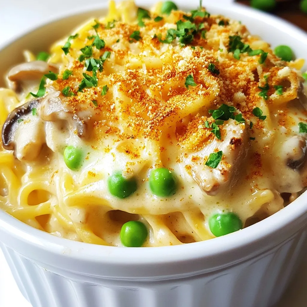 To make Easy Turkey Tetrazzini, you will need: - 3 cups cooked turkey, shredded - 8 ounces spaghetti, uncooked - 1 cup mushrooms, sliced - 1 cup frozen peas - 1 medium onion, chopped - 2 cloves garlic, minced - 2 cups chicken broth - 1 cup mozzarella cheese, shredded - 1 cup sour cream - 1 teaspoon dried thyme - ½ teaspoon black pepper - ¼ teaspoon salt - ¼ teaspoon paprika - 2 tablespoons olive oil These ingredients blend well together to create a creamy, savory dish. The turkey adds protein and flavor, while the veggies provide texture. You will also need some common kitchen items: - Water for boiling pasta - Cooking oil for sautéing - Salt for seasoning These staples help elevate the taste of your dish. Always use fresh seasonings for the best flavor. For this recipe, use: - A large pot for boiling spaghetti - A large skillet for sautéing - A large mixing bowl to combine all ingredients - A 9x13 inch baking dish for baking Having the right equipment makes cooking easier. It helps ensure that your Easy Turkey Tetrazzini comes out just right. {{ingredient_image_1}} First, set your oven to 375°F (190°C). This step ensures your dish cooks just right. Next, grab a large pot. Fill it with water and bring it to a boil. Add 8 ounces of uncooked spaghetti. Cook it until it is al dente, which is about 8-10 minutes. Drain the pasta and set it aside. This pasta is the base of your dish. Now, take a large skillet and place it on medium heat. Pour in 2 tablespoons of olive oil. Once the oil is warm, add 1 chopped onion and 2 minced garlic cloves. Sauté them until soft, which takes about 3-4 minutes. Then, toss in 1 cup of sliced mushrooms. Cook these for an additional 5 minutes until they turn golden brown. The mix of flavors here is delightful and sets the stage for your tetrazzini. In a big mixing bowl, combine all your cooked ingredients. Start with the sautéed vegetables, then add 3 cups of shredded turkey, 1 cup of frozen peas, and the cooked spaghetti. Next, pour in 2 cups of chicken broth and 1 cup of sour cream. Add 1 teaspoon of dried thyme, ½ teaspoon of black pepper, ¼ teaspoon of salt, and ¼ teaspoon of paprika. Stir everything well until it is well mixed. Now, pour this mixture into a greased 9x13 inch baking dish. Spread it evenly across the dish. Sprinkle 1 cup of shredded mozzarella cheese on top. This cheese will melt and create a lovely crust. Bake your dish in the oven for 25-30 minutes. You want the cheese to be bubbly and golden. Once done, let it sit for 5-10 minutes before serving. Enjoy your easy turkey tetrazzini! To make your turkey tetrazzini perfect, start with great turkey. Use cooked turkey that is moist and flavorful. Shredded turkey works best as it mixes well with the pasta. Cook your spaghetti just right. It should be al dente, which means firm but not hard. This keeps your dish from being mushy. When sautéing your veggies, don’t rush. Let the onions and garlic soften before adding mushrooms. This brings out their best flavors. Mix all the ingredients well. You want every bite to have a taste of turkey, cheese, and veggies. One common mistake is overcooking the pasta. If you cook it too long, it becomes mushy in the bake. Another mistake is not seasoning enough. Use salt, pepper, and thyme to enhance the dish's flavor. Also, don’t skip the cheese on top. It adds a creamy texture and golden color. Finally, let the dish rest after baking. This helps it set before you serve. To make your dish look special, use individual bowls. This makes it feel fancy. Garnish with fresh parsley for color and flavor. A sprinkle of paprika on top adds a nice touch too. Serve your turkey tetrazzini hot for the best taste. Pro Tips Use Leftover Turkey: This recipe is perfect for using up leftover turkey from holiday meals, making it both economical and delicious. Cheese Variations: Feel free to experiment with different cheeses like cheddar or parmesan for a unique flavor profile. Vegetable Additions: Add other vegetables such as bell peppers or spinach for extra nutrition and color. Make Ahead: This dish can be prepared a day in advance. Just cover and refrigerate before baking. Add an extra 5-10 minutes to the baking time if cooking from cold. {{image_2}} You can swap out turkey for other meats. Chicken works well and adds a nice flavor. You can also use ham for a smoky touch. If you want to try seafood, shrimp can make a tasty version. Just make sure to cook it until it's pink and firm. To make this dish gluten-free, use gluten-free pasta. There are many types available, so pick one you like. For a dairy-free option, replace sour cream with cashew cream or a dairy-free yogurt. You can also use a dairy-free cheese. Check the labels to ensure they fit your needs. Want to spice it up? Add a dash of hot sauce or red pepper flakes. You can also mix in some fresh herbs like parsley or basil for a bright taste. Try adding sun-dried tomatoes or artichokes for a twist. These add flavor and color to your dish. To store your Easy Turkey Tetrazzini, start by letting it cool. Once it’s cool, transfer it to an airtight container. You can also use a covered dish. Keep it in the fridge. This will keep it fresh for up to three days. Make sure to label the container with the date. When you’re ready to enjoy the leftovers, preheat your oven to 350°F (175°C). Place the tetrazzini in an oven-safe dish. Cover it with foil to keep it moist. Bake for about 20 minutes or until heated through. You can also use the microwave. Heat in short bursts, stirring in between. This helps it warm evenly. If you want to freeze your Easy Turkey Tetrazzini, it’s best to do this before baking. Place the unbaked dish in a freezer-safe container. Wrap it tightly with plastic wrap, then foil. This will protect it from freezer burn. It can last for up to three months in the freezer. When you’re ready to bake, just thaw it overnight in the fridge. Then, bake as usual. Yes, you can use leftover chicken in this dish. Chicken works well in Easy Turkey Tetrazzini. It keeps the flavor nice, and you save time. Just shred the chicken like you would the turkey. This swap makes the dish easy and quick to prepare. If you need a substitute for sour cream, try plain yogurt. Greek yogurt is a great choice, too. It adds creaminess and tang. You can also use cottage cheese for a different texture. Blend it smooth if you want it creamier. Easy Turkey Tetrazzini lasts about 3 to 4 days in the fridge. Store it in an airtight container. This keeps it fresh and tasty. When you're ready to eat, just reheat it in the oven or microwave. Enjoy your meal! You now know how to make a tasty turkey tetrazzini. We covered ingredients, equipment, and step-by-step cooking. We shared tips to avoid common mistakes and make it look great. You learned about variations to suit different diets and tastes. Plus, you found storage tips for leftovers. This dish is simple, fun, and perfect for your family. I hope you enjoy making and sharing this recipe!