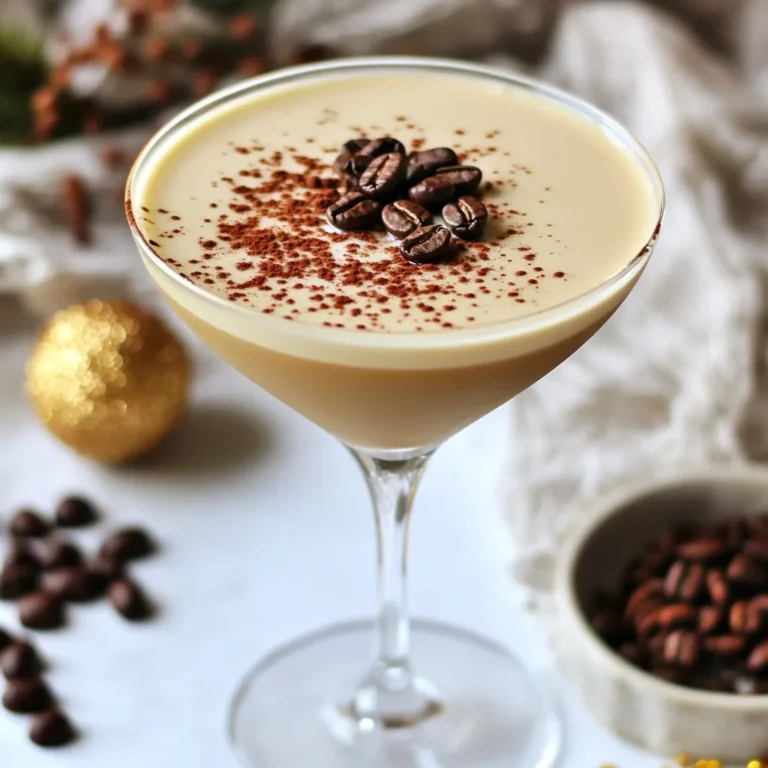 To make the Holiday Baileys Espresso Martini, gather these ingredients: - 1 cup freshly brewed espresso, cooled - 1/2 cup coconut milk or alternative milk - 2 tablespoons maple syrup - 1 teaspoon vanilla extract - 1/2 teaspoon ground cinnamon - 1/2 teaspoon cocoa powder (for garnish) - Ice cubes - Coffee beans or chocolate shavings for garnish Each ingredient adds a unique flavor. The espresso gives a rich coffee taste. Coconut milk adds creaminess without dairy. Maple syrup brings sweetness, while vanilla and cinnamon add warmth. The cocoa powder garnishes your drink beautifully. Coffee beans or chocolate shavings make it fancy. This blend makes a festive treat. You can enjoy it at parties or cozy nights in. The ingredients are easy to find at most stores. This recipe serves two, perfect for sharing or enjoying for yourself. Now that you know the ingredients, let's move on to making this delicious cocktail! {{ingredient_image_1}} Start by brewing one cup of fresh espresso. Use your espresso machine or stovetop method. Once brewed, let it cool to room temperature. This cooling step is key, as hot espresso can dilute your drink. Set it aside while you gather your other ingredients. Next, grab a cocktail shaker. Add the cooled espresso to the shaker. Then, pour in half a cup of coconut milk or your choice of milk. Next, add two tablespoons of maple syrup for sweetness. Don’t forget one teaspoon of vanilla extract and half a teaspoon of ground cinnamon. These flavors add warmth and depth. Now, it’s time to shake! Fill the shaker halfway with ice cubes. Secure the lid tightly, then shake vigorously for 15 to 20 seconds. This helps mix the flavors and chill the drink. When ready, strain the mixture into chilled martini glasses. Dust the top with cocoa powder and garnish with coffee beans or chocolate shavings. Enjoy your festive cocktail right away! To get that smooth and creamy texture, ice is key. Use fresh ice cubes when shaking. Fill your shaker halfway with ice. This keeps your drink cold and helps mix the flavors well. Shake it hard for 15 to 20 seconds. This makes the drink frothy and delightful. Garnishing adds flair and flavor. After pouring the drink, dust the top with cocoa powder. This gives a rich look and taste. Add a few whole coffee beans or chocolate shavings on top. This not only looks fancy but also adds a nice touch of flavor. You can prepare some parts in advance. Brew the espresso and let it cool. Mix the other ingredients in the shaker but do not add ice yet. Store this mixture in the fridge. When you’re ready to serve, just add ice and shake. This saves time and keeps the drink fresh! Pro Tips Use Freshly Brewed Espresso: For the best flavor, always use freshly brewed espresso. The quality of the coffee greatly enhances the overall taste of the drink. Chill Your Glasses: To keep your drink colder for longer, chill your martini glasses in the freezer for a few minutes before serving. Adjust Sweetness to Taste: Feel free to adjust the amount of maple syrup based on your sweetness preference. You can also experiment with other sweeteners like agave or honey. Garnish Creatively: Besides coffee beans or chocolate shavings, consider adding a sprinkle of nutmeg or a twist of orange peel for a unique flavor and visual appeal. {{image_2}} You can use different milk options if you want a dairy-free drink. Coconut milk gives a creamy texture and adds a nice flavor. Almond milk works great too. Oat milk is another good choice; it is smooth and tasty. Just pick what you like best. Each one changes the taste a little, so try them all! Want to make your drink extra special? You can add flavors like peppermint or hazelnut. A splash of peppermint extract gives a fresh twist, perfect for the holidays. Hazelnut syrup adds a rich, nutty taste. You can also mix in a bit of chocolate syrup for more sweetness. Play around with these flavors to find your favorite combo! Not in the mood for alcohol? You can turn this drink into a tasty mocktail. Just skip the alcohol and keep the espresso and milk. Use a little extra maple syrup for sweetness. You can also add a splash of soda water for some fizz. Garnish it the same way, and you’ll have a festive drink for everyone to enjoy! If you have leftover cocktail, store it in the fridge. Use a sealed container to keep it fresh. I suggest drinking it within two days for the best taste. If you leave it too long, the flavors may fade. To reuse ingredients, store them separately. Keep any leftover espresso in a sealed jar in the fridge. Store coconut milk in its original container. When you want to mix more drinks, just combine fresh espresso with your stored ingredients. This keeps the flavors bright and tasty. Freshly brewed espresso lasts about three days in the fridge. Coconut milk stays good for a week if unopened. Once opened, use it within five days. Maple syrup can last for months if stored properly. Always check for any changes in smell or color before using. Yes, you can use instant coffee. Just mix it with hot water. Instant coffee will work, but the taste will change. Espresso is richer and stronger. If you prefer, use a good-quality instant coffee for better results. If you need a substitute for coconut milk, try almond milk or oat milk. Both will give your drink a nice flavor. You can also use soy milk for a creamy texture. Each option brings its own taste, so choose what you like best. To make this drink for a party, simply multiply the ingredients. For four servings, use 2 cups of espresso, 1 cup of milk, and so on. Mix it all in a big pitcher. Chill it well and serve in glasses with ice. Make sure to shake well before serving to keep it fresh. This blog post covered how to make a delicious and easy Espresso Martini. We explored the key ingredients, detailed steps for preparation, and tips for the best texture. I suggested variations for different diets and storage for leftovers. Now, you can enjoy this drink tailored to your taste. Try it at your next gathering. With a few simple changes, you can impress anyone with your skills! Enjoy your cocktail journey!