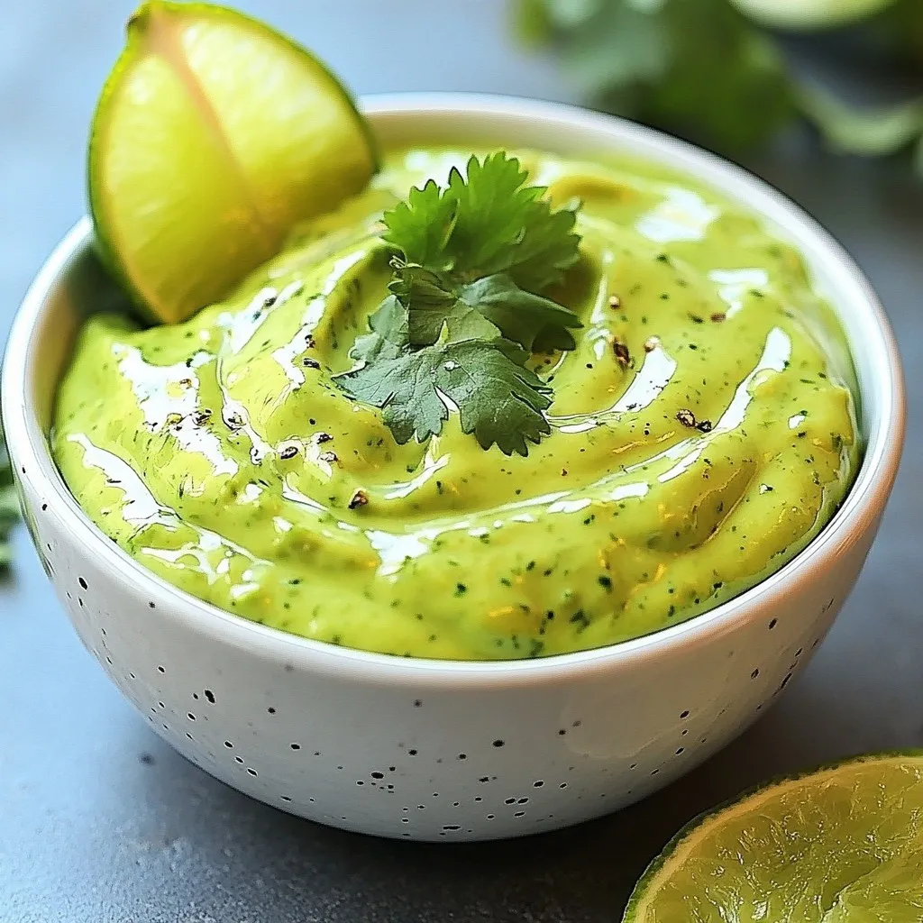 Here’s what you need for the creamy avocado cilantro dressing: - 1 ripe avocado - 1/2 cup fresh cilantro leaves - 1/4 cup Greek yogurt - 2 tablespoons lime juice (freshly squeezed) - 1 garlic clove, minced - 1/4 teaspoon cumin powder - Salt and pepper to taste - Water (as needed for consistency) Each ingredient plays a key role. The ripe avocado gives the dressing its creamy texture. Fresh cilantro adds a bright, herbal note. Greek yogurt brings a tangy creaminess that balances the flavors. Lime juice adds a refreshing zest, while minced garlic enhances the overall taste. Cumin powder gives a warm, earthy flavor. Finally, salt and pepper are crucial for seasoning. Water helps adjust the thickness to your liking. If you want a thinner dressing, add a little water after blending. This simple mix of fresh ingredients makes the dressing light and full of flavor. You can easily tweak the amounts to suit your taste. {{ingredient_image_1}} 1. Combining ingredients in a blender Start by gathering all your ingredients. You need one ripe avocado, half a cup of fresh cilantro leaves, a quarter cup of Greek yogurt, two tablespoons of lime juice, one minced garlic clove, and a pinch of cumin powder. Place them all in your blender. 2. Achieving a smooth consistency Secure the lid on your blender and blend the mixture. You want it to be smooth and creamy. Stop to scrape down the sides of the blender if needed. This ensures everything blends well. 3. Adjusting thickness with water If your dressing seems too thick, add water. Do this one tablespoon at a time. Blend again until you reach the desired thickness. Taste the dressing. You can add salt and pepper to make it just right. Once you have the perfect creamy texture, refrigerate the dressing. Let it sit for at least 30 minutes. This helps the flavors mix well. Enjoy this dressing on salads or as a dip! To boost the flavor of your creamy avocado cilantro dressing, consider these tips: - Add more lime juice. It gives the dressing a bright taste that lifts all the flavors. - Use fresh herbs. Fresh cilantro tastes better than dried. It makes the dressing vibrant. Getting the right texture is key for your dressing. Here’s how: - Adjust your blend time. Blend until smooth, but don’t overdo it. You want it creamy, not watery. - Use water wisely. If the dressing is thick, add water slowly. Blend after each addition to find your ideal consistency. Keeping your food safe is important. Here are some tips: - Handle raw garlic properly. Wash your hands and cutting board after touching it. This helps avoid any germs. - Know your storage duration. Keep this dressing in the fridge and use it within a week for the best taste. Always check for any off smells before using. Pro Tips Use Ripe Avocados: Make sure your avocados are ripe for the best flavor and creaminess. A ripe avocado will yield slightly when you press it gently. Adjust Consistency: If you prefer a thinner dressing, simply add more water until you achieve your desired consistency. Blend well after each addition. Enhance Flavor: For an extra flavor boost, consider adding a pinch of chili powder or a splash of apple cider vinegar to the mix. Storage Tips: This dressing can be stored in the refrigerator for up to 3 days. To prevent browning, cover it tightly and add a thin layer of lime juice on top. {{image_2}} You can switch up the base of the dressing easily. If you want a different taste, try sour cream instead of Greek yogurt. If you need a vegan option, use vegan yogurt. Both choices keep the creamy texture while adding their unique flavor. Feel free to add some heat! If you like spicy food, chop up a jalapeño and blend it in. You can also use chili powder or smoked paprika for a kick. These spices will change the flavor and make it more exciting. Want a chunkier dressing? Dice some tomatoes and mix them in. The tomatoes add great texture and taste. You can also try using other herbs. Basil or parsley will give the dressing a fresh twist. Experimenting with different ingredients helps you find the perfect flavor! To keep your creamy avocado cilantro dressing fresh, use an airtight container. This helps prevent air from spoiling your dressing. I recommend glass or BPA-free plastic containers. They work well for keeping flavors intact. Always seal the lid tightly after each use. Store the dressing in the fridge right after making it. The cool temperature helps maintain its creamy texture and vibrant taste. Your dressing will stay fresh for about 3 to 5 days in the fridge. After that, it may start to spoil. Always check for signs of spoilage before using it. Look for changes in color or smell. If the dressing turns brown or has an off smell, it’s time to toss it. If you see mold, discard it immediately. Keeping a close eye on your dressing ensures you enjoy it at its best! To make this dressing vegan, simply swap Greek yogurt for a plant-based yogurt. You can use coconut or almond yogurt. This keeps the creaminess and adds a nice flavor too. Use these alternatives in the same amount as Greek yogurt. You can use this dressing in many ways. It’s great on salads, especially with fresh greens. You can also drizzle it over tacos or grilled vegetables. It makes a tasty dip for fresh veggies or tortilla chips. Try it on a wrap for a burst of flavor. Yes, you can freeze this dressing. Pour it into an airtight container. Leave some space at the top for expansion. When you are ready to use it, let it thaw in the fridge overnight. It may need a quick blend to smooth it out again. The dressing stays fresh in the fridge for about 3 to 5 days. Store it in an airtight container to keep it fresh. Always check for any off smells or changes in color before using. If it looks or smells strange, it's best to throw it out. This blog post showed you how to make Creamy Avocado Cilantro Dressing. We covered the key ingredients, preparation steps, and useful tips. I also shared ways to customize the dressing to fit your taste. Remember, fresh ingredients lead to the best flavor. Use proper storage to keep it fresh longer. Enjoy experimenting with different ingredients and spice levels. Your salads and dips will shine with this dressing.