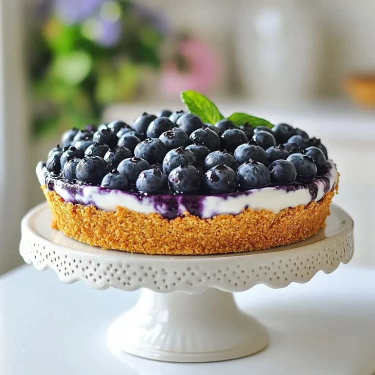 For this pie, you need 1 cup of fresh blueberries. These berries are sweet and juicy. They give the pie a bright color and flavor. You can add extra blueberries on top for a nice touch. You will use 2 cups of coconut milk. This makes the pie creamy and rich. If you prefer, you can swap it with almond milk. Both options work well and taste great. You need 1/2 cup of chia seeds for this recipe. They help the filling thicken. Chia seeds are tiny but mighty! They pack a lot of nutrition and fiber. You will add 1/4 cup of maple syrup for sweetness. You can also use agave syrup if you like. Add 1 teaspoon of vanilla extract for flavor. A pinch of cinnamon (1/2 teaspoon) adds warmth and depth. To make the crust, you will need 1 cup of crushed graham crackers. If you want a gluten-free option, use almond flour instead. Mix this with 1/4 cup of melted coconut oil and a pinch of salt. This creates a tasty base for your pie. {{ingredient_image_1}} To make the crust, take a medium bowl. Add crushed graham crackers or almond flour. Next, pour in melted coconut oil and a pinch of salt. Mix this well until it combines into a dough. Press this mixture evenly into the bottom of a 9-inch pie dish. This step is key for a solid pie base. Place the crust in the freezer while you prepare the filling. Grab a blender and add fresh blueberries, coconut milk, maple syrup, vanilla extract, and cinnamon. Blend all these ingredients until smooth and creamy. This blend creates a delicious flavor. Once smooth, pour the mixture into a bowl. Gradually add the chia seeds while stirring. This helps the seeds spread evenly. Let this sit for about 15 minutes. Stir it occasionally. You want it to thicken to a pudding-like consistency. After the filling has thickened, take the crust from the freezer. Pour the blueberry chia filling into the crust. Spread it evenly across the surface. This ensures every bite is tasty. Cover the pie with plastic wrap to keep it fresh. Refrigerate the pie for at least four hours. For best results, let it chill overnight. This time allows it to set properly. Before serving, top with extra fresh blueberries. They add a nice touch and flavor boost. Enjoy your delightful no-bake blueberry chia pie! When selecting blueberries, look for firm, plump berries. They should have a deep blue color. Avoid any with green or red spots. This means they are not ripe. Fresh blueberries taste best in this pie. If you can, buy them from local farms. This way, you support local farmers and get tastier berries. Chia seeds are key to making this pie thick. When you mix them with liquid, they absorb it well. Let the mixture sit for about 15 minutes. Stir it a few times to prevent clumps. The goal is a pudding-like texture. This ensures a nice filling that holds together. Serve the pie chilled for the best taste. It pairs well with whipped coconut cream. You can also add a sprinkle of cinnamon on top. For a fun twist, serve it with a scoop of vanilla ice cream. Each bite will be a delightful mix of flavors. Presentation matters! Top the pie with extra fresh blueberries for color. You can also add mint leaves for a pop of green. Slice the pie into even pieces for a neat look. Use a serrated knife for clean cuts. A beautiful pie makes it more enjoyable to eat! Pro Tips Use Frozen Blueberries: If fresh blueberries are not available, frozen blueberries work perfectly. Just be sure to thaw and drain them before blending for the filling. Sweetness Adjustment: Taste the blueberry mixture before adding all the maple syrup. Depending on the sweetness of your blueberries, you may want to adjust the syrup to your preference. Chia Seed Variation: You can substitute some of the chia seeds with ground flaxseed for added nutrition and a different flavor profile. Garnish Creativity: Feel free to get creative with toppings! Consider adding shredded coconut, nuts, or a dollop of coconut whipped cream for extra flair. {{image_2}} You can easily make this pie gluten-free. Instead of crushed graham crackers, use almond flour. This swap keeps the crust light and tasty. It also adds a nutty flavor. Just remember, the coconut oil still holds everything together. Feel free to switch up the blueberries. Raspberries, strawberries, or blackberries work well. Each fruit gives its own flavor. You can mix and match for fun. Just blend the fruit in the same way as the blueberries. If you want less sugar, try other sweeteners. Honey or agave syrup are good choices. You can also use stevia for a low-calorie option. Just make sure to taste as you go, so you get the right sweetness. Add zest to your pie with lemon or lime. A teaspoon of zest brightens the taste. You can also mix in spices like nutmeg for warmth. These small changes can create a unique pie each time. Store your no-bake blueberry chia pie in the fridge. Use an airtight container. This keeps the pie fresh. It also prevents it from absorbing other smells. If you plan to serve it later, cover it well. You can use plastic wrap or a lid. This pie is best enjoyed cold. You can freeze this pie if you need to save it. First, let it set completely in the fridge. After that, cut it into slices. Wrap each slice tightly in plastic wrap. Then, place the wrapped slices in a freezer-safe bag. Label the bag with the date. This pie can last up to three months in the freezer. The pie stays fresh in the fridge for about five days. After that, the quality might drop. The chia seeds can absorb moisture and change texture. If you see any signs of spoilage, it’s best to discard it. Always check the pie before serving. Enjoy your delicious treat while it’s fresh! The pie needs at least 4 hours to set in the fridge. For the best results, let it chill overnight. This time allows the chia seeds to thicken the filling. A longer chill helps the flavors blend well too. Yes, you can use frozen blueberries. Just thaw them before blending. This helps keep the texture smooth. Frozen blueberries work well and still give great flavor. However, fresh blueberries add a nice pop of color and taste. Yes, you can use almond flour for a vegan crust. Mix it with melted coconut oil and a pinch of salt. This keeps the pie vegan and gluten-free. The almond flour gives a nutty taste that pairs well with blueberries. To prevent clumping, add chia seeds slowly to the mixture. Stir well after each addition. This helps distribute them evenly. Let the mixture sit for about 15 minutes. Stir occasionally to keep everything smooth and creamy. You now have a clear guide to making a tasty blueberry pie. We discussed fresh blueberries, coconut milk, chia seeds, and sweeteners. You learned to prepare the crust, make the filling, assemble, and chill the pie. I shared tips for choosing ingredients and presented serving ideas. You can try variations like gluten-free options or different fruits. Remember how to store your pie for the best taste. Get creative and enjoy your pie!
