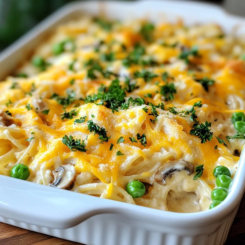 - 12 oz spaghetti or linguine - 2 cups cooked turkey, shredded or cubed - 1 cup mushrooms, sliced - 1 cup frozen peas - 1/2 cup onion, diced - 2 cloves garlic, minced For turkey tetrazzini, the main ingredients create a great base. The pasta gives a hearty feel. Shredded turkey adds protein and flavor. Mushrooms provide a nice earthy taste, while peas bring a pop of color. The onion and garlic will fill your kitchen with a rich aroma. - 3 cups chicken broth - 1 cup heavy cream - Salt and pepper to taste - 1 teaspoon dried thyme - 1 teaspoon garlic powder Next, we need liquids and seasonings. Chicken broth keeps the dish moist. Heavy cream adds a rich, creamy texture. Salt and pepper balance the flavors. Dried thyme gives a hint of earthiness, while garlic powder boosts the taste of the dish. - 1 cup shredded cheddar cheese - 1/2 cup grated Parmesan cheese - Fresh parsley, chopped (for garnish) Cheese is key for a tasty tetrazzini. Cheddar cheese melts well and adds creaminess. Parmesan cheese on top adds a nice, salty crunch. Fresh parsley adds color and freshness as a garnish. This final touch makes your dish look inviting and delicious. {{ingredient_image_1}} - Preheat oven to 350°F (175°C). - Cook spaghetti or linguine until al dente. First, set your oven to preheat. This step ensures that your dish bakes evenly. While the oven warms up, boil water in a large pot. Add salt to the water, then cook your pasta. Follow the package instructions for the best results. Once it's ready, drain the pasta and set it aside. - Sauté onion and garlic in butter until translucent. - Add mushrooms and cook until tender. Next, grab a large skillet and melt butter over medium heat. Add the diced onion and minced garlic. Stir until the onion turns translucent. This process adds a nice flavor base. Now, toss in sliced mushrooms and cook them until they're soft. This step enhances the taste and texture of your dish. - Stir in turkey, peas, thyme, and seasoning. - Incorporate chicken broth and heavy cream, simmering for 5 minutes. - Mix in cheddar cheese until melted, then combine with drained pasta. Now, it's time to add the main ingredients. Stir in your cooked turkey, frozen peas, dried thyme, garlic powder, salt, and pepper. Mix everything well. Then, pour in chicken broth and heavy cream. Let the mixture simmer for about 5 minutes. This helps the flavors meld together. After that, remove the skillet from heat and stir in cheddar cheese until it melts. Finally, mix in your drained pasta, ensuring everything is coated evenly. - Transfer mixture to a greased baking dish. - Top with Parmesan cheese and bake for 25-30 minutes. Now, take your mixture and transfer it to a greased baking dish. Sprinkle grated Parmesan cheese over the top. This step adds a delicious crust. Bake it in the oven for 25-30 minutes. You want the top to be golden and bubbly, which means it’s done. Enjoy the lovely smell as it cooks! - Ensure pasta is cooked al dente for the best texture. This means it should be firm but not hard. - Let the dish cool before serving for easier portioning. This helps keep the layers intact. - Add a splash of white wine for depth of flavor. It brings a nice richness to the dish. - Incorporate herbs like basil or oregano for added freshness. Fresh herbs can brighten up your meal. - Use a large skillet to cook your base. This helps to combine all ingredients well. - A sturdy baking dish is key. A 9x13-inch dish works best for even cooking. Pro Tips Use Leftover Turkey: This dish is perfect for using up leftover turkey from holiday meals, making it a great way to reduce waste. Cheese Variations: Feel free to mix different cheeses like mozzarella or gouda for a unique flavor profile that suits your taste. Add More Vegetables: You can enhance the nutrition by adding other vegetables such as bell peppers, spinach, or zucchini. Make It Ahead: This casserole can be prepared in advance and stored in the refrigerator. Just bake it when you’re ready to serve! {{image_2}} You can easily make this dish fit your diet. If you need gluten-free options, try using gluten-free pasta. It works just as well in this creamy dish. For those who are dairy-free, swap heavy cream for almond milk. You can also use dairy-free cheese to keep it rich and tasty. If you don’t have turkey, no worries! You can use chicken instead. It has a similar taste and texture. Want to try something different? Add tofu for a vegetarian twist. For a seafood option, shrimp adds a great flavor. Just cook it until it’s pink and tender. You can be creative with veggies in your tetrazzini. Spinach adds a nice color and nutrition. Bell peppers give it a sweet crunch. You can also use any seasonal veggies you like. Try zucchini in summer or squash in fall. Mixing in these adds flavor and makes the dish your own! To keep your turkey tetrazzini fresh, store it in the fridge. Place it in an airtight container. This helps keep out air and moisture. I recommend using glass or plastic containers with tight lids. They work well and make it easy to see what’s inside. You can freeze turkey tetrazzini for later. Make sure to let it cool first. Then, transfer it to a freezer-safe container. Use freezer bags if you want to save space. For the best quality, eat it within three months. Label the container with the date to keep track. To reheat, the oven is best for even warmth. Preheat it to 350°F (175°C). Place the tetrazzini in a baking dish and cover it with foil. Heat for about 20-25 minutes. For the microwave, use a microwave-safe dish. Heat in short bursts and stir in between. This keeps it moist and prevents drying out. Turkey Tetrazzini lasts about 3 to 4 days in the fridge. Store it in an airtight container to keep it fresh. Before serving, check for any off smells or mold. If it looks good, simply reheat it and enjoy! Yes, you can prepare Turkey Tetrazzini ahead of time. Cook the pasta and mix all the other ingredients. Place them in a baking dish but don’t bake it yet. Cover and store it in the fridge. When ready to bake, just pop it in the oven! You can serve Turkey Tetrazzini with many delicious sides. A fresh green salad adds a nice crunch. Garlic bread is great for mopping up the sauce. Roasted vegetables also pair well, adding color and flavor to your meal. You can use fresh turkey in this dish. Cook it first in a skillet until it’s no longer pink. Shred or cube the turkey before mixing it with the other ingredients. This gives your Tetrazzini a fresh and juicy taste! Turkey Tetrazzini is a tasty dish packed with rich flavors and comfort. We covered essential ingredients, cooking steps, fun tips, and even creative variations. Remember to adjust the recipe to fit your needs and preferences. This dish is perfect for using up leftover turkey while allowing for endless customization. Whether you keep it classic or add a twist, you cannot go wrong. Enjoy your cooking journey with Turkey Tetrazzini, and savor every bite.
