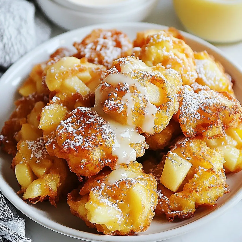 To make delicious baked apple fritters, you need the right ingredients. Here’s a simple list to help you gather what you need: - 2 cups all-purpose flour - 1 tablespoon baking powder - 1 teaspoon ground cinnamon - ½ teaspoon salt - ½ cup granulated sugar - ½ cup brown sugar, packed - 1 large egg - ¾ cup milk (or plant-based milk) - 1 teaspoon vanilla extract - 1 ½ cups apples, peeled, cored, and finely chopped - ¼ cup raisins (optional) - ½ cup powdered sugar (for glaze) - 2 tablespoons milk (for glaze) Each ingredient plays a key role in the flavor and texture of the fritters. The flour gives structure, while the baking powder helps them rise. Cinnamon adds warmth, and the sugars provide sweetness. Apples bring moisture and flavor, and the egg binds it all together. You can use any type of apple you like, but I prefer sweet-tart varieties for a nice balance. If you choose to add raisins, they give a little extra chew. The glaze is the finishing touch, making these fritters extra special. Gather these ingredients, and you are ready to bake! {{ingredient_image_1}} - Preheat oven to 375°F (190°C). - Line baking sheet with parchment paper. To start, you want the oven nice and hot. Preheating helps the fritters cook evenly. Lining the baking sheet keeps them from sticking. It also makes cleanup a breeze. - Whisk together flour, baking powder, cinnamon, salt, granulated sugar, brown sugar. In a large bowl, add the flour and baking powder. Next, sprinkle in the cinnamon and salt. Then, mix in both types of sugar. Whisking well ensures no lumps. This mixture gives the fritters their sweet, warm flavor. - Beat the egg and combine with milk and vanilla extract. - Mix into the dry ingredients. In a different bowl, crack the egg and beat it well. Pour in the milk and add the vanilla. Stir until everything blends smoothly. Then, pour this mix into the dry ingredients. Gently fold them together. Don't overmix; we want fluffy fritters! - Gently fold in chopped apples and optional raisins. Now, it’s time for the star of the show: the apples! Chop them finely and fold them into the batter. If you like a little extra sweetness, add the raisins too. This mix adds flavor and texture to your fritters. - Scoop batter onto baking sheet. - Bake for 15-20 minutes until golden brown. Using a spoon or ice cream scoop, drop the batter onto the prepared sheet. Space them out a bit. Bake them for 15 to 20 minutes. Keep an eye on them; they should be golden brown when done. A toothpick should come out clean from the center. - Whisk powdered sugar and milk until smooth. While the fritters bake, make the glaze. In a small bowl, mix powdered sugar with milk. Whisk until it’s smooth. Adjust it by adding more sugar for thickness or more milk for a runnier glaze. This sweet touch will make your fritters shine! To make the best baked apple fritters, avoid overmixing the batter. Mix just until the dry ingredients blend with the wet. This helps keep the fritters light and fluffy. Test for doneness with a toothpick. Insert it into a fritter, and if it comes out clean, your fritters are ready! Serve the fritters warm on a platter for a cozy touch. Dust them lightly with powdered sugar and sprinkle some cinnamon on top. This adds flavor and makes them look extra special. You can also add a few apple slices for color. Your guests will love it! If you have leftovers, store them in an airtight container. This keeps them fresh and tasty. When you want to enjoy them again, reheat in the oven. This method brings back their warm and soft texture, making them just as good as fresh! Pro Tips Fresh Apples: Use fresh, crisp apples like Granny Smith or Honeycrisp for the best flavor and texture in your fritters. Chill the Dough: For a thicker fritter and better shape, chill the batter in the refrigerator for about 30 minutes before baking. Glaze Variations: Experiment with flavored glazes by adding spices or extracts like almond or maple to the powdered sugar mixture. Storage Tips: Store leftover fritters in an airtight container at room temperature for up to 2 days or refrigerate for longer freshness. {{image_2}} You can make baked apple fritters even better! Try adding spices like nutmeg or allspice. These spices add warmth and depth to the flavor. Just a pinch can change the taste a lot. You can also mix in nuts for a fun crunch. Chopped walnuts or pecans work great here. They add texture and a nice nutty flavor. If you need a gluten-free option, swap the all-purpose flour for a gluten-free blend. This way, everyone can enjoy these treats. You can also use alternative sweeteners like honey or maple syrup. These sweeteners can add a unique taste and may be better for those watching sugar intake. While apples are a classic choice, you can try other fruits too. Pears or peaches can add a new twist to your fritters. Just make sure to chop them small. You can even experiment with dried fruits, like raisins or cranberries. These dried fruits give a sweet and chewy texture that pairs well with the fritters. Each baked apple fritter has about 150 calories. It contains 4 grams of fat, 25 grams of carbohydrates, and 2 grams of protein. You also get around 10 grams of sugar, which comes from the apples and added sugars. Each fritter provides 1 gram of dietary fiber, thanks to the apples. To make these fritters a bit healthier, you can reduce the sugar. Try using only ¼ cup of granulated sugar and ¼ cup of brown sugar. You can also swap out some of the all-purpose flour for whole wheat flour. This change adds more fiber and nutrients. To boost fiber even more, consider adding ground flaxseeds or chia seeds to the batter. Baked apple fritters pair well with Greek yogurt or a scoop of nut butter. This combo gives you protein and healthy fats. You can also enjoy them with a side of fresh fruit. This adds vitamins and minerals, making your meal more balanced. To check if your fritters are done, use the toothpick test. Insert a toothpick in the center of a fritter. If it comes out clean, your fritters are ready. This method helps ensure that the insides are cooked through. The fritters should also look golden brown on the outside. Yes, you can freeze baked apple fritters. Allow them to cool completely. Then, place them in an airtight container or freezer bag. You can store them for up to three months. To reheat, simply place them in a 350°F (175°C) oven for about 10-15 minutes. This keeps them warm and tasty. Baked apple fritters are lighter and less oily than fried ones. Baking uses hot air, creating a soft texture. Fried fritters are crispier and denser due to cooking in oil. Both have their charm, but baked fritters are easier to make with less mess. Yes, you can prepare the batter ahead of time. Mix all the dry ingredients and store them in a bowl. In a separate bowl, mix the wet ingredients. Keep both in the fridge for up to 24 hours. When you're ready to bake, combine them and add the apples. This saves time for busy days. This blog post covered making baked apple fritters from scratch. We discussed the ingredients, step-by-step instructions, and added tips for perfecting your fritters. You can also explore fun variations, review nutritional information, and get answers to common questions. These fritters are simple and delicious. Enjoy your baking and share these treats with family and friends!