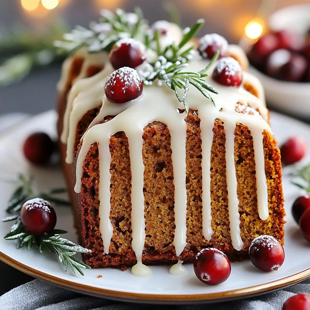 To make a moist gingerbread loaf, gather these ingredients: - 2 cups all-purpose flour - 1 teaspoon baking soda - 1 teaspoon ground ginger - 1 teaspoon ground cinnamon - ½ teaspoon ground cloves - ½ teaspoon salt - ¾ cup unsalted butter, softened - 1 cup brown sugar, packed - 2 large eggs - 1 cup molasses - 1 cup warm water - 1 teaspoon vanilla extract For the icing: - 1 cup powdered sugar - 2 tablespoons milk - ½ teaspoon vanilla extract Each ingredient plays a key role in the loaf's taste and texture. - All-purpose flour: This is the base of the loaf. It gives structure. - Baking soda: This helps the loaf rise and adds lightness. - Ground ginger, cinnamon, and cloves: These spices give the loaf its warm flavor. - Salt: Salt enhances sweetness and balances flavors. - Unsalted butter: This adds richness and moisture to the loaf. - Brown sugar: This sweetens and adds depth with its molasses content. - Eggs: Eggs help bind the ingredients and add moisture. - Molasses: This is key for that classic gingerbread flavor. It keeps the loaf moist. - Warm water: This helps combine ingredients and keeps the batter smooth. - Vanilla extract: This adds a sweet aroma and flavor. For the icing: - Powdered sugar: This creates a smooth, sweet topping. - Milk: This helps achieve the right consistency for the icing. - Vanilla extract: This adds a lovely flavor to the icing. If you need to substitute, here are some ideas: - Flour: Use whole wheat flour for a heartier loaf. - Butter: You can swap it for coconut oil for a dairy-free option. - Brown sugar: Use white sugar mixed with molasses for a similar flavor. - Molasses: Swap it with honey or maple syrup, but the flavor will change. - Eggs: Use flaxseed meal mixed with water as a vegan option. - Milk: Almond or oat milk works well in the icing. These substitutions can help you adapt the recipe to what you have on hand! {{ingredient_image_1}} Start by preheating your oven to 350°F (175°C). This helps the loaf bake evenly. While the oven warms, grab a 9x5 inch loaf pan. Grease it with butter or cooking spray. Then, dust it with flour to prevent sticking. This simple step ensures a smooth release after baking. Next, gather a medium bowl. Add 2 cups of all-purpose flour, 1 teaspoon of baking soda, 1 teaspoon of ground ginger, 1 teaspoon of ground cinnamon, ½ teaspoon of ground cloves, and ½ teaspoon of salt. Use a whisk to mix these dry ingredients well. This blends the spices and gives your loaf great flavor. In a large bowl, take ¾ cup of softened unsalted butter and 1 cup of packed brown sugar. Use an electric mixer to cream them together. Mix until the mixture is light and fluffy. This process adds air, making your loaf tender. Don’t rush! It takes about 3-5 minutes for the right texture. Now, add 2 large eggs to the butter and sugar mix. Beat in each egg one at a time. Then stir in 1 cup of molasses and 1 teaspoon of vanilla extract. Mix until everything is combined. Gradually add the dry mix to the wet mix. Alternate this with 1 cup of warm water. Start and end with the dry mix to keep it fluffy. Mix just until combined to avoid a dense loaf. Pour the batter into the prepared loaf pan. Smooth the top with a spatula for even baking. Place the pan in your preheated oven and bake for about 60-65 minutes. Check for doneness by inserting a toothpick into the center. If it comes out clean, your loaf is ready. Once baked, let it cool in the pan for 10 minutes before transferring it to a wire rack. This cooling step keeps it moist. For the icing, grab a small bowl. Whisk together 1 cup of powdered sugar, 2 tablespoons of milk, and ½ teaspoon of vanilla extract. Mix until it is smooth and creamy. Once your gingerbread loaf is fully cooled, drizzle the icing over the top. Let it drip down the sides for a beautiful finish. To make a moist gingerbread loaf, use fresh ingredients. Use soft butter and fresh eggs. These will help create a light texture. Always measure ingredients accurately. Too much flour can dry out your loaf. Another trick is to add warm water gradually. This keeps the batter moist and smooth. Finally, do not overmix the batter. Mixing too much can lead to a tough loaf. Avoid these common mistakes for success. First, do not skip the greasing step. It helps the loaf come out easily. Second, always preheat your oven. A hot oven helps the loaf rise well. Third, check your baking time. Each oven is different. Use a toothpick to test doneness. If it comes out clean, your loaf is ready. Lastly, let the loaf cool before slicing. Slicing too soon can make it crumbly. For the icing, wait until the loaf is cool. Warm bread will melt the icing. Use a whisk to mix the icing well. It should be smooth and pourable. Drizzle the icing from the center and let it flow down the sides. You can use a spoon or a piping bag for neat lines. For a fun touch, sprinkle some spices on top of the icing. This adds flavor and looks great! Pro Tips Use Fresh Spices: Ensure your ground spices are fresh for the best flavor. Old spices can lose their potency, resulting in a less aromatic gingerbread loaf. Room Temperature Ingredients: Make sure your butter and eggs are at room temperature before mixing. This helps create a smoother batter and a more even rise. Check Doneness Early: Start checking for doneness a few minutes before the suggested baking time. Ovens can vary, and you don’t want to overbake the loaf. Experiment with Add-ins: Feel free to add chopped nuts, dried fruit, or chocolate chips to the batter for added texture and flavor. Just be mindful of the overall moisture content. {{image_2}} You can make your gingerbread loaf even more fun by adding nuts or dried fruits. Chopped walnuts or pecans add a nice crunch. Dried cranberries or raisins bring sweetness and chewy texture. Just fold them into the batter before pouring it into the loaf pan. Use about 1 cup of any mix you like. This small change can make your loaf feel special and unique. Switching up spices can change the whole taste of your gingerbread loaf. Try adding nutmeg for warmth or cardamom for a hint of citrus. You can use allspice or even a dash of black pepper for a kick. Just keep the main spices like ginger and cinnamon to keep that classic flavor. Experimenting with spices allows you to create your own twist on this classic treat. If you want a healthier loaf, consider using whole wheat flour. It adds fiber and makes your loaf heartier. You can also make a vegan version. Simply replace the eggs with flaxseed meal mixed with water. Use plant-based butter and almond milk instead of regular milk. These options keep the flavor while making the loaf a bit lighter. Enjoying a slice can be a guilt-free treat! To keep your gingerbread loaf fresh, wrap it tightly in plastic wrap. This prevents air from drying it out. You can also place it in an airtight container. Store it at room temperature for short-term use. If you want to keep it longer, consider refrigerating it. Just remember to bring it back to room temperature before serving. Freezing your gingerbread loaf is simple. First, let the loaf cool completely. Next, slice the loaf to make it easy to thaw a single piece later. Wrap each slice in plastic wrap and place them in a freezer-safe bag. Make sure to label the bag with the date. Your loaf can last up to three months in the freezer. When ready to enjoy, thaw it in the fridge overnight or at room temperature for a few hours. Gingerbread with icing keeps well, but its shelf life is shorter. Stored properly, it lasts about three days at room temperature. If refrigerated, it can last up to a week. The icing may soften over time, but the flavor stays great. For the best taste, consume it within a few days. If you freeze it, the icing may change in texture, but it will still taste delicious. A moist gingerbread loaf comes from a few key ingredients. The molasses adds rich moisture and sweetness. The butter also contributes fat, making the loaf tender. Eggs help bind everything and add moisture too. Using warm water in the mix helps keep the batter smooth and adds more liquid. If you mix gently, you avoid overworking the batter, which keeps it light and fluffy. Yes, you can make this gingerbread loaf ahead of time. You can bake it a day or two in advance. Just let it cool completely before wrapping it tightly. Store it at room temperature or in the fridge for up to three days. The flavors deepen with time, making it even tastier! You can serve gingerbread loaf in many fun ways! Slice it thick or thin, based on your preference. Drizzle the icing on top for a sweet touch. You can add a dollop of whipped cream or a scoop of ice cream for extra indulgence. Garnish with fresh cranberries or rosemary for a festive look. Yes, but the baking time might change. If you use a smaller pan, the loaf may bake faster. If you use a larger pan, it might take longer. Always check for doneness by inserting a toothpick in the center. It should come out clean when the loaf is done. The best way to tell if your gingerbread loaf is done is to use a toothpick. Insert it into the center of the loaf. If it comes out clean or with a few crumbs attached, it’s ready. The top should look set and slightly springy to the touch. If it jiggles, give it more time in the oven. You learned how to create a moist gingerbread loaf, the key ingredients, and their roles. We explored each step, from mixing to baking, ensuring your success. Helpful tips and substitutions can help you adapt this recipe to your taste. Remember, storage is essential for freshness. With all this knowledge, you can bake a delicious gingerbread loaf with confidence. Enjoy the sweet aroma and flavors you create!