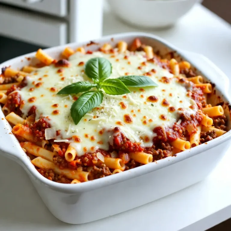 - 12 oz ziti pasta - 1 lb ground beef - 1 small onion, diced - 3 cloves garlic, minced Baked ziti starts with ziti pasta. This pasta shape holds sauce and cheese well. Next is ground beef. It adds protein and flavor. Diced onion and minced garlic bring depth to the dish. These ingredients create a tasty base. - 1 can (28 oz) crushed tomatoes - 2 cups marinara sauce - 1 teaspoon Italian seasoning - 1 teaspoon red pepper flakes (optional, for heat) For the sauce, I use crushed tomatoes and marinara. These provide a rich, tangy flavor. Italian seasoning adds herbs that make the dish flavorful. If you like heat, add red pepper flakes. - 2 cups ricotta cheese - 2 cups shredded mozzarella cheese - 1 cup grated Parmesan cheese - Fresh basil for garnish Cheese is key in baked ziti. I use ricotta for creaminess. Shredded mozzarella melts beautifully and adds stretch. Grated Parmesan gives a salty kick. Fresh basil on top is a nice touch. It adds color and freshness to the dish. {{ingredient_image_1}} 1. Preheat the oven and cook the ziti pasta Start by preheating your oven to 375°F (190°C). This helps create a nice, warm environment for baking. While the oven heats, cook 12 oz of ziti pasta. Follow the package directions until it is al dente. This means it should still have a slight bite. Once done, drain the pasta and set it aside. 2. Sauté ground beef, onions, and garlic Next, grab a large skillet. Set it over medium heat and add 1 lb of ground beef. Cook it until it turns brown. This should take about 5-7 minutes. Add in 1 small diced onion and 3 minced garlic cloves. Stir well until the onion becomes soft and translucent. This step adds great flavor. 3. Combine crushed tomatoes and marinara Once the meat is ready, stir in 1 can of crushed tomatoes and 2 cups of marinara sauce. Add 1 teaspoon of Italian seasoning, and if you like heat, toss in 1 teaspoon of red pepper flakes. Don't forget to season with salt and pepper. Let this mix simmer for about 10 minutes. This will help all the flavors come together. 4. Mix in cooked ziti and ricotta In a large bowl, combine the cooked ziti with the beef mixture. Next, add in 2 cups of ricotta cheese. Mix everything well until the pasta is completely coated with the sauce. This creates a rich and creamy base. 5. Layering the dish and adding cheese Now, take a greased 9x13 inch baking dish. Spread half of the pasta mixture evenly in the dish. Sprinkle 1 cup of mozzarella cheese over this layer. Then, add the rest of the pasta mixture on top. Finish by adding the remaining mozzarella cheese and all of the grated Parmesan cheese. 6. Baking times and tips for perfect cheese topping Cover the baking dish with aluminum foil. Bake it in the preheated oven for 25 minutes. After that, remove the foil and bake for an additional 15-20 minutes. You want the cheese to get bubbly and golden brown. Once finished, let the dish cool for 5 minutes before slicing. If you like, garnish with fresh basil for a pop of color and flavor. To make the best baked ziti, choose the right pasta. I always use ziti because it holds sauce well. Cook the pasta until it's al dente. This means it should be firm but not hard. Drain the pasta right after cooking to stop the cooking process. When mixing, stir gently. You want to coat every piece of pasta with sauce and cheese. This ensures every bite gets the same great flavor. Cheese choice can change the whole dish. I love using ricotta for its creamy texture. Mozzarella adds that gooey stretch we all love. Parmesan gives a nice sharp flavor that enhances the dish. For layering, start with half the pasta mix at the bottom. Then sprinkle a cup of mozzarella on top for a cheesy base. Add the rest of the pasta and finish with more mozzarella and Parmesan. This way, each bite is cheesy and delicious. Baked ziti pairs well with a simple salad. A fresh green salad adds a nice crunch. Garlic bread is another great choice. It soaks up extra sauce and complements the meal. For a drink, consider serving a light red wine or sparkling water. This makes for a complete and satisfying family meal. Pro Tips Use Quality Ingredients: Choosing high-quality cheeses and tomatoes will elevate the flavor of your baked ziti significantly. Customize the Heat: Adjust the amount of red pepper flakes based on your heat preference; you can also add sliced jalapeños for an extra kick! Layering is Key: Make sure to evenly layer the pasta and cheese for consistent melting and flavor throughout the dish. Let it Rest: Allow the baked ziti to cool for a few minutes before slicing; this helps the layers set and makes serving easier. {{image_2}} If you want to change the meat in your baked ziti, you have great options. Ground turkey is a lean choice. It keeps the dish light while still being tasty. Ground chicken works too. Both meats can soak up the flavors well. For those who prefer no meat, try using lentils or mushrooms. These add texture and flavor. You can also use plant-based ground meat. It gives a similar taste and feel to traditional ground beef. You can switch up the sauce for a new taste. Alfredo sauce gives a creamy twist. Pesto adds great herbs and fresh flavor. Both options can make your baked ziti unique. You can choose homemade or store-bought sauces. Homemade sauce tastes fresh and can be healthier. Store-bought sauce is quick and easy. I recommend looking for brands with fewer preservatives for the best flavor. Adding veggies boosts the nutrition in your baked ziti. Spinach, zucchini, or bell peppers work well. They blend nicely with the pasta and cheese. You can also add cooked spinach or shredded carrots. If you like heat, try adding red pepper flakes. They add a nice kick. You can also use Italian seasoning for extra flavor. Adjust the spices to match your taste. After enjoying Baked Ziti, you may have some left. Here’s how to store it: - Refrigerating: Allow the dish to cool down. Then, cover it tightly with foil or plastic wrap. This keeps moisture in and prevents it from drying out. - Duration: Baked Ziti lasts about 3 to 5 days in the fridge. If you want to keep it longer, freeze it. When it’s time to reheat, you want to keep it tasty. Here are some tips: - Oven method: Preheat your oven to 350°F (175°C). Place the ziti in a baking dish. Cover it with foil to keep moisture inside. Heat for about 20-25 minutes. Check if it’s warm all the way through. - Microwave method: Use a microwave-safe dish. Cover it with a microwave-safe lid or wrap. Heat in 1-minute intervals, stirring in between, until hot. - Refreshing cheese: To make the cheese bubbly again, sprinkle a little extra mozzarella on top before reheating. It’ll melt beautifully and add flavor. Making Baked Ziti takes about one hour. First, you spend 20 minutes to prep. This includes cooking the pasta and browning the beef. Then, you cook it in the oven for around 40 minutes. This time includes baking with foil and finishing without it. Yes, you can make Baked Ziti ahead of time. To do this, prepare the dish up to the baking step. Cover it tightly and store it in the fridge for up to 24 hours. When you’re ready to bake, just add 10-15 minutes to the cooking time. This way, you’ll have a hot meal ready when you need it. If you don’t have ricotta cheese, use cottage cheese. It has a similar texture. You can also try cream cheese for a richer taste. Both options will change the flavor a bit but still work well in this dish. Baked Ziti is a warm and tasty dish made with simple ingredients. We covered the main ingredients, cooking steps, and tips for great flavor and texture. You can even try fun variations or add your favorite veggies. Store it right to keep it fresh. Enjoy sharing this meal with family or friends. The love you put into making it adds to its great taste. Happy cooking!