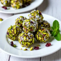 To make delicious cranberry pistachio truffles, you need a few key items: - 1 cup pitted dates - 1/2 cup dried cranberries - 1/2 cup raw pistachios, shelled - 1/4 cup unsweetened coconut flakes - 1 tablespoon cocoa powder - 1/2 teaspoon vanilla extract - Pinch of salt - Extra chopped pistachios and coconut flakes for rolling These ingredients blend well. The dates give sweetness. The cranberries add a tart flavor. The pistachios bring a nice crunch. Coconut flakes add texture and fun. You can try adding some optional ingredients to enhance flavor: - A sprinkle of cinnamon - A dash of orange zest - A touch of maple syrup These extras can change the taste. They allow for creativity in your truffles. Try different combinations to find what you like best. Each truffle is a small treat. Here’s the nutrition breakdown per serving, based on 12 servings: - Calories: 100 - Protein: 2g - Fat: 4g - Carbohydrates: 15g - Fiber: 2g - Sugar: 8g These truffles are a sweet but healthy option. They offer energy and nutrients without guilt. Enjoy them as a snack or dessert! {{ingredient_image_1}} Start by gathering all your ingredients. You will need: - 1 cup pitted dates - 1/2 cup dried cranberries - 1/2 cup raw pistachios, shelled - 1/4 cup unsweetened coconut flakes - 1 tablespoon cocoa powder - 1/2 teaspoon vanilla extract - Pinch of salt - Extra chopped pistachios and coconut flakes for rolling Next, take a food processor. Add the pitted dates, dried cranberries, and raw pistachios. Pulse until the mix is finely chopped and sticky. This step helps bind your truffles. Now, add coconut flakes, cocoa powder, vanilla extract, and a pinch of salt. Process again until it all combines into a sticky dough. This mix has rich flavors! After that, scrape the mixture into a bowl. Refrigerate it for 30 minutes. Chilling makes it easier to shape the truffles. Once chilled, take out the bowl. Use your hands to scoop out small amounts of the mixture. Aim for about 1 tablespoon per truffle. Roll each piece into a ball. Next, roll each truffle in extra chopped pistachios and coconut flakes. This gives them a nice coating and crunch. After rolling, place the truffles on a lined baking sheet or plate. Refrigerate them again for another 30 minutes. This helps them firm up. To present your truffles, arrange them on a decorative plate. A sprig of fresh mint adds a nice pop of color. You can also use small decorative cupcake liners. This gives an elegant touch to your treats. Enjoy showing off your beautiful, festive truffles! To make your truffles smooth and creamy, blend your dates well. The mixture should stick together. If it feels too dry, add a little water or more cranberries. When the dough is sticky, it rolls better. After chilling, the texture becomes firmer. This makes rolling easier and helps them hold their shape. You can swap pitted dates with figs or raisins. These will still give you sweetness. If you don’t have raw pistachios, use walnuts or almonds. For a nut-free option, try sunflower seeds. You can also replace coconut flakes with ground oats if you want a different texture. One common mistake is not pulsing the ingredients enough. You want to reach a sticky dough consistency. Avoid using too much cocoa powder, as it can overpower the fruit flavors. If your truffles fall apart, they might need more chilling time. Lastly, ensure you coat them well with chopped nuts or coconut for a yummy finish. Pro Tips Use Fresh Dates: Fresh pitted dates will make your truffles sweeter and improve the texture. Look for dates that feel soft and plump. Chill for Easy Rolling: Chilling the mixture helps it firm up, making it easier to roll into perfect truffle balls without sticking to your hands. Experiment with Coatings: Feel free to use different coatings like crushed almonds, cocoa powder, or even sprinkles for a fun twist on the traditional look. Storage Tips: Store your truffles in an airtight container in the refrigerator for up to a week. You can also freeze them for longer shelf life! {{image_2}} You can change the flavors of these truffles easily. Try adding orange zest for a bright twist. You can swap dried cranberries for other dried fruits like apricots or cherries. For a richer taste, add almond extract instead of vanilla. Experimenting with flavors makes each batch unique and fun. These truffles are naturally gluten-free and vegan. The main ingredients are all plant-based and safe for most diets. If you want to make them nut-free, use sunflower seeds instead of pistachios. This keeps the truffles safe for kids with allergies. You can also use maple syrup instead of dates for a different sweet touch. Seasonal ingredients can add a special touch to your truffles. In winter, add a pinch of cinnamon or nutmeg for warmth. During spring, you could mix in chopped fresh mint for a refreshing taste. Summer is perfect for adding berries or coconut for a tropical vibe. Each season gives you a chance to play with flavors! To keep your truffles fresh, store them in an airtight container. Place a sheet of parchment paper between layers to avoid sticking. Keep the container in the fridge. This helps maintain their fine texture and flavor. You can freeze the truffles for longer storage. First, place them on a baking sheet in a single layer. Freeze them until firm, about one hour. Then, transfer them to an airtight container. They can last up to three months in the freezer. Just thaw them in the fridge before you enjoy them again. When stored properly in the fridge, these truffles last up to two weeks. Their sweet and nutty flavors will stay fresh. If you choose to freeze them, the taste remains just as delightful when thawed. Enjoy these sweet treats anytime! No, fresh cranberries are too tart. Dried cranberries add a sweet touch. They also blend better into the truffle mixture. If you use fresh, you might need more sweetener to balance the flavors. To change the sweetness, add more or less pitted dates. Dates are natural sweeteners. You can also use maple syrup or honey. Just mix them in slowly to avoid making the dough too wet. Taste as you go to find the right balance. You can find these truffles at some gourmet shops. Look in health food stores or local bakeries. Online retailers may also sell them. Always check for quality and ingredients before buying. In this blog post, I covered how to make delicious cranberry pistachio truffles. We explored the key ingredients and their nutritional benefits. I shared step-by-step instructions and tips for perfect texture and common mistakes. You can also try fun variations to suit your taste and diet. Keep these tips in mind as you make your own truffles. Enjoy the process and share your tasty treats!