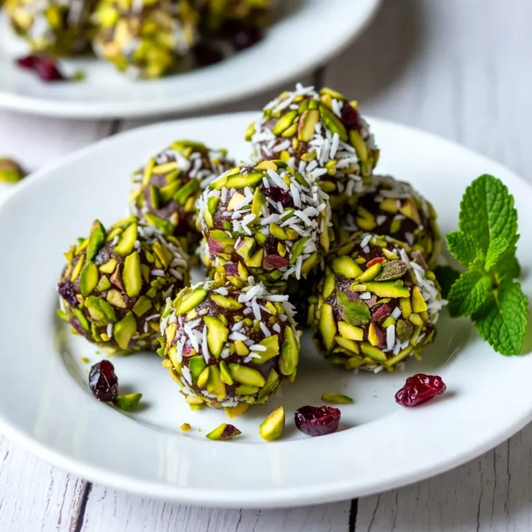 To make delicious cranberry pistachio truffles, you need a few key items: - 1 cup pitted dates - 1/2 cup dried cranberries - 1/2 cup raw pistachios, shelled - 1/4 cup unsweetened coconut flakes - 1 tablespoon cocoa powder - 1/2 teaspoon vanilla extract - Pinch of salt - Extra chopped pistachios and coconut flakes for rolling These ingredients blend well. The dates give sweetness. The cranberries add a tart flavor. The pistachios bring a nice crunch. Coconut flakes add texture and fun. You can try adding some optional ingredients to enhance flavor: - A sprinkle of cinnamon - A dash of orange zest - A touch of maple syrup These extras can change the taste. They allow for creativity in your truffles. Try different combinations to find what you like best. Each truffle is a small treat. Here’s the nutrition breakdown per serving, based on 12 servings: - Calories: 100 - Protein: 2g - Fat: 4g - Carbohydrates: 15g - Fiber: 2g - Sugar: 8g These truffles are a sweet but healthy option. They offer energy and nutrients without guilt. Enjoy them as a snack or dessert! {{ingredient_image_1}} Start by gathering all your ingredients. You will need: - 1 cup pitted dates - 1/2 cup dried cranberries - 1/2 cup raw pistachios, shelled - 1/4 cup unsweetened coconut flakes - 1 tablespoon cocoa powder - 1/2 teaspoon vanilla extract - Pinch of salt - Extra chopped pistachios and coconut flakes for rolling Next, take a food processor. Add the pitted dates, dried cranberries, and raw pistachios. Pulse until the mix is finely chopped and sticky. This step helps bind your truffles. Now, add coconut flakes, cocoa powder, vanilla extract, and a pinch of salt. Process again until it all combines into a sticky dough. This mix has rich flavors! After that, scrape the mixture into a bowl. Refrigerate it for 30 minutes. Chilling makes it easier to shape the truffles. Once chilled, take out the bowl. Use your hands to scoop out small amounts of the mixture. Aim for about 1 tablespoon per truffle. Roll each piece into a ball. Next, roll each truffle in extra chopped pistachios and coconut flakes. This gives them a nice coating and crunch. After rolling, place the truffles on a lined baking sheet or plate. Refrigerate them again for another 30 minutes. This helps them firm up. To present your truffles, arrange them on a decorative plate. A sprig of fresh mint adds a nice pop of color. You can also use small decorative cupcake liners. This gives an elegant touch to your treats. Enjoy showing off your beautiful, festive truffles! To make your truffles smooth and creamy, blend your dates well. The mixture should stick together. If it feels too dry, add a little water or more cranberries. When the dough is sticky, it rolls better. After chilling, the texture becomes firmer. This makes rolling easier and helps them hold their shape. You can swap pitted dates with figs or raisins. These will still give you sweetness. If you don’t have raw pistachios, use walnuts or almonds. For a nut-free option, try sunflower seeds. You can also replace coconut flakes with ground oats if you want a different texture. One common mistake is not pulsing the ingredients enough. You want to reach a sticky dough consistency. Avoid using too much cocoa powder, as it can overpower the fruit flavors. If your truffles fall apart, they might need more chilling time. Lastly, ensure you coat them well with chopped nuts or coconut for a yummy finish. Pro Tips Use Fresh Dates: Fresh pitted dates will make your truffles sweeter and improve the texture. Look for dates that feel soft and plump. Chill for Easy Rolling: Chilling the mixture helps it firm up, making it easier to roll into perfect truffle balls without sticking to your hands. Experiment with Coatings: Feel free to use different coatings like crushed almonds, cocoa powder, or even sprinkles for a fun twist on the traditional look. Storage Tips: Store your truffles in an airtight container in the refrigerator for up to a week. You can also freeze them for longer shelf life! {{image_2}} You can change the flavors of these truffles easily. Try adding orange zest for a bright twist. You can swap dried cranberries for other dried fruits like apricots or cherries. For a richer taste, add almond extract instead of vanilla. Experimenting with flavors makes each batch unique and fun. These truffles are naturally gluten-free and vegan. The main ingredients are all plant-based and safe for most diets. If you want to make them nut-free, use sunflower seeds instead of pistachios. This keeps the truffles safe for kids with allergies. You can also use maple syrup instead of dates for a different sweet touch. Seasonal ingredients can add a special touch to your truffles. In winter, add a pinch of cinnamon or nutmeg for warmth. During spring, you could mix in chopped fresh mint for a refreshing taste. Summer is perfect for adding berries or coconut for a tropical vibe. Each season gives you a chance to play with flavors! To keep your truffles fresh, store them in an airtight container. Place a sheet of parchment paper between layers to avoid sticking. Keep the container in the fridge. This helps maintain their fine texture and flavor. You can freeze the truffles for longer storage. First, place them on a baking sheet in a single layer. Freeze them until firm, about one hour. Then, transfer them to an airtight container. They can last up to three months in the freezer. Just thaw them in the fridge before you enjoy them again. When stored properly in the fridge, these truffles last up to two weeks. Their sweet and nutty flavors will stay fresh. If you choose to freeze them, the taste remains just as delightful when thawed. Enjoy these sweet treats anytime! No, fresh cranberries are too tart. Dried cranberries add a sweet touch. They also blend better into the truffle mixture. If you use fresh, you might need more sweetener to balance the flavors. To change the sweetness, add more or less pitted dates. Dates are natural sweeteners. You can also use maple syrup or honey. Just mix them in slowly to avoid making the dough too wet. Taste as you go to find the right balance. You can find these truffles at some gourmet shops. Look in health food stores or local bakeries. Online retailers may also sell them. Always check for quality and ingredients before buying. In this blog post, I covered how to make delicious cranberry pistachio truffles. We explored the key ingredients and their nutritional benefits. I shared step-by-step instructions and tips for perfect texture and common mistakes. You can also try fun variations to suit your taste and diet. Keep these tips in mind as you make your own truffles. Enjoy the process and share your tasty treats!