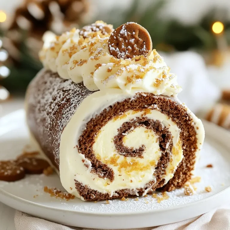 To make the Gingerbread Swiss Cake Roll, gather these simple items: - 3 large eggs - 3/4 cup granulated sugar - 1 teaspoon vanilla extract - 1/4 cup unsweetened cocoa powder - 1 teaspoon baking powder - 1 tablespoon ground ginger - 1 tablespoon ground cinnamon - 1/4 teaspoon ground nutmeg - 1/4 teaspoon salt - 1/2 cup all-purpose flour - 1/4 cup molasses - 1 cup heavy cream - 2 tablespoons powdered sugar - 1/2 teaspoon ground cinnamon (for whipped cream) You can make your cake roll look festive! Consider these fun toppings: - Crushed gingerbread cookies - A dusting of powdered sugar - Fresh mint leaves for color Before you start, gather these tools to help you: - A 15x10-inch jelly roll pan - Parchment paper - Mixing bowls - Whisk - Spatula - Clean kitchen towel - Plastic wrap - Electric mixer (for whipped cream) These ingredients and tools will set you up for a joyful baking experience. Get ready to enjoy a delicious holiday treat! {{ingredient_image_1}} Start with your oven. Preheat it to 350°F (175°C). Grab a jelly roll pan, size 15x10 inches. Line it with parchment paper, leaving some paper hanging over the sides. This helps later when you take the cake out. In a bowl, whisk three large eggs with 3/4 cup of granulated sugar. Mix until the color turns pale and thick. Add in one teaspoon of vanilla extract and stir. Now, in a separate bowl, sift together the dry ingredients. Use 1/4 cup of unsweetened cocoa powder, one teaspoon of baking powder, one tablespoon of ground ginger, one tablespoon of ground cinnamon, 1/4 teaspoon of ground nutmeg, 1/4 teaspoon of salt, and 1/2 cup of all-purpose flour. Mix these well. Gradually fold the dry mix into the egg mixture. Be gentle to keep it light. Finally, fold in 1/4 cup of molasses until smooth. Pour the batter into your prepared pan. Spread it evenly using a spatula. Bake the cake for 12 to 15 minutes. It is ready when it springs back after a gentle touch. Once baked, take it out and let it cool for a few minutes. Place a clean kitchen towel on your counter and dust it with powdered sugar. Now, invert the cake onto this towel. Carefully peel off the parchment paper. While the cake is warm, start at one end and roll it up with the towel. This forms a nice spiral shape. Let it cool completely in this rolled position for about 30 minutes. While your cake cools, prepare the whipped cream. In a bowl, beat one cup of heavy cream with 2 tablespoons of powdered sugar and 1/2 teaspoon of ground cinnamon. Keep beating until soft peaks form. After the cake has cooled, gently unroll it. Spread the whipped cream evenly over the cake, leaving a small edge. Now, roll the cake back up, starting where you first rolled it. This time, do not use the towel. Wrap the rolled cake in plastic wrap and refrigerate it for at least one hour. When you are ready to serve, slice the gingerbread Swiss roll into rounds. You can sprinkle some crushed gingerbread cookies on top for a festive touch. Enjoy! To make sure your gingerbread Swiss cake roll is fluffy, focus on whisking. Beat the eggs and sugar until they become pale and thick. This step adds air, which keeps the cake light. Use room temperature eggs for better volume. When folding in the dry ingredients, do it gently. Overmixing can lead to a dense cake. Cracks can spoil the look of your roll. To prevent this, do not overbake the cake. Keep an eye on it and remove it once it springs back. When rolling the cake, do it while it’s warm. This helps shape it without breaking. Use a kitchen towel dusted with powdered sugar for easy rolling. Store any leftover cake roll in plastic wrap. This keeps it fresh and moist. Place it in the fridge for up to three days. If you want to keep it longer, freeze the roll. Wrap it tightly in plastic wrap and foil. It can last up to two months in the freezer. When ready to eat, let it thaw in the fridge overnight. Pro Tips Fresh Spices: Using freshly ground spices can enhance the flavor profile of your gingerbread roll, giving it a more vibrant and aromatic taste. Chill the Cream: For better whipping, make sure your mixing bowl and beaters are chilled before whipping the cream. This helps achieve soft peaks more quickly. Even Baking: Rotate the pan halfway through baking to ensure even cooking, especially if your oven has hot spots that can cause uneven baking. Moisture Control: If your cake feels too dry after baking, try adding a small amount of milk to the whipped cream mixture to keep the filling moist and creamy. {{image_2}} You can change up the flavor of the gingerbread Swiss cake roll. Instead of ginger and cinnamon, try using pumpkin spice for a fall twist. You could also use lemon zest for a bright taste. If you love chocolate, add more cocoa powder for a richer flavor. Vanilla is another great option to create a smooth taste. Experiment and find what you like best! For a gluten-free version, swap all-purpose flour with a gluten-free blend. Make sure it has xanthan gum for structure. You can also use almond flour, but note that it might change the texture. Most gingerbread spices work well with gluten-free options. Just watch the baking time, as it may vary. The filling is where you can really get creative! You can use cream cheese frosting for a tangy bite. If you want something fruity, try adding a layer of raspberry jam. For extra richness, use chocolate ganache instead of whipped cream. You could even fold in nuts or dried fruits for added crunch. The possibilities are endless, so have fun! To keep your gingerbread Swiss cake roll fresh, wrap it tightly in plastic wrap. This helps keep the moisture in. You should store it in the fridge if you plan to eat it in a few days. It lasts well for up to five days when stored this way. If you have leftover slices, place them in an airtight container. This will help them stay soft and tasty. You can also freeze the cake roll for longer storage. First, wrap it tightly in plastic wrap. Then, place it in a freezer bag or container. It will stay good for about three months in the freezer. When you’re ready to enjoy it, move the roll to the fridge for a day to thaw. This keeps it moist and delicious. If you want to enjoy the cake roll warm, you can reheat it gently. Preheat your oven to 300°F (150°C). Place the roll on a baking sheet. Cover it with aluminum foil to avoid drying out. Heat it for about 10-15 minutes. This method helps keep the cake soft. Always check to make sure it is warm throughout before serving. A Gingerbread Swiss Cake Roll is a festive dessert. It features a soft, spiced cake rolled with whipped cream. This cake has warm flavors like ginger, cinnamon, and nutmeg. The cake's dark color comes from cocoa powder and molasses. It looks beautiful when sliced, revealing a spiral of cream. This dessert is perfect for holiday gatherings or cozy family dinners. Yes, you can make this cake roll ahead of time. Prepare the cake and fill it with whipped cream. Then, wrap it tightly in plastic wrap. Store the roll in the fridge for up to two days. This helps the flavors blend and makes serving easy. Just slice it before your guests arrive. You can also freeze it for later. Just make sure to thaw it in the fridge before serving. Serving a Gingerbread Swiss Cake Roll is simple and fun. Slice the roll into rounds about one inch thick. Arrange the slices on a festive platter. You can sprinkle crushed gingerbread cookies on top for extra flair. Consider adding a dollop of whipped cream beside each slice. This gives a lovely touch and makes it even more inviting. Serve with a warm drink for a perfect holiday treat. In this article, we covered the essential ingredients for the Gingerbread Swiss Cake Roll, including optional garnishes and necessary kitchen tools. I shared step-by-step instructions for preparing the batter and baking the cake. You learned tips for making it fluffy and storing leftovers effectively. We explored variations in flavors and fillings to enhance your cake experience. Making this delightful roll allows creativity and joy in the kitchen. Enjoy every slice and don’t hesitate to share your unique twists!