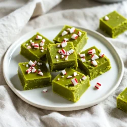 To make Grinch Green Fudge, gather these simple items: - 2 cups white chocolate chips - 1 can (14 oz) sweetened condensed milk - 1 teaspoon peppermint extract - A few drops of green food coloring - 1/2 cup crushed peppermint candies or candy canes - 1/4 cup chopped nuts (optional) - Pinch of salt You can add more fun with these extras: - A sprinkle of sea salt on top for contrast. - Colored sprinkles for a festive touch. - Chopped dried fruit for added flavor. These additions make the fudge even more special. Using good ingredients makes a big difference. High-quality white chocolate melts better and tastes richer. The sweetened condensed milk adds creaminess. Fresh peppermint candies give a bold flavor. If using nuts, choose fresh ones for the best crunch. Quality ingredients lead to a delicious treat you will love to share. {{ingredient_image_1}} Start by lining an 8x8-inch baking pan. Use parchment paper for easy removal. Let some paper hang over the edges. This will help you lift the fudge out later. In a medium saucepan, add 2 cups of white chocolate chips. Pour in one can of sweetened condensed milk. Heat this over low heat. Stir constantly. You want the mixture smooth and melted. This step takes time, so be patient. Once melted, take the saucepan off the heat. Now, stir in one teaspoon of peppermint extract. Add a few drops of green food coloring. Keep mixing until you get the green shade you like. Next, fold in ½ cup of crushed peppermint candies. If you want, add ¼ cup of chopped nuts too. Mix well to spread everything evenly. To get that bright Grinch green, use just a few drops of green food coloring. Start with one drop. Mix it in and check the shade. If you want it brighter, add more drops. Remember, a little goes a long way. You want a fun, festive look without overdoing it. For a smooth fudge, melt the white chocolate and sweetened condensed milk carefully. Stir constantly over low heat. This helps avoid burning. If you want a creamier texture, be sure to mix in the crushed peppermint well. This adds a nice crunch while keeping it soft. When it's time to serve, cut the fudge into neat squares. Arrange them on a colorful plate. To make it pop, sprinkle more crushed peppermint on top. This adds a lovely touch and a holiday feel. You can even wrap some in clear bags for gifts. Everyone loves a sweet treat! Pro Tips Use Good Quality Chocolate: The flavor of your fudge largely depends on the quality of the white chocolate chips. Choose a brand that you enjoy eating on its own for the best results. Adjust the Color: Start with just a few drops of green food coloring and gradually add more until you reach your desired shade of green. This helps avoid over-coloring. Cool Before Cutting: Allow the fudge to cool in the refrigerator for the full 2 hours or until it's completely set. This ensures clean cuts and a better texture. Experiment with Add-ins: Feel free to customize your fudge by adding different mix-ins like chocolate chips, dried fruits, or other nuts to create unique flavors. {{image_2}} You can twist the classic Grinch Green Fudge by changing the flavor. Try using vanilla or almond extract instead of peppermint. This gives a unique taste while keeping that festive green. You can also mix in different types of chocolate, like dark or milk chocolate, for a richer flavor profile. If you're feeling adventurous, add a splash of orange or lemon extract for a fun citrus note. The fun part of making fudge is adding your favorite treats. You can fold in mini marshmallows for a chewy texture. Dried fruits, like cranberries or cherries, can add a pop of color and sweetness. You can also use crushed cookies, such as Oreos or ginger snaps, for a crunchy twist. If you love nuts, try walnuts or pecans for a nutty crunch. You can easily modify this fudge for different diets. For a vegan version, use dairy-free chocolate chips and coconut milk instead of sweetened condensed milk. If you're looking for a sugar-free option, there are sugar substitutes available that work well in fudge. Just check the package for the right ratios. Always ensure that any mix-ins you choose fit your dietary needs. To keep your Grinch Green Fudge fresh, store it in an airtight container. Place parchment paper between layers to prevent sticking. This method protects the fudge from drying out and keeps it soft. You can also wrap individual pieces in plastic wrap for easy grabs. Yes, you can freeze Grinch Green Fudge. Cut it into squares and place them in a freezer-safe bag. Remove as much air as possible to prevent freezer burn. When you're ready to enjoy, thaw it in the fridge overnight. Avoid microwaving, as it can change the texture. When stored correctly, Grinch Green Fudge lasts about two weeks at room temperature. If you keep it in the fridge, it can last up to three weeks. For frozen fudge, aim to consume it within three months for the best taste. Always check for any signs of spoilage before enjoying! No, dark chocolate will not work well here. The fudge needs white chocolate's creamy base. This helps the green color shine bright. Dark chocolate has a stronger taste, which changes the flavor. Stick with white chocolate for the best results. To cut the sweetness, try these tips: - Use less sweetened condensed milk. - Add more crushed peppermint candies for balance. - Mix in a little sea salt to offset sugar. These changes let the peppermint flavor come through more. Grinch Green Fudge came from the love of holiday treats. It takes its name from the famous Grinch character. The Grinch steals Christmas but ends up loving it! This fudge is a fun way to celebrate the season. It brings joy and a pop of color to your holiday table. You learned about the key ingredients for Grinch Green Fudge. You saw how to prepare the pan and melt the chocolate. I shared tips for perfect color and texture. You explored fun variations to try. Finally, I covered the best ways to store your fudge. Making this treat is easy and fun. Quality ingredients make a big difference. Enjoy your Grinch Green Fudge with friends and family!