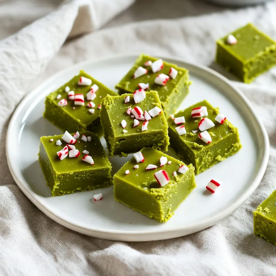To make Grinch Green Fudge, gather these simple items: - 2 cups white chocolate chips - 1 can (14 oz) sweetened condensed milk - 1 teaspoon peppermint extract - A few drops of green food coloring - 1/2 cup crushed peppermint candies or candy canes - 1/4 cup chopped nuts (optional) - Pinch of salt You can add more fun with these extras: - A sprinkle of sea salt on top for contrast. - Colored sprinkles for a festive touch. - Chopped dried fruit for added flavor. These additions make the fudge even more special. Using good ingredients makes a big difference. High-quality white chocolate melts better and tastes richer. The sweetened condensed milk adds creaminess. Fresh peppermint candies give a bold flavor. If using nuts, choose fresh ones for the best crunch. Quality ingredients lead to a delicious treat you will love to share. {{ingredient_image_1}} Start by lining an 8x8-inch baking pan. Use parchment paper for easy removal. Let some paper hang over the edges. This will help you lift the fudge out later. In a medium saucepan, add 2 cups of white chocolate chips. Pour in one can of sweetened condensed milk. Heat this over low heat. Stir constantly. You want the mixture smooth and melted. This step takes time, so be patient. Once melted, take the saucepan off the heat. Now, stir in one teaspoon of peppermint extract. Add a few drops of green food coloring. Keep mixing until you get the green shade you like. Next, fold in ½ cup of crushed peppermint candies. If you want, add ¼ cup of chopped nuts too. Mix well to spread everything evenly. To get that bright Grinch green, use just a few drops of green food coloring. Start with one drop. Mix it in and check the shade. If you want it brighter, add more drops. Remember, a little goes a long way. You want a fun, festive look without overdoing it. For a smooth fudge, melt the white chocolate and sweetened condensed milk carefully. Stir constantly over low heat. This helps avoid burning. If you want a creamier texture, be sure to mix in the crushed peppermint well. This adds a nice crunch while keeping it soft. When it's time to serve, cut the fudge into neat squares. Arrange them on a colorful plate. To make it pop, sprinkle more crushed peppermint on top. This adds a lovely touch and a holiday feel. You can even wrap some in clear bags for gifts. Everyone loves a sweet treat! Pro Tips Use Good Quality Chocolate: The flavor of your fudge largely depends on the quality of the white chocolate chips. Choose a brand that you enjoy eating on its own for the best results. Adjust the Color: Start with just a few drops of green food coloring and gradually add more until you reach your desired shade of green. This helps avoid over-coloring. Cool Before Cutting: Allow the fudge to cool in the refrigerator for the full 2 hours or until it's completely set. This ensures clean cuts and a better texture. Experiment with Add-ins: Feel free to customize your fudge by adding different mix-ins like chocolate chips, dried fruits, or other nuts to create unique flavors. {{image_2}} You can twist the classic Grinch Green Fudge by changing the flavor. Try using vanilla or almond extract instead of peppermint. This gives a unique taste while keeping that festive green. You can also mix in different types of chocolate, like dark or milk chocolate, for a richer flavor profile. If you're feeling adventurous, add a splash of orange or lemon extract for a fun citrus note. The fun part of making fudge is adding your favorite treats. You can fold in mini marshmallows for a chewy texture. Dried fruits, like cranberries or cherries, can add a pop of color and sweetness. You can also use crushed cookies, such as Oreos or ginger snaps, for a crunchy twist. If you love nuts, try walnuts or pecans for a nutty crunch. You can easily modify this fudge for different diets. For a vegan version, use dairy-free chocolate chips and coconut milk instead of sweetened condensed milk. If you're looking for a sugar-free option, there are sugar substitutes available that work well in fudge. Just check the package for the right ratios. Always ensure that any mix-ins you choose fit your dietary needs. To keep your Grinch Green Fudge fresh, store it in an airtight container. Place parchment paper between layers to prevent sticking. This method protects the fudge from drying out and keeps it soft. You can also wrap individual pieces in plastic wrap for easy grabs. Yes, you can freeze Grinch Green Fudge. Cut it into squares and place them in a freezer-safe bag. Remove as much air as possible to prevent freezer burn. When you're ready to enjoy, thaw it in the fridge overnight. Avoid microwaving, as it can change the texture. When stored correctly, Grinch Green Fudge lasts about two weeks at room temperature. If you keep it in the fridge, it can last up to three weeks. For frozen fudge, aim to consume it within three months for the best taste. Always check for any signs of spoilage before enjoying! No, dark chocolate will not work well here. The fudge needs white chocolate's creamy base. This helps the green color shine bright. Dark chocolate has a stronger taste, which changes the flavor. Stick with white chocolate for the best results. To cut the sweetness, try these tips: - Use less sweetened condensed milk. - Add more crushed peppermint candies for balance. - Mix in a little sea salt to offset sugar. These changes let the peppermint flavor come through more. Grinch Green Fudge came from the love of holiday treats. It takes its name from the famous Grinch character. The Grinch steals Christmas but ends up loving it! This fudge is a fun way to celebrate the season. It brings joy and a pop of color to your holiday table. You learned about the key ingredients for Grinch Green Fudge. You saw how to prepare the pan and melt the chocolate. I shared tips for perfect color and texture. You explored fun variations to try. Finally, I covered the best ways to store your fudge. Making this treat is easy and fun. Quality ingredients make a big difference. Enjoy your Grinch Green Fudge with friends and family!