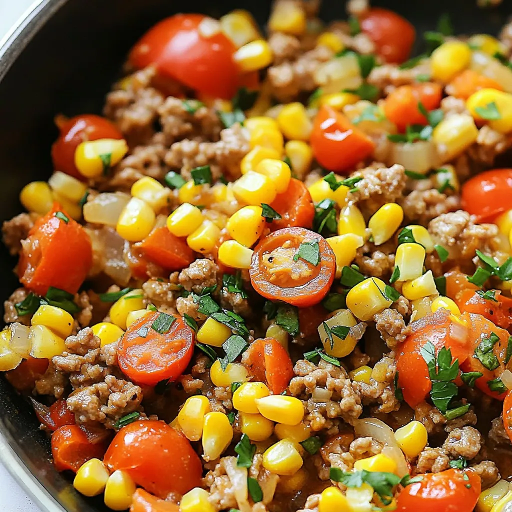 - 1 pound ground turkey - 2 tablespoons ranch seasoning mix - 4 cloves garlic, minced - 1 medium onion, diced - 2 bell peppers (red and yellow), diced The main ingredients create a tasty base for this dish. Ground turkey provides lean protein. The ranch seasoning mix adds a burst of flavor. Garlic, onions, and bell peppers offer sweetness and depth. Together, they make a savory blend that is hard to resist. - 1 cup corn (canned or frozen) - 1 cup cherry tomatoes, halved Adding corn gives a nice crunch and sweetness. Cherry tomatoes bring color and fresh flavor. You can use these ingredients if you like. They make the dish more filling and fun. - 2 tablespoons olive oil - Salt and pepper to taste - Fresh parsley, chopped, for garnish Olive oil helps cook the veggies and turkey. Salt and pepper enhance all the flavors. Fresh parsley adds a pop of color and freshness. Use it to make your dish look beautiful and bright. With these ingredients, you can create a delicious and easy meal. Each part plays a role in making this dish a favorite. Enjoy cooking it and sharing it with your loved ones! {{ingredient_image_1}} First, heat the olive oil in your large skillet over medium heat. Once the oil shimmers, add the diced onions and bell peppers. Sauté them for about 5 to 7 minutes. You want them soft and translucent. This step builds a strong base for your dish. Next, add the minced garlic. This enhances the flavor greatly. Stir it in with the vegetables for about 1 to 2 minutes. You’ll notice a lovely aroma fill your kitchen. Now, push the vegetables to one side of the skillet. On the other side, add the ground turkey. Break it apart with your spatula. Cook it for about 6 to 8 minutes. Keep stirring until it’s browned and cooked through. Once the turkey is almost done, sprinkle in the ranch seasoning mix. This adds a burst of flavor. Stir everything together and cook for another 2 minutes. The garlic and ranch will make your dish pop. It’s time to mix in the corn and cherry tomatoes. Add them to the skillet and stir well. Cook for about 3 to 4 minutes. This step heats everything through and combines the flavors. Finally, season with salt and pepper to taste. This is where you can adjust to your preference. Remove the skillet from heat and garnish with fresh parsley. This adds a bright touch and makes your meal look beautiful. Enjoy your Turkey Ranch Garlic Skillet! - Adjust the ranch seasoning to match your taste. Start with two tablespoons. You can add more if you want a stronger flavor. - Use fresh vegetables when possible. Fresh bell peppers and onions add crunch and zest. Frozen corn works well too. Canned corn is fine, but fresh is best. - Set your heat to medium when you sauté. This helps the veggies soften without burning. - Stir the ingredients often for even cooking. Push the turkey around to break it up. This ensures every bit cooks through. - Serve this dish with rice or quinoa for a hearty meal. - It pairs nicely with a side salad or roasted veggies. Fresh greens balance the flavors well. Pro Tips Choose Lean Turkey: Opt for lean ground turkey to reduce fat content and make the dish healthier without sacrificing flavor. Customize Your Veggies: Feel free to add or substitute vegetables like zucchini or spinach for added nutrition and color. Make it Spicy: For a kick, add some red pepper flakes or chopped jalapeños when cooking the turkey. Serve with a Side: Pair this skillet dish with rice, quinoa, or a fresh salad for a complete meal. {{image_2}} You can easily switch the turkey for chicken or beef. Both options work well. Chicken gives a lighter taste. Beef adds a richer flavor. For vegetarians, try using meat alternatives. Crumbled tempeh or lentils work great in this dish. They soak up the flavors nicely. You can boost the taste by adding different vegetables. Try zucchini or spinach for extra greens. Mushrooms add a nice earthy flavor. You can also play with spices. Adding paprika or chili powder can spice things up. A pinch of cumin gives a warm tone. If you need a gluten-free version, check your ranch mix. Some brands contain gluten. You can make your own mix using herbs and spices. For low-carb or keto diets, skip the corn and tomatoes. You can replace them with cauliflower rice or more veggies. This keeps the dish filling and tasty. Store your Turkey Ranch Garlic Skillet in an airtight container. Let it cool to room temperature before sealing. This helps avoid moisture build-up, which can lead to spoilage. Place it in the fridge within two hours of cooking. When reheating, warm it on the stove or in the microwave. Stir it occasionally to ensure even heating. Heat until it's steaming hot to kill any germs. Freezing is a great way to save leftovers. Portion out the skillet into freezer-safe containers. Leave some space at the top for expansion. Label each container with the date. When you are ready to eat, move a container to the fridge overnight. This allows it to thaw safely. Reheat it on the stove or in the microwave until hot. This tasty dish lasts about three to four days in the fridge. If frozen, it can last up to three months. Check for signs of spoilage before eating. If you see any mold or a strange smell, it’s best to throw it out. Keeping track of storage dates helps ensure you enjoy your meals at their best. Yes, you can use raw ground turkey. Start with one pound. Heat two tablespoons of olive oil in your skillet. Then, add diced onions and bell peppers. Sauté them until they soften. Push the veggies to one side. Add the raw turkey to the other side. Break it up with a spatula. Cook until it's brown, about six to eight minutes. Then, add minced garlic and ranch seasoning. To add heat, consider these tips. First, mix in some red pepper flakes. Start with a small amount, like a quarter teaspoon. You can increase it as you like. You can also add a diced jalapeño for fresh heat. If you want more flavor, try a splash of hot sauce at the end. Taste as you go to get it just right. Yes, you can make this dish ahead of time. Prepare the Turkey Ranch Garlic Skillet and let it cool. Then, store it in an airtight container. It keeps well in the fridge for three to four days. When ready to eat, just reheat it in a skillet or microwave. You can also freeze it for up to three months. Just thaw it in the fridge before reheating. This makes meal prep easy! This blog post outlined how to create a flavorful Turkey Ranch Garlic Skillet. We covered key ingredients like ground turkey and ranch seasoning, along with cooking techniques to enhance flavors. I shared tips for adapting the dish, whether for different diets or flavor profiles. Remember, you can easily make this dish your own with simple variations. Enjoy your cooking, and don't hesitate to experiment with what you like best!