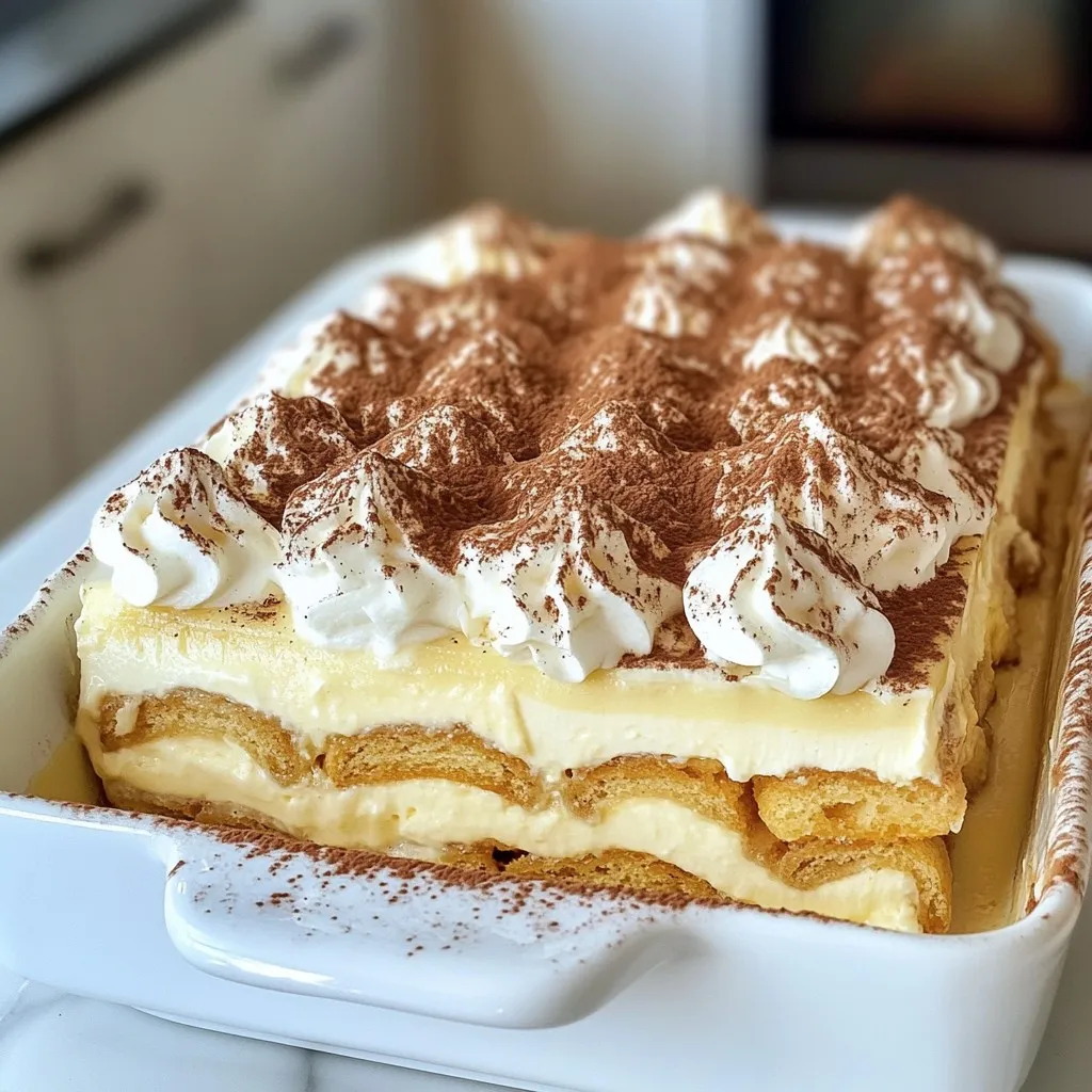 To make the perfect Eggnog Tiramisu, you need a few key ingredients: - 1 cup eggnog - 1 cup mascarpone cheese - 1 cup heavy cream - 1/2 cup granulated sugar - 1 teaspoon vanilla extract - 1/2 teaspoon ground nutmeg - 1 package ladyfinger cookies - Cocoa powder for dusting - Extra nutmeg for garnish These ingredients work together to create a rich, creamy dessert. The eggnog gives it a festive twist, while the mascarpone adds smoothness. You can easily swap some ingredients if needed. - For a lighter version, use low-fat cream cheese instead of mascarpone. - If you want less sugar, try using a sugar substitute. - You can use dairy-free cream for a vegan option. Just check the label to ensure it whips well. Feel free to get creative with these swaps! Using high-quality ingredients matters a lot. Fresh eggnog makes a big difference in flavor. Choose a thick, rich mascarpone for creaminess. The better your ingredients, the better your dessert will taste. This makes your Eggnog Tiramisu a showstopper at any holiday gathering. When you use fresh and quality items, you guarantee a delightful treat for everyone. {{ingredient_image_1}} First, gather your ingredients. You need eggnog, mascarpone cheese, heavy cream, sugar, vanilla extract, and nutmeg. This mix makes the dessert rich and creamy. 1. In a large bowl, add the mascarpone cheese, heavy cream, sugar, vanilla extract, and nutmeg. 2. Use an electric mixer to beat the mix on medium speed. 3. Keep mixing until it is smooth and creamy. It should form soft peaks. This step is key for a fluffy texture. Now, it’s time to layer. Start by pouring the eggnog into a shallow dish. Dip each ladyfinger in the eggnog. Make sure to soak them quickly. You want them moist but not soggy. 1. Take a rectangular dish, about 9x13 inches. 2. Lay down the soaked ladyfingers at the bottom. Cover the base completely. 3. Spoon half of the mascarpone mix over the ladyfingers. Spread it out evenly. 4. Repeat the layer with more ladyfingers and the rest of the mascarpone mix on top. 5. Smooth the top layer with a spatula. To get the best texture, let your tiramisu chill. - Cover the dish with plastic wrap. - Refrigerate it for at least 4 hours. Overnight is even better. This helps the flavors blend well. - Just before serving, dust cocoa powder on top. Add extra nutmeg for a festive touch. These tips ensure a creamy, rich dessert that your guests will love. Soaking ladyfingers is key for great texture. Dip each ladyfinger in eggnog just long enough. You want them moist but not soggy. A quick dip of about one second does the trick. Use a shallow dish for easy soaking. This helps you get the right amount of eggnog on each cookie. Place the soaked ladyfingers in your dish right after dipping. This keeps them from getting too wet. You can make this dessert a day early. Preparing it ahead gives the flavors time to blend. Follow the steps, but don't add the cocoa powder until just before serving. Cover the dish well with plastic wrap. This keeps it fresh and tasty in the fridge. It can sit in the fridge for up to two days. Just remember to dust it with cocoa and nutmeg before you serve. When serving, use a sharp knife for clean slices. This dessert looks great in a clear dish. The layers should be visible, showing the creamy filling and soaked ladyfingers. Dust the top with cocoa powder for a nice touch. Sprinkle a little extra nutmeg on top for added flavor. You can also add some festive decorations, like a sprig of mint. This makes it look even more special for your holiday table. Pro Tips Use Fresh Eggnog: For the best flavor, use fresh eggnog instead of store-bought. If you can find homemade or artisanal eggnog, it will enhance the richness of your tiramisu. Chill Your Ingredients: Ensure your mascarpone cheese and heavy cream are well chilled before mixing. This will help achieve a thicker and creamier texture. Layering Technique: When layering the ladyfingers and mascarpone mixture, ensure the ladyfingers are not overly soaked to maintain their structure and prevent sogginess. Overnight Refrigeration: For optimal flavor and texture, allow the tiramisu to set overnight. This will enhance the melding of flavors and create a more cohesive dessert. {{image_2}} You can change the taste of your eggnog tiramisu easily. Try adding spices like cinnamon or ginger for a warm twist. You can also use flavored extracts, like almond or rum, instead of vanilla. This adds a unique touch that can surprise your guests. Another idea is to mix in a bit of coffee or espresso. It gives a lovely depth to the dessert and adds a nice kick. Ladyfingers are the classic choice for tiramisu, but you can try other cookies too. Consider using gingerbread cookies for a festive flavor. They add a nice spice that pairs well with eggnog. You can also use shortbread cookies for a buttery taste. If you want something chocolatey, chocolate wafer cookies work great. Just make sure the cookies can hold up when dipped in eggnog. You can easily make eggnog tiramisu gluten-free. Just use gluten-free ladyfingers or cookies. Many brands offer tasty options. For a vegan version, swap the mascarpone cheese with vegan cream cheese and use coconut cream instead of heavy cream. Choose a plant-based eggnog that fits your needs. These variations still keep the creamy texture and festive taste, making everyone happy at your holiday table. To keep your eggnog tiramisu fresh, store it in the fridge. Use a tight lid or wrap it with plastic wrap. Keep it in the coldest part of your fridge, not in the door. This helps avoid temperature changes that can spoil the dessert. It’s best to enjoy your tiramisu cold, so don’t skip this step. You can freeze leftover eggnog tiramisu for up to three months. Cut it into portions and wrap each piece tightly in plastic wrap. Place the wrapped pieces in a freezer bag. When you want to eat it, thaw it in the fridge overnight. Avoid refreezing after thawing to keep the texture nice. Your eggnog tiramisu will stay good in the fridge for about four to five days. Look for changes in color or smell. If it has an off odor or a watery texture, it's best to throw it away. Trust your senses; they help keep you safe and healthy. Enjoy your delicious dessert while it’s fresh! Yes, you can use store-bought eggnog. It saves time and works well. Just pick a brand you enjoy. The flavor of the eggnog will shine in your tiramisu. Look for a creamy version for the best taste. You can store leftover Eggnog Tiramisu for about three days. Keep it in the fridge, covered. The flavors will blend and deepen over time. Just remember, it tastes best fresh. If you can't find mascarpone cheese, try cream cheese. Mix it with a bit of heavy cream to soften it. Ricotta cheese can also work, but it may change the texture slightly. Adjust the sugar to taste for a sweet balance. In this blog post, we explored all about making Eggnog Tiramisu. We covered ingredients, step-by-step instructions, tips, variations, and storage information. Quality ingredients boost flavor, while layering techniques ensure the best texture. Remember, you can customize your dessert to fit your taste. Stick to the best practices for soaking and storage to keep your dish fresh. With these tips, you can create a delightful treat that impresses. Enjoy making and sharing this tasty dessert with friends and family!