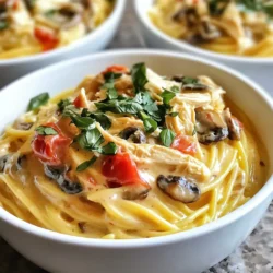 - 1.5 pounds boneless, skinless chicken breasts - 1 can (10.5 oz) cream of mushroom soup - 1 can (15 oz) diced tomatoes, undrained - 1 cup chicken broth - 1 packet (1 oz) Italian seasoning - 1 teaspoon garlic powder - 1/2 teaspoon black pepper - 8 ounces spaghetti, broken into thirds - 1 cup heavy cream - 1 cup shredded mozzarella cheese To create a creamy crockpot chicken spaghetti, you need key ingredients. Chicken breasts serve as the base protein. Cream of mushroom soup adds rich flavor and creaminess. Diced tomatoes bring in a nice acidity that balances the dish. Chicken broth helps keep everything moist. Italian seasoning and garlic powder offer depth in flavor. The broken spaghetti cooks well in the sauce. Finally, heavy cream and mozzarella cheese make the dish ultra creamy and delicious. - Black pepper - Salt to taste - Fresh basil, chopped (for garnish) - Optional extras: Parmesan cheese Seasoning is important for taste. Black pepper and salt elevate the flavors of the dish. Fresh basil adds color and a fresh taste when served. If you want even more cheese, sprinkle some Parmesan on top. Using these ingredients, you’ll make a meal that is both simple and delightful. Each bite is creamy and packed with flavor, making it a family favorite. {{ingredient_image_1}} 1. Start by placing the chicken breasts in the bottom of the crockpot. Make sure they lay flat and do not overlap. This helps them cook evenly. 2. In a separate bowl, mix the cream of mushroom soup, the can of diced tomatoes (with juice), chicken broth, Italian seasoning, garlic powder, black pepper, and salt. Stir until all the ingredients blend well. This mixture will add rich flavor to the chicken. 3. Pour your soup mixture over the chicken. Ensure that the chicken is well covered. This step is key to keeping the chicken moist during cooking. 4. Cover the crockpot. Cook on low for 6 hours or on high for 3 hours. The low setting gives a more tender chicken, while the high setting speeds up the process. 5. Once cooking time is up, carefully take the chicken out. Use two forks to shred the chicken into bite-sized pieces. Return the shredded chicken back to the crockpot. 6. Stir in the broken spaghetti and heavy cream. Mix everything well to ensure the spaghetti gets coated. 7. Cover the crockpot again and cook on high for an additional 30-40 minutes. This allows the spaghetti to cook until tender. 8. After the time is up, stir in the shredded mozzarella cheese. Mix until it melts and becomes creamy. This adds a cheesy goodness to the dish. 9. Taste and adjust the seasoning if necessary. You can add more salt or pepper based on your preference. 10. Serve in deep bowls and garnish with fresh basil for a pop of color. Enjoy your creamy crockpot chicken spaghetti! - Adjusting seasonings to taste: Start with the recipe's seasonings. Taste as you go. If you want more flavor, add salt, pepper, or garlic powder. Each kitchen has its own taste, so trust your gut. - Using homemade cream of mushroom soup: While canned soup works, homemade adds depth. Blend fresh mushrooms, broth, and cream. This gives the dish a richer taste. Plus, you know exactly what’s in it. - Ensuring spaghetti is cooked properly: Cook the spaghetti until it's al dente. It should have a slight bite. If overcooked, it becomes mushy in the crockpot. Add it in after the chicken is shredded for the best texture. - Managing creaminess with heavy cream addition: Heavy cream makes the dish rich and smooth. Add it slowly and mix well. This keeps the sauce from being too thick. If it feels too heavy, you can lighten it by using half-and-half instead. Pro Tips Use Thighs for Extra Flavor: If you prefer a richer taste, substitute chicken breasts with boneless, skinless chicken thighs. They remain juicy and flavorful during the slow cooking process. Customize Your Veggies: Add sliced bell peppers, mushrooms, or spinach to the crockpot for added nutrients and flavor. Just toss them in with the chicken and sauce at the beginning. Cheese Variations: Experiment with different types of cheese like cheddar or pepper jack for a unique twist on flavor. You can mix and match to find your perfect combination! Make It Ahead: This dish is perfect for meal prep. You can make it a day in advance and store it in the fridge. Just reheat it on the stove or in the microwave before serving. {{image_2}} You can change this recipe to suit your taste. Instead of chicken, try using turkey or pork. If you want a meat-free option, tofu works well too. Each protein brings its own flavor to the dish. If you want to switch up the pasta, penne or fusilli are great choices. These shapes hold sauces well. They can also give a fun twist to your chicken spaghetti. Add more veggies for extra nutrition. Spinach, bell peppers, and mushrooms all work well. They add color and flavor to your dish. Toss in your favorite vegetables for a personal touch. If you like some heat, add crushed red pepper or hot sauce. It gives the dish a spicy kick. Adjust the amount to fit your spice level. You can always add more, but you can’t take it out! After making your creamy crockpot chicken spaghetti, let it cool. Then, store leftovers in an airtight container. This helps keep the dish fresh. Place it in the fridge if you plan to eat it within three to four days. For longer storage, freeze portions for later use. Use freezer-safe bags or containers. Make sure to label them with the date. Leftovers can last up to three months in the freezer. When it’s time to enjoy your leftovers, you have a few options. For quick reheating, use the microwave. Place a portion in a microwave-safe bowl. Cover it loosely to avoid splatter. Heat on medium power until warm, stirring halfway through. For stovetop reheating, add a splash of chicken broth to a pan. Heat over low heat, stirring gently. This helps keep the dish creamy. Always check the temperature and stir well before serving. You can use several items. Try cream of chicken soup for a similar taste. You can also make your own by blending cooked mushrooms with heavy cream. Another option is using a mix of sour cream and chicken broth. This gives a nice flavor too. Yes, you can prep this dish ahead. First, mix the sauce and chicken as directed. Store it in the fridge for up to two days. When you are ready, add the spaghetti and cook it in the crockpot. This way, you save time and still enjoy a tasty meal. Check the spaghetti after 30 minutes of cooking. It should be soft but not mushy. You can taste a piece to see if it's done. If it needs more time, let it cook for another 10 minutes. This ensures your spaghetti is just right. This blog post explored a tasty crockpot chicken recipe. We covered main ingredients, including chicken, pasta, and cream. I shared step-by-step instructions for preparing and cooking. Tips on flavor and texture helped enhance your dish. You can experiment with swaps and extras for variety. Lastly, we discussed storage and reheating for your leftovers. Enjoy creating this meal, and feel free to customize it to your taste! Happy cooking!