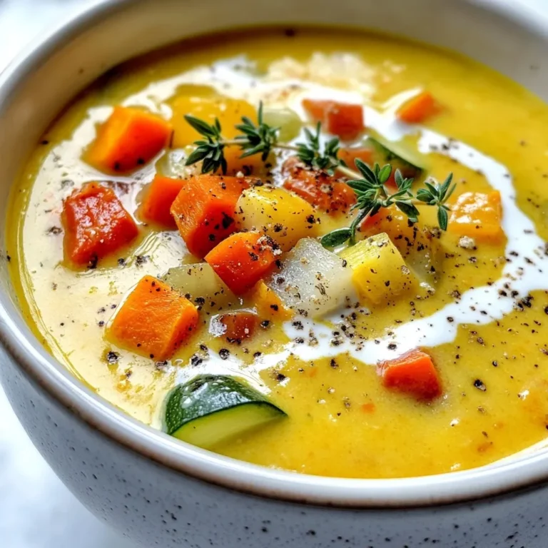 To make a rich and tasty creamy roasted vegetable soup, you need these main ingredients: - 2 medium carrots, chopped - 1 large zucchini, chopped - 1 red bell pepper, diced - 1 onion, quartered - 4 cloves garlic, unpeeled - 3 cups vegetable broth - 1 cup heavy cream (or coconut cream for a dairy-free option) - 2 tablespoons olive oil - 1 teaspoon dried thyme - Salt and pepper to taste - Fresh thyme sprigs for garnish Each vegetable adds its own flavor and texture to the soup. The carrots bring sweet notes, while the zucchini adds a fresh taste. The red bell pepper gives a slight tang, and the onion adds depth. Roasting these veggies makes them sweeter and enhances their flavors. You can make your soup even better with these tasty toppings: - Croutons - A drizzle of olive oil - Shredded cheese - Chopped fresh herbs These toppings add crunch and flavor. Croutons give texture, while a drizzle of olive oil enhances the taste. Fresh herbs like parsley or chives can brighten the dish. If you have dietary needs, you can easily change some ingredients. For a vegan option, swap heavy cream for coconut cream. You can use any vegetable broth to keep it plant-based. If you dislike any of the vegetables, try using sweet potatoes or broccoli instead. This recipe is flexible, so feel free to adjust based on what you like or have on hand. {{ingredient_image_1}} First, preheat your oven to 400°F (200°C). This step is key for roasting. While the oven warms up, gather your vegetables. You’ll need carrots, zucchini, red bell pepper, onion, and garlic. Chop the carrots and zucchini into even pieces. Dice the red bell pepper and quarter the onion. Leave the garlic unpeeled for roasting. This helps the garlic stay sweet and creamy. Next, take a large baking sheet. Spread out your chopped vegetables in a single layer. Drizzle the olive oil over them. Add salt, pepper, and dried thyme. Toss everything well to coat. This step brings out the flavors. Place the baking sheet in the oven. Roast the vegetables for 25-30 minutes. Stir them halfway through for even cooking. They should be tender and have a nice caramel color when done. Once your veggies are roasted, take them out of the oven. Let them cool for a few minutes. Squeeze the roasted garlic out of its skins and add it to a blender. Combine the roasted vegetables with the garlic. Pour in the vegetable broth. Blend until smooth. You may need to do this in batches if your blender is small. After blending, pour the soup into a large pot. Add the heavy cream and stir well. Heat the soup over medium heat for about 5-10 minutes. Stir occasionally to keep it from sticking. Taste the soup and add more salt or pepper if needed. Serve hot, garnished with fresh thyme sprigs for a lovely touch. Add herbs and spices to boost your soup's taste. I love using dried thyme, as it pairs well with roasted veggies. You can also try rosemary or oregano for a twist. Fresh herbs like basil or parsley add bright notes right before serving. A pinch of red pepper flakes brings warmth without overpowering the dish. You can control how creamy your soup is. For a lighter soup, use less heavy cream or replace it with coconut cream. If you want it richer, add more cream until you reach your desired texture. Blending the soup well gives it a smooth feel, so make sure to blend it thoroughly. Serve the soup hot in bowls, topped with fresh thyme sprigs. Crusty bread or garlic bread on the side makes a great addition. You can also add a drizzle of olive oil or a sprinkle of cheese for extra flavor. This soup is great for lunch or a cozy dinner. Enjoy! Pro Tips Roasting Tip: For even more flavor, add a sprinkle of smoked paprika or a dash of cayenne pepper to the vegetable mix before roasting. Blending Tip: If you prefer a chunkier texture, blend only half of the roasted vegetables and mix them back into the soup after blending. Garnish Tip: Add a drizzle of balsamic reduction on top when serving for a beautiful presentation and a tangy flavor twist. Storage Tip: This soup stores well in the refrigerator for up to 4 days. Reheat gently on the stove, adding a splash of broth if it thickens too much. {{image_2}} To make this soup dairy-free, swap heavy cream with coconut cream. This change keeps the soup rich but adds a lovely hint of coconut. You can also use unsweetened almond milk for a lighter version. Both options taste great and still give you that creamy texture. If you want to add protein, consider mixing in cooked lentils or chickpeas. They blend well and boost the soup's nutrition. You can also add shredded chicken or turkey for a heartier meal. Just make sure to warm any added protein before serving. Feel free to mix up the vegetables! Sweet potatoes or butternut squash add a nice sweetness. Broccoli or cauliflower can give a unique taste. Use any veggies you love or have on hand. Just remember to roast them until tender for the best flavor. To store your leftover creamy roasted vegetable soup, let it cool first. Pour it into an airtight container. Seal it tightly. You can keep it in the fridge for up to four days. Make sure to label the container with the date. This way, you know when it was made. If you want to save the soup for longer, freezing is a great option. Pour the cooled soup into freezer-safe bags or containers. Leave some space at the top, as soup expands when frozen. You can freeze it for about three months. When you are ready to use it, just thaw it in the fridge overnight. To reheat your creamy roasted vegetable soup, pour it into a pot. Heat it over medium heat. Stir it often to prevent sticking. You can add a splash of broth if it seems too thick. Heat until it is warm all the way through. If you prefer, you can also microwave it in a microwave-safe bowl. Just cover it loosely and heat in short bursts, stirring in between. Yes, you can use frozen vegetables. They save time and are easy to find. Just make sure to thaw them first. Drain any extra water before you roast them. This helps keep your soup thick and creamy. To spice up the soup, add red pepper flakes or a dash of hot sauce. You can also mix in chopped jalapeños for a fresh kick. If you like, toss in a pinch of cayenne pepper while blending. Start with a little, then taste to see if you want more heat. This soup lasts about 3 to 4 days in the fridge. Store it in an airtight container to keep it fresh. If you want it to last longer, you can freeze it. Just thaw and reheat when you're ready to enjoy it again. Creamy Roasted Vegetable Soup is a tasty and easy dish to make. You start with simple ingredients, roast your veggies, blend, and enjoy. Adding herbs can boost flavor, while toppings can make it even better. You can even make it dairy-free or add protein for a twist. Remember to store leftovers safely for later meals. In the end, this soup is full of warmth and comfort, perfect for any day. Enjoy making it your own with flavors you love.