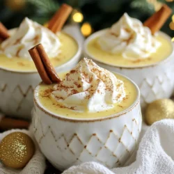 - 4 cups whole milk - 2 cups heavy cream - 1 cup granulated sugar - 4 large eggs - 1 tablespoon vanilla extract - 1 teaspoon ground nutmeg - 1 teaspoon ground cinnamon - 1 cup brewed chai tea, cooled - Whipped cream for garnish - Cinnamon sticks for garnish - Nutmeg sprinkle for garnish To make this party eggnog punch, gather these fresh ingredients. Whole milk and heavy cream give it a rich, creamy base. Granulated sugar adds sweetness. You need four large eggs for a smooth texture. A tablespoon of vanilla extract enhances the flavor. Ground nutmeg and cinnamon add warmth and spice. Next, brew a cup of chai tea and let it cool. This unique twist brings in depth and flavor. Finally, whipped cream, cinnamon sticks, and nutmeg serve as lovely garnishes. These touches make your punch look festive and inviting. When you have everything ready, you're set to create a delightful eggnog punch that will impress your guests! {{ingredient_image_1}} - Combining sugar and eggs In a large mixing bowl, add the granulated sugar and eggs. Whisk them together well. You want the mix to look pale and creamy. This step is key for a smooth drink. - Adding milk and cream to the egg mixture Next, pour in the whole milk and heavy cream. Keep whisking as you add them. This helps blend everything into a rich and creamy base for your eggnog. - Incorporating spices and tea Now, stir in the vanilla extract, ground nutmeg, and ground cinnamon. Mix until all the spices are evenly spread. Then, slowly add the cooled chai tea. Taste it and add more sugar if you want it sweeter. - Chilling the mixture Cover the bowl and place it in the fridge. Chill the eggnog punch for at least 2 hours. This lets the flavors come together nicely. - Pouring into a punch bowl When you're ready to serve, stir the punch again. Pour it into a large punch bowl. This makes it easy for guests to serve themselves. - Serving suggestions with garnishes Ladle the eggnog punch into individual glasses. Top each glass with a dollop of whipped cream. Add a cinnamon stick and a sprinkle of nutmeg on top. This adds a festive touch and makes it look nice! To make your eggnog punch taste even better, you can adjust the sweetness. If you like it sweeter, add more sugar a little at a time. Taste as you go. For spices, I recommend using ground nutmeg and ground cinnamon. These spices really boost the flavor and give it a warm feel. You can also try adding a pinch of ground ginger or allspice for a unique twist. Choosing the right glassware can make your punch feel special. Clear glasses show off the creamy color of your eggnog. You can use festive cups or even mason jars for a fun look. For a great presentation, fill a large punch bowl. Add ice cubes to keep it cold. Ladle the punch into glasses, and top each with a dollop of whipped cream. A cinnamon stick and a sprinkle of nutmeg are great garnishes. They not only look nice but also add extra flavor. Pro Tips Use Fresh Spices: Freshly ground nutmeg and cinnamon will provide a more vibrant flavor compared to pre-ground versions. Chill Thoroughly: Allow the eggnog punch to chill for at least 2 hours to enhance the flavors and ensure a refreshing drink. Sweetness Adjustment: Taste the mixture before chilling; you can adjust the sweetness by adding more sugar if desired. Garnish Creatively: Experiment with garnishes like chocolate shavings or whipped cream flavored with vanilla for an extra special touch. {{image_2}} You can easily swap out the base of your eggnog punch. Non-dairy milk options work great. Almond milk, coconut milk, or oat milk add unique flavors. Each choice offers a different taste and texture. You can also try different spice blends. Instead of nutmeg and cinnamon, use cardamom or allspice. These spices can give a fun twist to your punch. If you want an adult version, adding rum or bourbon is perfect. These spirits enhance the richness of the punch. Start with one cup of alcohol and adjust to your taste. More alcohol will make it stronger, so keep that in mind. Mix well to ensure the alcohol blends in smoothly. Always remember to enjoy responsibly and know your guests' preferences. After you make your eggnog punch, it stays fresh for up to 3 days in the fridge. To keep it tasty, store it in an airtight container. This helps prevent any odors from mixing in. If you don't have a punch bowl with a lid, use a large jar or pitcher. You can freeze eggnog punch, but it may change in texture. To freeze it, pour the punch into freezer-safe containers, leaving space for expansion. When you’re ready to enjoy it again, thaw it in the fridge overnight. Stir well before serving, as the ingredients may separate. Is it safe to consume raw eggs? Yes, it can be safe if you use fresh eggs. Some people worry about salmonella. To reduce risk, use pasteurized eggs or cook the mixture slightly. Can I make this ahead of time? Absolutely! This punch tastes even better after chilling. Make it a few hours or a day before your event. Just give it a stir before serving. What can I use as a garnish? You have fun options for garnishing! Use whipped cream, a sprinkle of nutmeg, or cinnamon sticks. They add flavor and look great in the glass. How to make eggnog from scratch? Start with eggs, sugar, milk, and cream. Whisk them well, add spices, and chill. Follow the same steps as in this punch recipe for a rich drink. What is the best way to serve eggnog? Serve it cold in festive glasses. Add garnishes for a nice touch. A punch bowl is great for parties, letting guests serve themselves. Can I use powdered egg substitutes? Yes, you can! Follow the package instructions to replace eggs. The flavor may change slightly, but it will still be tasty. This recipe for Eggnog Punch is easy and fun. You learned about key ingredients, steps, and serving tips. I shared ways to tweak flavors and suggested ideas for presentation. You can even explore dairy-free options and an alcoholic twist. Remember to store your punch correctly for freshness. With this guide, you can impress at your next gathering. Enjoy your creamy, spiced drink, and let each sip warm your holiday spirit.