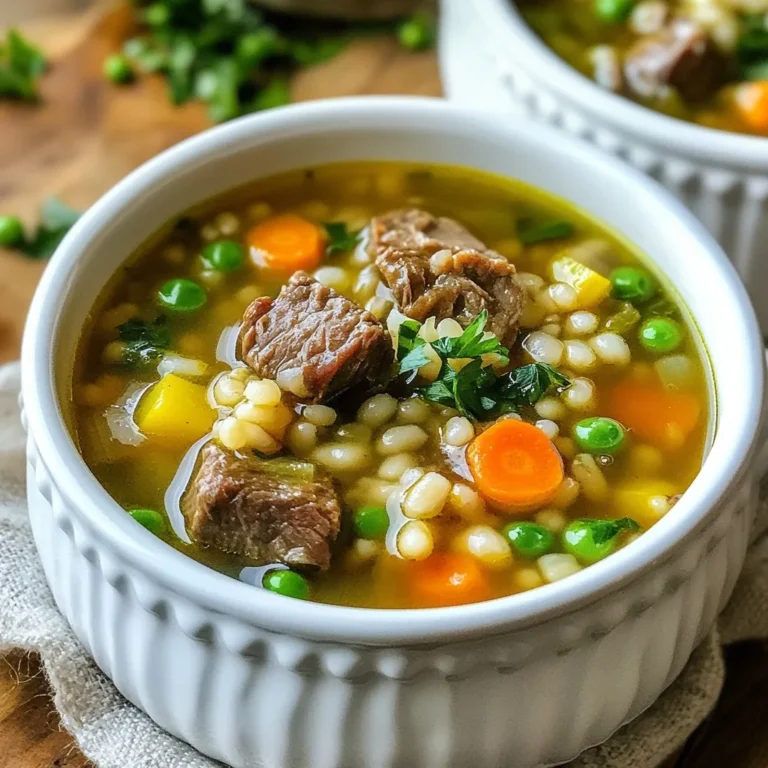 To make a great Scotch broth, you need these main ingredients: - 1 pound lamb shanks or beef stew meat, cut into chunks - 6 cups water or vegetable broth - 1 cup pearl barley, rinsed - 2 large carrots, diced - 2 stalks celery, diced - 1 large onion, finely chopped - 1 parsnip, peeled and diced - 1 bay leaf - 2 teaspoons dried thyme - Salt and pepper to taste - 1 cup frozen peas - Fresh parsley, chopped for garnish These ingredients work together to create a rich and hearty flavor. The meat gives depth, while the pearl barley adds a nice chew. The vegetables bring color and nutrients. You can add a few optional ingredients for extra flavor: - 1 clove garlic, minced - 1 teaspoon Worcestershire sauce - 1 tablespoon tomato paste These extras can enhance the taste. Garlic adds a nice kick, and Worcestershire sauce gives a savory touch. Tomato paste adds sweetness and body to the broth. When you serve Scotch broth, consider these tasty accompaniments: - Crusty bread for dipping - A side salad for freshness - Shredded cheese for richness Crusty bread soaks up the broth well. A side salad adds a crunchy contrast. Shredded cheese on top can melt into the hot soup, making each bite creamy. Enjoy your comforting meal! {{ingredient_image_1}} Start by choosing your meat. You can use lamb shanks or beef stew meat. Cut the meat into chunks. In a large pot, brown the meat over medium-high heat. Cook until it is brown on all sides. This step adds flavor to your broth. Once browned, take the meat out and set it aside. Next, chop your vegetables. Dice two large carrots, two stalks of celery, and one large onion. Peel and dice one parsnip. These veggies will add sweetness and texture to the broth. Now, let’s bring it all together. In the same pot, add the chopped onions, carrots, parsnip, and celery. Sauté the vegetables for about five to seven minutes. You want them to soften without browning. Then, return the meat to the pot. Add one cup of rinsed pearl barley. Pour in six cups of water or vegetable broth. This liquid makes the base of your soup. Next, it's time to season. Add one bay leaf, two teaspoons of dried thyme, and salt and pepper to taste. Stir everything well. Bring the mixture to a boil. Once it boils, reduce the heat to low and cover the pot. Let it simmer for about one and a half to two hours. This slow cooking makes the meat tender and the barley fluffy. Stir occasionally to check the liquid level. Add more broth or water if needed. After cooking, take the meat out of the pot. Shred it using two forks, discarding any bones and fat. Put the shredded meat back into the pot. Next, stir in one cup of frozen peas. Let it simmer for another ten minutes. Taste the broth and adjust the seasoning if needed. Once done, remove it from heat and let it cool slightly. Serve the broth in deep bowls. Top with chopped parsley for a fresh look. Pair it with crusty bread for a warm and hearty meal. To get rich flavor in your Scotch broth, use good meat. Lamb shanks give a deep taste. Beef also works well if you prefer. Next, don’t skip browning the meat. This step adds wonderful color and taste. When cooking the vegetables, make sure they soften. That sweetness will balance the broth. Use fresh herbs when possible. Dried herbs are fine, but fresh herbs bring more life to your dish. One common mistake is rushing the cooking time. Scotch broth needs time to develop flavor. Aim for at least 1.5 hours of simmering. Also, avoid adding too much salt at first. You can always add more later, but it’s hard to fix if it’s too salty. Lastly, don’t forget to stir occasionally. This helps prevent sticking and ensures even cooking. If your broth is too thick, just add more broth or water. Stir well and let it simmer a bit longer. If it’s too thin, let it cook uncovered for a while. You can also add more pearl barley if you want it thicker. For flavor, taste as you go. If it needs a kick, add a bit of pepper or a splash of vinegar. This can brighten the dish and enhance the taste. Pro Tips Choose Quality Meat: Opt for grass-fed lamb or beef for richer flavor and tenderness. Soak Barley: Soaking pearl barley for a few hours before cooking can reduce cooking time and improve texture. Flavor Boost: For an extra depth of flavor, add a splash of red wine or Worcestershire sauce while simmering. Store Properly: This broth can be stored in the fridge for up to 3 days or frozen for up to 3 months. Reheat gently. {{image_2}} You can make a tasty vegetarian or vegan version of Scotch broth. Start by skipping the meat. Use a mix of hearty vegetables like mushrooms, carrots, and potatoes. Substitute vegetable broth for water. Add beans or lentils for protein. Pearl barley remains a great base. This version is still filling and rich in flavor. Scotch broth is flexible. You can swap lamb shanks for beef stew meat. Other meats like chicken or turkey work well too. For a richer taste, use smoked meats like ham or bacon. Mix in different vegetables like sweet potatoes or turnips for a twist. Just remember to adjust your cooking time based on the meat you choose. Different cultures have their own takes on broth. You can add spices like cumin for a Middle Eastern flavor. Try adding ginger and soy sauce for an Asian flair. You can also toss in Italian herbs like oregano or basil. Each twist brings a new life to the classic Scotch broth. Experiment with flavors and find your favorite! After enjoying your Scotch broth, let it cool first. Use a clean container to store it. Make sure the container is airtight. This helps keep it fresh. Place it in the fridge. Your broth will stay good for about three days. If you want to keep it longer, freezing is a great option. To freeze Scotch broth, use freezer-safe containers. Leave some space at the top. This allows the broth to expand as it freezes. You can freeze it for up to three months. When you want to eat it, move it to the fridge a day before. This helps it thaw slowly. You can also use the microwave for quick thawing, but do it carefully. When reheating, do so gently. Pour the broth into a pot and heat on low. Stir it often to avoid burning. If the broth is too thick, add some water or broth. Heat it until it reaches the right temperature. Always taste before serving to adjust the seasoning. Enjoy your comforting meal again! Scotch broth is a thick, hearty soup from Scotland. It combines meat, vegetables, and pearl barley. Traditionally, lamb shanks or beef stew meat is used for rich flavor. The barley adds a nice texture and helps thicken the soup. This dish warms you up and makes a filling meal. Yes, you can make Scotch broth in a slow cooker. Brown the meat first on the stove. Then, add all the ingredients to the slow cooker. Set it on low for about 6 to 8 hours. This method lets the flavors blend nicely. Scotch broth stands out due to its use of pearl barley. Most soups use rice or pasta. The combination of meat and barley makes it more filling. Plus, the slow cooking process brings out deep flavors. Scotch broth lasts about 3 to 4 days in the fridge. Make sure to store it in an airtight container. If you want it to last longer, consider freezing it. If you don’t have pearl barley, you can use quinoa or farro. Both options add a nice texture to the broth. You can also use rice, but it will change the flavor a bit. Scotch broth is a warm and comforting dish. We talked about its main and optional ingredients, and how to prep them. I detailed the cooking steps to help you make a rich broth. You learned tips for great flavor and common mistakes to avoid. Variations let you customize the dish, including vegan options. Finally, I covered how to store and reheat your broth. Enjoy experimenting with your own version of Scotch broth. It's a dish full of tradition and flavor.