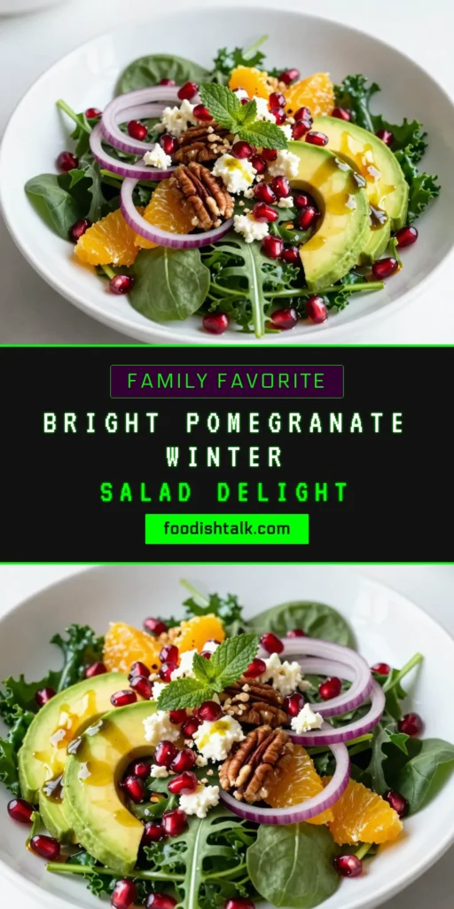Discover the delicious Pomegranate Winter Salad, a festive mixed greens salad recipe that combines the sweetness of pomegranate seeds, refreshing oranges, and creamy avocado. This healthy salad with feta is perfect for any winter gathering. Impress your guests with this vibrant avocado and orange salad that takes just 15 minutes to prepare! Save this recipe to brighten up your holiday meals! #PomegranateSalad #HealthySalad #MixedGreens #FestiveRecipes