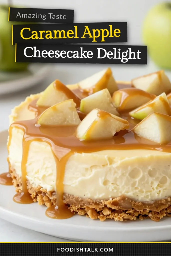 Indulge in this delicious caramel apple cheesecake recipe that combines the creamy richness of cheesecake with sweet, tart apples and a luscious caramel sauce. Learn how to make caramel cheesecake in just a few easy steps with this simple, easy cheesecake recipe. Perfect for fall gatherings, this creamy cheesecake with caramel is sure to impress! Save this apple dessert recipe for your next treat! #CaramelAppleCheesecake #CheesecakeRecipe #AppleDesserts #DessertIdeas