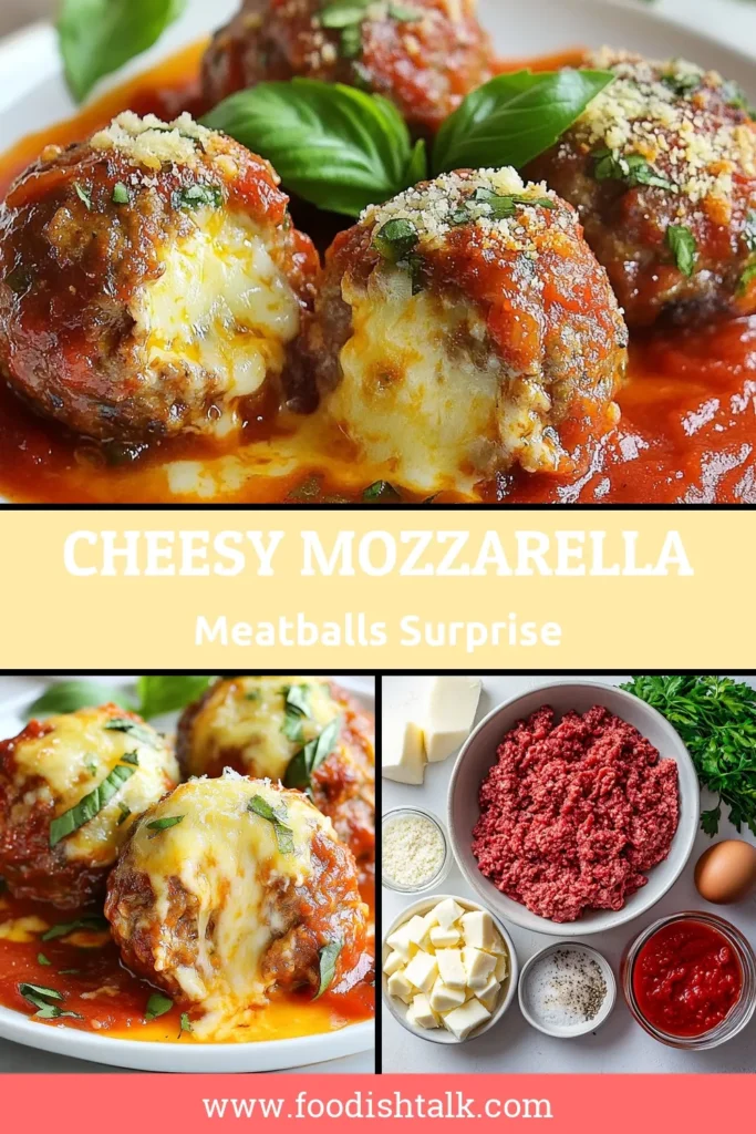 Indulge in these cheesy stuffed meatballs that bring together the best of flavors! This mozzarella meatballs recipe features juicy beef and pork, all wrapped around gooey cheese and baked to perfection. Perfect for a family dinner, these baked meatballs with marinara are an easy meatball recipe that will impress everyone. Save this recipe for a delicious meal your loved ones will crave! #CheesyStuffedMeatballs #EasyMeatballRecipe #MozzarellaMeatballs #BakedMeatballsWithMarinara