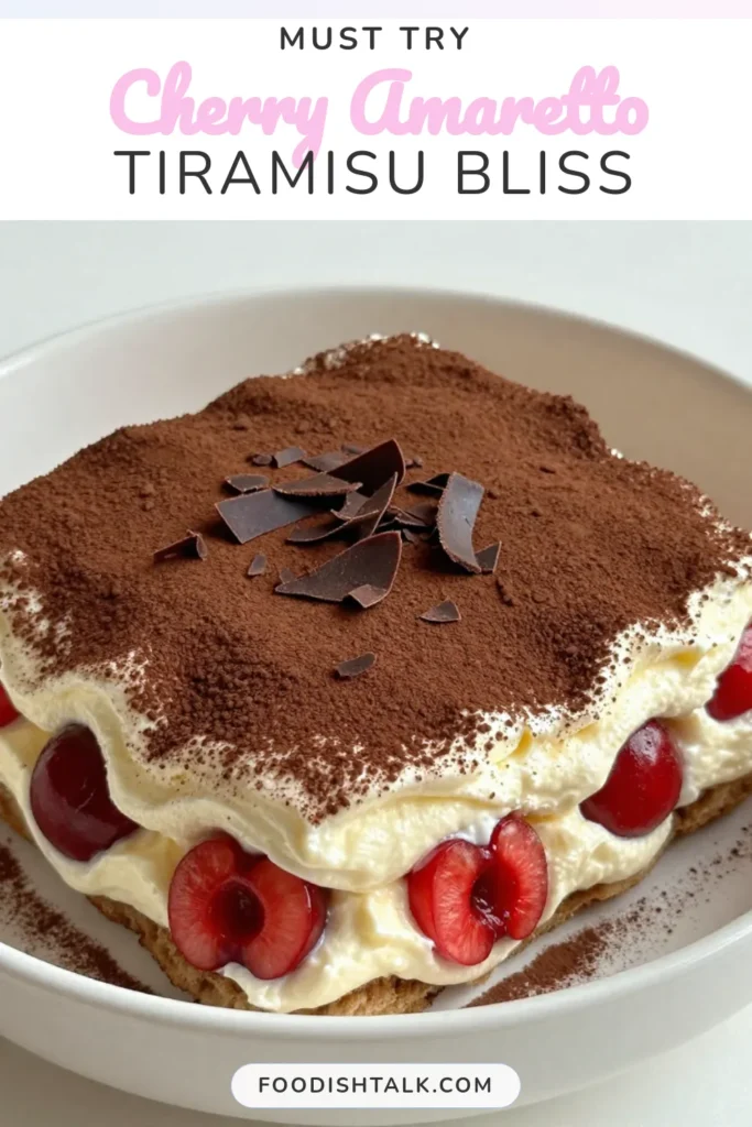 Indulge in a delightful Cherry Amaretto Tiramisu that transforms traditional tiramisu with cherries into a no-alcohol dessert masterpiece. This easy tiramisu recipe with cherries features creamy mascarpone, fluffy whipped cream, and crunchy ladyfinger cookies for a heavenly treat. Perfect for gatherings or special occasions, this ladyfinger dessert recipe will impress everyone. Try it today and taste the magic! Save for later! #TiramisuRecipe #CherryDesserts #MascarponeDesserts #NoAlcoholDesserts