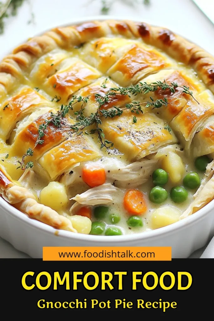 Discover the ultimate comfort food with this Gnocchi Chicken Pot Pie! This easy chicken pot pie recipe combines tender gnocchi, shredded chicken, and a creamy sauce for a delicious twist on a classic dish. Perfect for cozy nights, this creamy gnocchi dish is a delightful chicken and gnocchi casserole that everyone will love. Try it today and enjoy a hearty meal! Save this recipe for your next dinner! #GnocchiChickenPotPie #ComfortFoodRecipes #EasyChickenPotPieRecipe #ChickenAndGnocchiCasserole