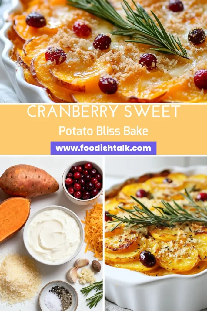 Looking for a unique addition to your holiday table? Try this irresistible sweet potato cranberry gratin! Perfect for Thanksgiving side dishes, this creamy sweet potato recipe features layers of tender sweet potatoes, tart cranberries, and delicious cheeses. It's a must-have for your holiday vegetable casseroles and baked sweet potato recipes. Save and share this delightful dish with family and friends! #SweetPotatoCranberryGratin #ThanksgivingRecipes #HolidaySideDish #ComfortFood