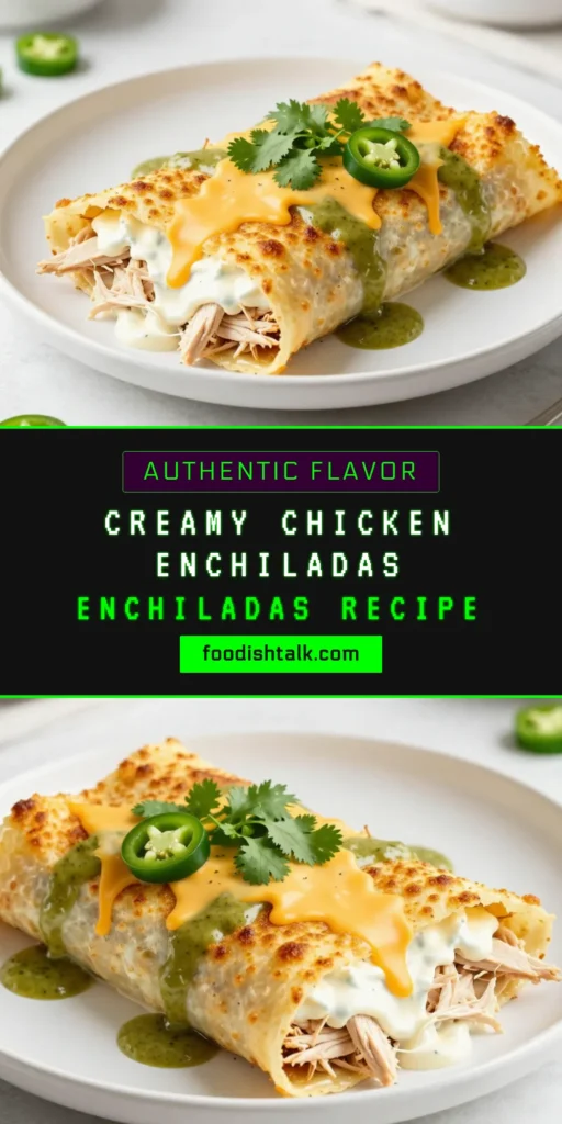 Discover the ultimate creamy white chicken enchiladas that are as easy to make as they are delicious! This chicken enchiladas recipe features soft tortillas filled with a delightful mixture of shredded chicken, cream cheese, and Monterey Jack cheese topped with a homemade green enchilada sauce. Perfect for any night of the week, these easy enchiladas with cream cheese will be a family favorite. Try this Monterey Jack cheese enchiladas recipe today! #ChickenEnchiladas #EasyDinner #MexicanFood #ComfortFood