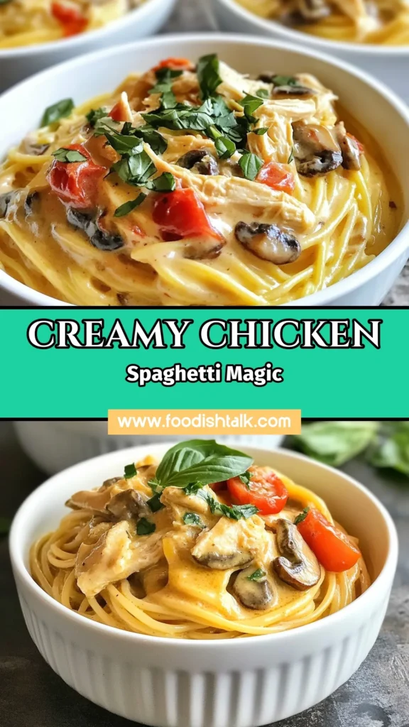 Indulge in our Creamy Crockpot Chicken Spaghetti, an easy pasta recipe perfect for busy nights! This creamy chicken spaghetti recipe combines tender chicken, rich cream of mushroom soup, and flavorful Italian spices cooked effortlessly in your slow cooker. Ideal for a comforting chicken dinner, it's a family favorite everyone will love. Check out the recipe now and save for later! #CrockpotChickenSpaghetti #CreamyChickenSpaghetti #EasyPastaRecipes #SlowCookerDinner