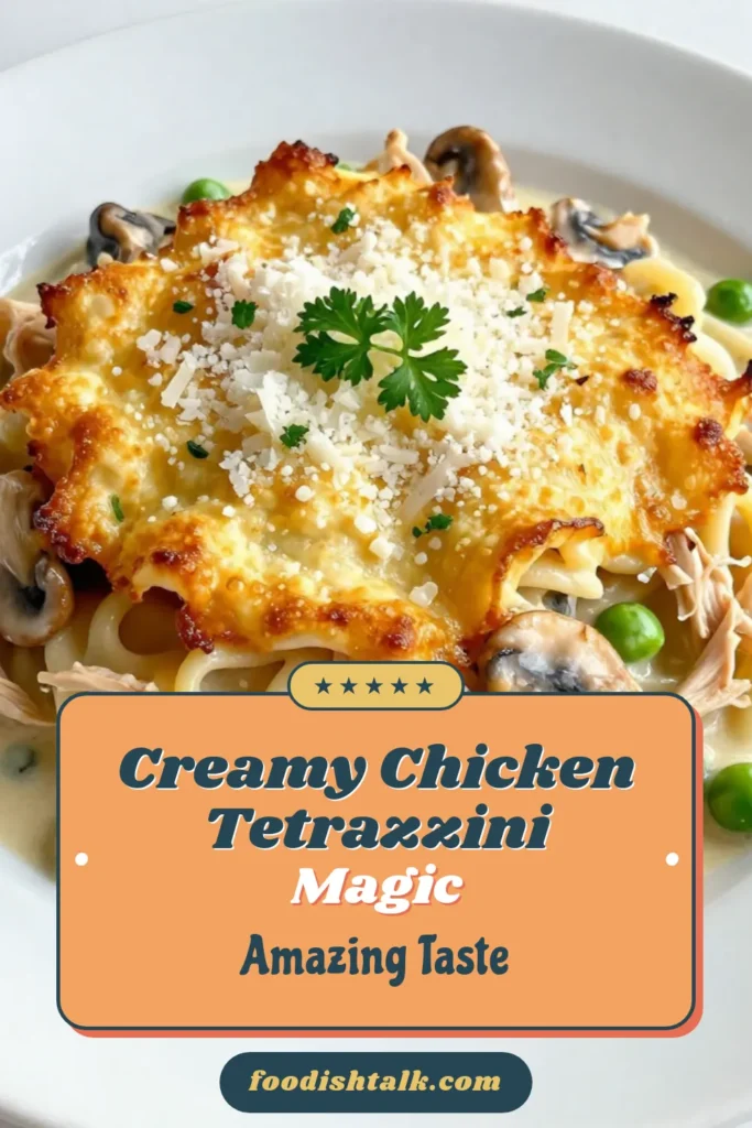 Indulge in this Creamy Chicken Tetrazzini Bake, a perfect Easy Chicken Pasta Bake that will become a family favorite. Filled with tender chicken, pasta, and a rich creamy sauce, this Comfort Food Recipe is ideal for quick weeknight dinners. With simple ingredients and easy steps, you'll have a delicious Baked Pasta with Chicken ready in no time. Try it today and savor every bite! Save this recipe for later! #CreamyChickenTetrazzini #ChickenTetrazziniBake #ComfortFood #BakedPastaWithChicken