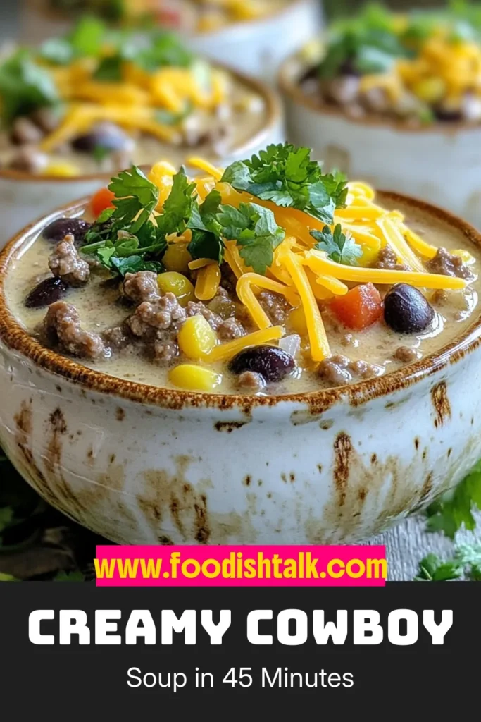 Indulge in this Creamy Cowboy Soup, a hearty ground beef soup recipe that's perfect for cozy nights. This easy cowboy soup combines fresh veggies, black beans, and corn, topped with melted cheese for a comforting creamy soup experience. Quick to make, this dish will warm your soul and satisfy the whole family. Try it tonight and save for later! #CreamyCowboySoup #GroundBeefSoup #HeartySoup #ComfortFood