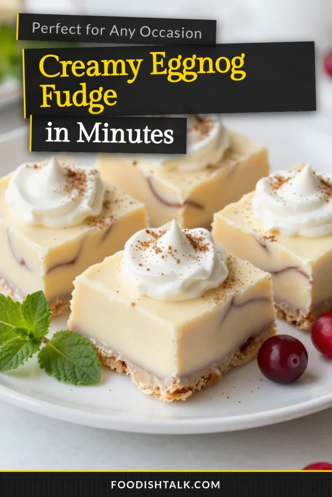 Indulge in the holiday spirit with this creamy eggnog fudge recipe! This easy eggnog dessert brings together luscious white chocolate fudge and rich eggnog flavor, making it the perfect Christmas treat. With just a few simple ingredients, you can whip up a batch of this delightful holiday fudge in minutes. Don't forget to save this recipe for your festive gatherings! #CreamyEggnogFudge #HolidayFudgeRecipe #ChristmasTreats #EasyEggnogDessert