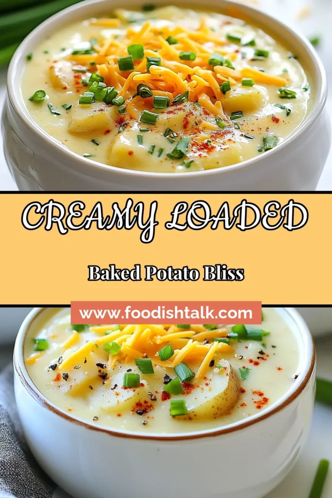 Warm up with this creamy baked potato soup that’s sure to become a family favorite! This loaded baked potato soup recipe combines hearty russet potatoes, rich cream, and flavorful toppings like cheddar cheese and green onions, making it the ultimate comfort food soup recipe. Perfect for a cozy dinner, this easy potato soup is vegetarian-friendly. Try it today and save for later! #BakedPotatoSoup #ComfortFood #EasySoup #VegetarianRecipes