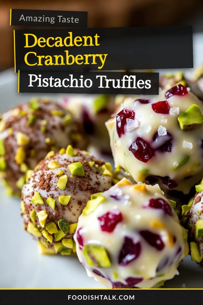 Indulge in the festive flavors of these Cranberry Pistachio White Chocolate Truffles! This easy chocolate truffle recipe combines white chocolate, tart cranberries, and crunchy pistachios for a delightful holiday dessert. Perfect for gifting or serving at gatherings, these homemade truffles with cranberries are a treat everyone will love. Save this white chocolate truffle recipe for your holiday baking! #CranberryPistachioTruffles #HolidayDessertRecipes #EasyChocolateTruffles #HomemadeTrufflesWithCranberries