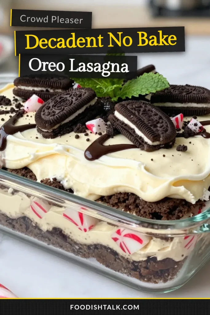 Delight your holiday gatherings with this No-Bake Oreo Lasagna! It's one of the best Christmas dessert recipes, combining easy Oreo recipes with festive flavors like peppermint. This creamy, layered dessert is perfect for anyone who loves no-bake treats. Quick to prepare and sure to impress, it's a must-try this season. Don't forget to save this recipe for your next Christmas party! #NoBakeOreoLasagna #ChristmasDessertRecipes #EasyOreoRecipes #FestiveNoBakeDesserts
