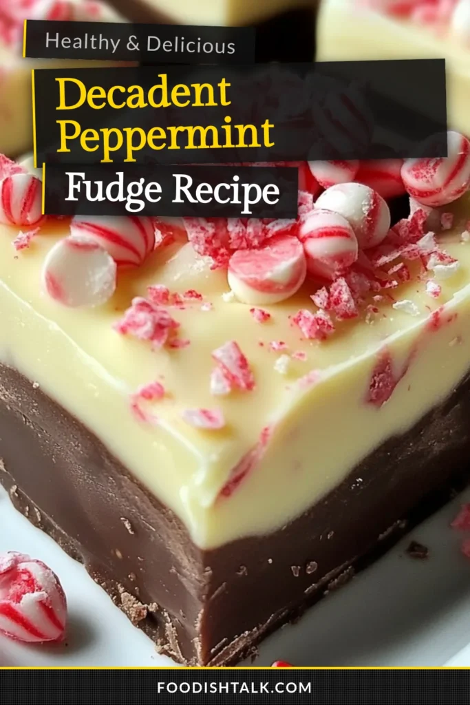 Indulge in the festive spirit with this easy peppermint fudge recipe! Perfect for holiday treats, this no-bake fudge recipe combines rich chocolate and refreshing peppermint for a delicious Christmas fudge dessert. In just 15 minutes of prep, you can create 16 delightful squares to share or enjoy yourself. Don’t miss out on this must-try holiday favorite! Save this recipe now and impress your guests! #PeppermintFudge #HolidayRecipes #ChristmasDesserts #NoBakeFudge