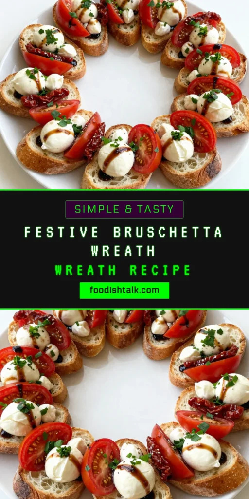 Delight your guests with this stunning Christmas bruschetta wreath, an easy Christmas recipe that’s perfect for holiday party snacks! This festive appetizer features fresh mozzarella, cherry tomatoes, and basil, beautifully arranged to create an eye-catching display. Perfect for gatherings, this Christmas bruschetta recipe is sure to impress. Try it at your next celebration and watch it disappear! Save this recipe now! #ChristmasAppetizers #HolidaySnacks #BruschettaWreath #EasyRecipes