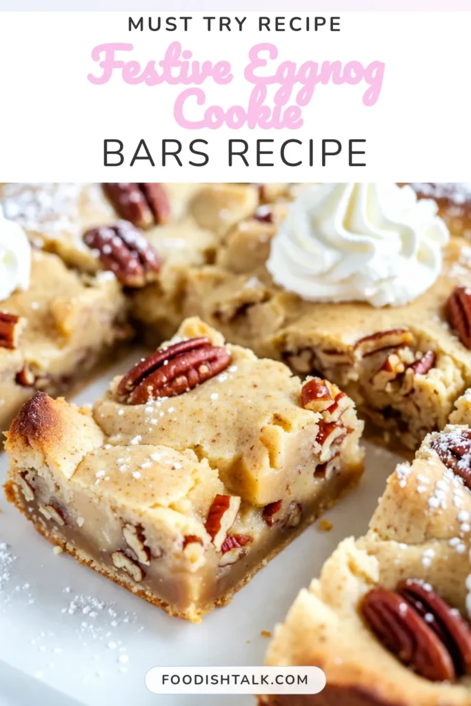 Indulge in these delicious Eggnog Cookie Bars, the perfect addition to your holiday dessert recipes! These festive cookie bars are easy to make, combining the creamy goodness of eggnog with warm spices for a delightful treat. Ideal for Christmas celebrations, these eggnog cookie bars will impress your guests and satisfy your sweet tooth. Get baking and elevate your holiday festivities with this easy eggnog recipe! #EggnogCookieBars #HolidayDessertRecipes #FestiveCookieBars #ChristmasCookieBars